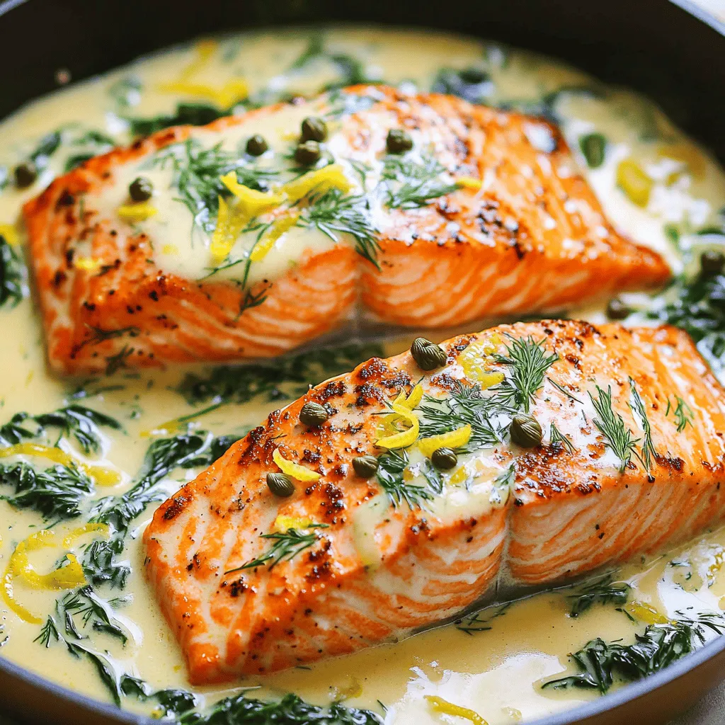 - 4 salmon fillets (approximately 6 oz each, skin on or off) - 1 tablespoon olive oil - Salt and freshly ground black pepper, to taste - 1 small onion, finely chopped - 2 cloves garlic, minced - 1 cup heavy cream (or a creamy alternative) - Zest of 1 lemon - 2 tablespoons fresh lemon juice (about 1 lemon) - 2 tablespoons fresh dill, finely chopped (plus extra for garnish) - 1 teaspoon Dijon mustard - 1 tablespoon capers, rinsed and drained - 1 cup baby spinach (optional, for added nutrition) For this recipe, you need fresh salmon fillets. They are the star of the dish and should be about 6 ounces each. You can keep the skin on or take it off, depending on your taste. Olive oil helps cook the salmon and adds great flavor. You will also need a small onion and two cloves of garlic. These create a lovely base for your sauce. Heavy cream gives the dish its creamy texture. If you want a lighter option, you can use a creamy alternative instead. Lemon zest and juice bring a bright flavor. Fresh dill adds a nice herbal touch. Don't forget the Dijon mustard and capers; they enhance the sauce. Lastly, baby spinach is optional but adds color and nutrition to your meal. Gather these ingredients, and you're ready to make a delicious Creamy Lemon Dill Salmon Skillet! - Heat 1 tablespoon of olive oil in a large skillet over medium-high heat. Wait until the oil shimmers. - While the oil heats, season 4 salmon fillets with salt and pepper on both sides. This adds flavor and enhances the taste. - Once the oil is hot, add the salmon fillets, skin side down if applicable. Cook for 4-5 minutes without moving them. The skin will get crispy, and the fillets will cook halfway. - Carefully flip the salmon and cook for an additional 3-4 minutes. The salmon is done when it reaches 145°F (63°C) internally. Remove the salmon and keep it warm on a plate. - In the same skillet, add 1 small finely chopped onion. Sauté for 2-3 minutes. The onion should become soft and translucent. - Next, add 2 cloves of minced garlic. Cook for an extra minute until the garlic smells fragrant. Avoid browning the garlic to keep the flavor fresh. - Lower the heat to medium. Pour in 1 cup of heavy cream. Then add the zest of 1 lemon, 2 tablespoons of fresh lemon juice, 2 tablespoons of chopped dill, 1 teaspoon of Dijon mustard, and 1 tablespoon of capers. Stir to mix everything well. - Let the sauce simmer for 3-4 minutes. This helps thicken it, which makes it rich and creamy. - If you want to add nutrition, toss in 1 cup of baby spinach. Stir gently until it wilts. This should take about 1-2 minutes. - Return the salmon fillets to the skillet. Spoon the creamy sauce over the top and let it warm for 1 minute. Be careful not to overcook the salmon. - Take the skillet off the heat. For a fresh touch, sprinkle extra dill on top as a garnish. - Serve the salmon hot, alongside your favorite side dishes like rice or pasta to soak up the sauce. Enjoy your meal! To get great salmon, aim for an internal temperature of 145°F (63°C). Use a meat thermometer for accuracy. Cook the salmon until it is opaque and flakes easily with a fork. For crispy skin, start with the skin side down. Don't move it too soon; let it cook for 4-5 minutes before flipping. This helps the skin crisp up nicely. Want to boost flavor? Try adding fresh herbs like parsley or basil. You can also sprinkle in some red pepper flakes for heat. If you want a lighter dish, swap heavy cream for Greek yogurt or coconut cream. These options still give a nice creamy texture. Serve your salmon with sides that complement its flavor. Roasted asparagus or a fresh salad works well. For a filling option, serve it over rice or pasta. To make your dish pop, use a bright plate and add extra dill on top for garnish. This adds both color and a fresh touch to your meal. {{image_4}} You can switch up the salmon for other proteins. Try using white fish like cod or halibut. These fish have a mild taste and cook well in this creamy sauce. If you prefer chicken, use boneless, skinless chicken breasts. Cook them until golden brown and juicy, just like the salmon. If you want a dairy-free dish, you have options. Use coconut cream or cashew cream instead of heavy cream. Both options create a rich texture without dairy. Almond milk or oat milk can also work, but add a little cornstarch to thicken the sauce. You can play with the flavors of this dish easily. Swap lemon for lime or orange for a different twist. Fresh herbs like basil or parsley can add new layers of taste. Each change can bring a fresh feel to your creamy lemon dill salmon skillet. You can store leftover creamy lemon dill salmon in the fridge for up to three days. Make sure to place it in an airtight container. This keeps the salmon fresh and tasty. To reheat the salmon without drying it out, use the stove or microwave. If using the stove, place the salmon in a skillet over low heat. Add a splash of water or broth to keep it moist. Heat for about 5 minutes, flipping gently. In the microwave, cover the salmon with a damp paper towel. Heat for about 30 seconds, then check if it’s warm. Yes, this dish can be frozen. To freeze, let the salmon cool completely. Then, wrap each portion tightly in plastic wrap. Place the wrapped salmon in a freezer bag. It can last up to three months in the freezer. When ready to eat, thaw it in the fridge overnight, then reheat using the tips above. To check if the salmon is done, use a meat thermometer. The internal temperature should reach 145°F (63°C). If you do not have a thermometer, look for these signs: the salmon should be opaque and flake easily with a fork. The flesh should not be raw or translucent. Yes, you can prepare some parts ahead. Cook the salmon and make the sauce separately. Store both in airtight containers in the fridge. When ready to serve, simply reheat each part gently. This keeps the salmon moist and the sauce creamy. This dish pairs well with many sides. Here are some popular options: - Rice or quinoa for a hearty base - Steamed vegetables for freshness - Mashed potatoes for comfort - A light salad for a crisp bite Choose what you enjoy most! Yes, you can make this dish without cream. Use Greek yogurt or coconut milk as a creamy alternative. Both options will still give you that rich texture. Adjust the seasoning as needed to keep the flavor bright and zesty. This dish offers a fun way to cook salmon with cream, lemon, and dill. You learned about ingredients, cooking steps, and some great tips. Always check your salmon's temperature and try different flavors. Remember, whether you choose to switch proteins or try dairy-free options, this recipe stays flexible. Enjoy your creamy lemon dill salmon and impress your friends at the dinner table. Happy cooking!
