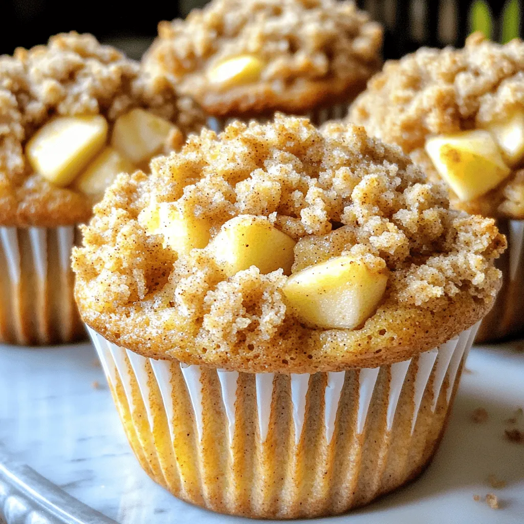 - 2 cups all-purpose flour - 1 cup granulated sugar - 2 teaspoons baking powder - 1 teaspoon baking soda - 1 teaspoon ground cinnamon - ½ teaspoon salt - ½ cup unsalted butter, melted - 1 cup buttermilk (or homemade substitute) - 2 large eggs - 2 cups diced apples (preferably Granny Smith or Honeycrisp) - ½ cup brown sugar - ½ cup rolled oats - ¼ cup all-purpose flour (for crumb topping) - 1 teaspoon ground cinnamon (for crumb topping) When I make these muffins, I always choose Granny Smith or Honeycrisp apples. These apples add the right balance of sweetness and tartness. You can also use other apples, but these are my favorites. For the dry mix, combine flour, sugar, baking powder, baking soda, and spices. This blend creates a rich base. The salt enhances the flavors, making each bite pop. I like to melt the butter before adding it to the wet mix. This step helps combine the butter easily with buttermilk and eggs. Buttermilk gives the muffins a nice tang. If you don't have buttermilk, you can make a quick substitute. Just add one tablespoon of vinegar to one cup of milk, stir, and let it sit for five minutes. The crumb topping is what makes these muffins special. The oats add a nice crunch, while the brown sugar gives it a sweet touch. Mixing in a bit of cinnamon makes it even more flavorful. Gathering these ingredients will set you up for muffin success. 1. Preheat your oven to 375°F (190°C). This ensures the muffins bake evenly. 2. Prepare a muffin tin by lining it with paper liners or greasing it with cooking spray. This will help prevent sticking. 3. In a large bowl, combine 2 cups of all-purpose flour, 1 cup of granulated sugar, 2 teaspoons of baking powder, 1 teaspoon of baking soda, 1 teaspoon of ground cinnamon, and ½ teaspoon of salt. Whisk these dry ingredients well until they are smooth and lump-free. 1. In a separate bowl, blend ½ cup of melted unsalted butter, 1 cup of buttermilk, and 2 large eggs. Whisk these until the mixture is smooth and creamy. This will add moisture to your muffins. 1. Gradually pour the wet mixture into the dry ingredients. Gently stir with a spatula until just combined. It is vital not to overmix to keep the muffins fluffy. 2. Carefully fold in 2 cups of peeled and diced apples, like Granny Smith or Honeycrisp. Make sure the apples are evenly spread throughout the batter. 3. For the crumb topping, mix ½ cup of brown sugar, ½ cup of rolled oats, ¼ cup of all-purpose flour, and 1 teaspoon of ground cinnamon in a small bowl. 4. Drizzle a few tablespoons of melted butter into the crumb mixture. Stir until it looks like coarse crumbs. 5. Fill each muffin cup about three-quarters full with batter. This gives them room to rise. Generously sprinkle the crumb topping on each muffin. 6. Bake in the oven for 20-25 minutes. They are ready when a toothpick comes out clean or with a few crumbs. 7. Once baked, let the muffins cool in the pan for 5 minutes. Then transfer them to a wire rack to cool completely. To get fluffy muffins, avoid overmixing. When you mix too much, the muffins can turn tough. Stir just until the dry ingredients blend with the wet ones. The goal is to see some lumps. To create a moist muffin, use buttermilk. It adds richness and helps keep the muffins soft. Also, pick juicy apples like Granny Smith or Honeycrisp. They add moisture and flavor to every bite. Bake the muffins at 375°F (190°C). This temperature ensures even cooking. Set your timer for 20 to 25 minutes. Check for doneness with a toothpick. If it comes out clean, your muffins are ready! Using an oven thermometer is smart. It helps you know if your oven is at the right temperature. Ovens can often be off by a few degrees, which affects baking. To enhance your muffin's look, sprinkle a little powdered sugar on top. It adds a nice touch. For a fun twist, serve them warm with whipped cream or a scoop of vanilla ice cream. This makes a great dessert or treat for any occasion! {{image_4}} You can make this recipe gluten-free with some easy swaps. Use a gluten-free all-purpose flour blend instead of regular flour. Make sure the blend includes xanthan gum for the right texture. This change will still give you delicious muffins without gluten. You may need to adjust the liquid slightly, depending on the flour blend you choose. To create vegan muffins, replace the eggs with flax eggs. Mix 1 tablespoon of ground flaxseed with 2.5 tablespoons of water. Let it sit for a few minutes to thicken. Swap buttermilk for plant-based milk with a splash of vinegar. This will mimic the acidity of buttermilk. The muffins will still be moist and tasty! Feel free to get creative with toppings! Add chopped nuts like walnuts or pecans for crunch. You can also include dried fruits like cranberries or raisins for extra sweetness. Instead of the crumb topping, try a drizzle of honey or maple syrup on top. You can even sprinkle some chocolate chips for a fun twist. Enjoy testing out these fun variations! To keep your muffins fresh, store them at room temperature. Place them in an airtight container. This will help keep them soft and moist. If you have extra muffins, you can refrigerate them for longer freshness. Just make sure they are in a sealed bag or container. This keeps them from drying out. You can freeze these apple cinnamon crumb muffins if you want to save some for later. Let the muffins cool completely first. Then, wrap each muffin tightly in plastic wrap. After that, place them in a freezer bag. They will stay fresh for up to three months. When you are ready to eat them, just thaw them at room temperature or warm them in the oven. To reheat the muffins, use your oven for the best results. Preheat it to 350°F (175°C). Place the muffins on a baking sheet. Heat them for about 10 minutes. This will bring back their fresh-baked taste. If you are in a hurry, you can use the microwave. Heat each muffin for about 15-20 seconds. Just be careful not to overheat them, or they will get tough. Yes, you can use other apples. I like Granny Smith and Honeycrisp for their tartness. You could try Fuji or Braeburn too. These apples add sweetness and crunch. Just make sure they are firm, so they hold up well when baked. You can use regular milk, but it won't be as rich. To make a substitute, add 1 tablespoon of vinegar to 1 cup of milk. Let it sit for about 5 minutes. This gives a similar tangy taste to buttermilk. It helps keep the muffins moist and fluffy. To make a crispy crumb topping, mix brown sugar, oats, flour, and cinnamon. Add melted butter slowly until it looks like coarse crumbs. Make sure not to overmix. The butter helps the topping crisp up when baked. This adds a nice crunch to your muffins. If you bake at high altitudes, you need to make some changes. Use a little less sugar and flour. Increase the liquid slightly to keep the muffins moist. You may also need to bake them a bit longer. Check for doneness with a toothpick. You can store these muffins for about 2 to 3 days at room temperature. Keep them in an airtight container. If you want them to last longer, you can freeze them for up to 3 months. Just let them cool first, then wrap tightly. This blog post provided a clear recipe for delicious apple cinnamon muffins. We covered ingredients, step-by-step instructions, and tips to perfect your muffins. With your newfound skills, you can create tasty variations and store them properly. Baking should be fun and easy. So, gather those ingredients and enjoy making these muffins for family or friends. Trust me, they’ll love every bite!
