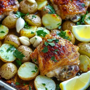 - 4 bone-in, skin-on chicken thighs - 1 pound baby potatoes, halved - 1 head of garlic, cloves separated and peeled - 3 tablespoons extra virgin olive oil - 2 teaspoons dried oregano - 1 teaspoon smoked paprika - Salt and freshly ground black pepper, to taste - Fresh parsley, finely chopped (for garnish) - 1 lemon, cut into wedges (for serving) Gathering the right ingredients makes this dish special. Start with bone-in, skin-on chicken thighs. They give a rich flavor and stay juicy while cooking. Next, grab a pound of baby potatoes. These little gems roast nicely and soak up all the tasty juices. Don’t forget the garlic! Use a whole head, separating the cloves. Garlic adds a wonderful aroma and depth. For seasonings, you need extra virgin olive oil to coat everything. It helps the chicken and potatoes crisp up. Dried oregano brings a warm, herby taste. A touch of smoked paprika adds a subtle smokiness, making it even more delicious. Lastly, grab salt and black pepper. These simple seasonings tie all the flavors together. To finish, fresh parsley brightens the dish, and lemon wedges add a zesty kick. The parsley not only looks nice but also adds freshness. The lemon juice, squeezed over the meal, enhances all the flavors. Trust me; this combination will make your taste buds dance! - Preheat the oven to 425°F (220°C). - In a large bowl, add the halved baby potatoes and peeled garlic cloves. - Drizzle 3 tablespoons of extra virgin olive oil over the potatoes. - Sprinkle 2 teaspoons of dried oregano and 1 teaspoon of smoked paprika on top. - Add salt and freshly ground black pepper to taste. - Toss everything until the potatoes and garlic are well coated. - Spread the seasoned potatoes and garlic on a large baking sheet. - Make sure they are in a single layer for even cooking. - Leave space in the center of the sheet for the chicken thighs. - Pat the chicken thighs dry with paper towels. - Season both sides with salt, pepper, and a light dusting of smoked paprika. - Nestle the chicken thighs skin side up in the center of the baking sheet. - Place the baking sheet in the preheated oven. - Roast for 35-40 minutes until the chicken is cooked. - Check that the internal temperature reaches 165°F (74°C). - Ensure the potatoes are fork-tender and golden brown. - For crispy skin, switch to broil mode during the last 5 minutes. - After cooking, let the dish rest for 5 minutes before serving. - Garnish with fresh parsley and serve with lemon wedges for added zest. To get juicy, flavorful chicken, first pat the chicken thighs dry. This step helps the skin become crispy. Use paper towels to remove any moisture. Next, season both sides with salt, pepper, and smoked paprika. This adds a nice kick of flavor. Don’t be shy with the seasoning; it makes a big difference. For crispy potatoes, give them space on the baking sheet. Lay them out in a single layer. This allows hot air to circulate, making them golden. If you want extra crunch, switch to broil mode for the last five minutes. Keep a close eye on them so they don’t burn. For a fun presentation, serve the dish straight from the baking sheet. If you want a fancier look, transfer the chicken and potatoes to a large platter. Just before serving, squeeze fresh lemon juice over everything. This brightens the flavors and adds a zesty touch. Enjoy your delicious meal! {{image_4}} You can switch chicken thighs for other cuts. Try chicken breasts or drumsticks. Both options work well. Use the same cooking time and temperature. For potatoes, you can use red or Yukon gold. These varieties add different flavors and textures. Think about adding fresh herbs. Rosemary or thyme can enhance the dish. You can also mix in spices like cumin or chili powder for a kick. Adding vegetables can create a full meal. Try carrots, bell peppers, or green beans. Just chop them and add them to the pan with the potatoes. If you need a gluten-free option, this recipe is naturally gluten-free. Just ensure your seasonings are safe. For a low-calorie meal, use skinless chicken and reduce the oil. Swap out some potatoes for zucchini or cauliflower. These changes keep the dish light and tasty. To keep your garlic chicken and potatoes fresh, store them in an airtight container. Place the container in your fridge. This keeps out air and moisture. Eat the leftovers within three days for the best taste. If you wait too long, the flavors fade away. When you want to eat your leftovers, there are a few easy ways to reheat them. You can use the microwave, oven, or stovetop. If you use the microwave, heat them in short bursts. This helps avoid drying out the chicken. If you use the oven, preheat it to 350°F (175°C). Cover the dish with foil so the chicken stays juicy. Heat for about 15-20 minutes, or until warm. You can freeze this dish for later. Just make sure it cools completely before freezing. Use freezer-safe bags or containers. Squeeze out the air and seal tightly. It can last up to three months in the freezer. When you are ready to eat, thaw it in the fridge overnight. Then reheat using the tips above for the best taste. The ideal internal temperature for chicken is 165°F (74°C). This ensures the meat is safe to eat and juicy. Use a meat thermometer to check the thickest part of the thigh. This step helps you avoid undercooked chicken, which can lead to foodborne illness. Always let the chicken rest for five minutes after cooking. This allows the juices to redistribute, keeping it moist and tasty. Yes, you can use boneless chicken thighs. However, this may change the cooking time. Boneless thighs cook faster than bone-in ones. Check for doneness at around 25-30 minutes. Boneless chicken can also be juicier when cooked correctly. The flavor will still shine with garlic and spices, making it a great choice. You can tell potatoes are done when they are fork-tender. Use a fork to poke a potato; it should slide in easily. If they resist, they need more time. Look for a golden-brown color on the outside for added flavor. Roasting them at high heat helps caramelize the sugars, creating a delicious crust. This post covered a simple and tasty roasted chicken and potato dish. We discussed key ingredients, like chicken thighs and garlic, to enhance flavor. I shared preparation steps and tips for the best results. You can also customize the recipe with different proteins and veggies. Remember, storing and reheating your leftovers properly ensures great taste later. By following these guidelines, you can enjoy a delicious meal that suits your taste each time. Happy cooking!