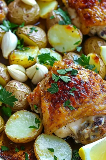 - 4 bone-in, skin-on chicken thighs - 1 pound baby potatoes, halved - 1 head of garlic, cloves separated and peeled - 3 tablespoons extra virgin olive oil - 2 teaspoons dried oregano - 1 teaspoon smoked paprika - Salt and freshly ground black pepper, to taste - Fresh parsley, finely chopped (for garnish) - 1 lemon, cut into wedges (for serving) Gathering the right ingredients makes this dish special. Start with bone-in, skin-on chicken thighs. They give a rich flavor and stay juicy while cooking. Next, grab a pound of baby potatoes. These little gems roast nicely and soak up all the tasty juices. Don’t forget the garlic! Use a whole head, separating the cloves. Garlic adds a wonderful aroma and depth. For seasonings, you need extra virgin olive oil to coat everything. It helps the chicken and potatoes crisp up. Dried oregano brings a warm, herby taste. A touch of smoked paprika adds a subtle smokiness, making it even more delicious. Lastly, grab salt and black pepper. These simple seasonings tie all the flavors together. To finish, fresh parsley brightens the dish, and lemon wedges add a zesty kick. The parsley not only looks nice but also adds freshness. The lemon juice, squeezed over the meal, enhances all the flavors. Trust me; this combination will make your taste buds dance! - Preheat the oven to 425°F (220°C). - In a large bowl, add the halved baby potatoes and peeled garlic cloves. - Drizzle 3 tablespoons of extra virgin olive oil over the potatoes. - Sprinkle 2 teaspoons of dried oregano and 1 teaspoon of smoked paprika on top. - Add salt and freshly ground black pepper to taste. - Toss everything until the potatoes and garlic are well coated. - Spread the seasoned potatoes and garlic on a large baking sheet. - Make sure they are in a single layer for even cooking. - Leave space in the center of the sheet for the chicken thighs. - Pat the chicken thighs dry with paper towels. - Season both sides with salt, pepper, and a light dusting of smoked paprika. - Nestle the chicken thighs skin side up in the center of the baking sheet. - Place the baking sheet in the preheated oven. - Roast for 35-40 minutes until the chicken is cooked. - Check that the internal temperature reaches 165°F (74°C). - Ensure the potatoes are fork-tender and golden brown. - For crispy skin, switch to broil mode during the last 5 minutes. - After cooking, let the dish rest for 5 minutes before serving. - Garnish with fresh parsley and serve with lemon wedges for added zest. To get juicy, flavorful chicken, first pat the chicken thighs dry. This step helps the skin become crispy. Use paper towels to remove any moisture. Next, season both sides with salt, pepper, and smoked paprika. This adds a nice kick of flavor. Don’t be shy with the seasoning; it makes a big difference. For crispy potatoes, give them space on the baking sheet. Lay them out in a single layer. This allows hot air to circulate, making them golden. If you want extra crunch, switch to broil mode for the last five minutes. Keep a close eye on them so they don’t burn. For a fun presentation, serve the dish straight from the baking sheet. If you want a fancier look, transfer the chicken and potatoes to a large platter. Just before serving, squeeze fresh lemon juice over everything. This brightens the flavors and adds a zesty touch. Enjoy your delicious meal! {{image_4}} You can switch chicken thighs for other cuts. Try chicken breasts or drumsticks. Both options work well. Use the same cooking time and temperature. For potatoes, you can use red or Yukon gold. These varieties add different flavors and textures. Think about adding fresh herbs. Rosemary or thyme can enhance the dish. You can also mix in spices like cumin or chili powder for a kick. Adding vegetables can create a full meal. Try carrots, bell peppers, or green beans. Just chop them and add them to the pan with the potatoes. If you need a gluten-free option, this recipe is naturally gluten-free. Just ensure your seasonings are safe. For a low-calorie meal, use skinless chicken and reduce the oil. Swap out some potatoes for zucchini or cauliflower. These changes keep the dish light and tasty. To keep your garlic chicken and potatoes fresh, store them in an airtight container. Place the container in your fridge. This keeps out air and moisture. Eat the leftovers within three days for the best taste. If you wait too long, the flavors fade away. When you want to eat your leftovers, there are a few easy ways to reheat them. You can use the microwave, oven, or stovetop. If you use the microwave, heat them in short bursts. This helps avoid drying out the chicken. If you use the oven, preheat it to 350°F (175°C). Cover the dish with foil so the chicken stays juicy. Heat for about 15-20 minutes, or until warm. You can freeze this dish for later. Just make sure it cools completely before freezing. Use freezer-safe bags or containers. Squeeze out the air and seal tightly. It can last up to three months in the freezer. When you are ready to eat, thaw it in the fridge overnight. Then reheat using the tips above for the best taste. The ideal internal temperature for chicken is 165°F (74°C). This ensures the meat is safe to eat and juicy. Use a meat thermometer to check the thickest part of the thigh. This step helps you avoid undercooked chicken, which can lead to foodborne illness. Always let the chicken rest for five minutes after cooking. This allows the juices to redistribute, keeping it moist and tasty. Yes, you can use boneless chicken thighs. However, this may change the cooking time. Boneless thighs cook faster than bone-in ones. Check for doneness at around 25-30 minutes. Boneless chicken can also be juicier when cooked correctly. The flavor will still shine with garlic and spices, making it a great choice. You can tell potatoes are done when they are fork-tender. Use a fork to poke a potato; it should slide in easily. If they resist, they need more time. Look for a golden-brown color on the outside for added flavor. Roasting them at high heat helps caramelize the sugars, creating a delicious crust. This post covered a simple and tasty roasted chicken and potato dish. We discussed key ingredients, like chicken thighs and garlic, to enhance flavor. I shared preparation steps and tips for the best results. You can also customize the recipe with different proteins and veggies. Remember, storing and reheating your leftovers properly ensures great taste later. By following these guidelines, you can enjoy a delicious meal that suits your taste each time. Happy cooking!