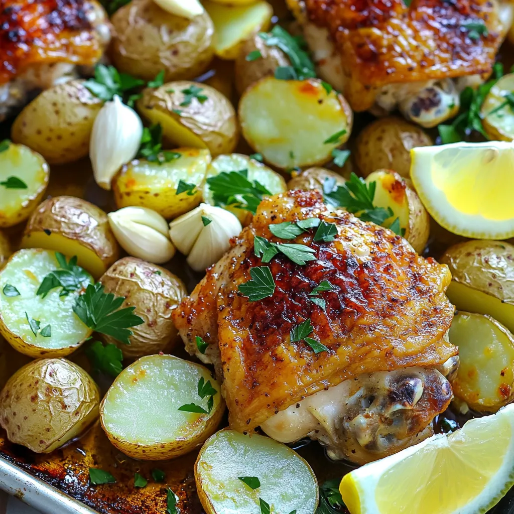 - 4 bone-in, skin-on chicken thighs - 1 pound baby potatoes, halved - 1 head of garlic, cloves separated and peeled - 3 tablespoons extra virgin olive oil - 2 teaspoons dried oregano - 1 teaspoon smoked paprika - Salt and freshly ground black pepper, to taste - Fresh parsley, finely chopped (for garnish) - 1 lemon, cut into wedges (for serving) Gathering the right ingredients makes this dish special. Start with bone-in, skin-on chicken thighs. They give a rich flavor and stay juicy while cooking. Next, grab a pound of baby potatoes. These little gems roast nicely and soak up all the tasty juices. Don’t forget the garlic! Use a whole head, separating the cloves. Garlic adds a wonderful aroma and depth. For seasonings, you need extra virgin olive oil to coat everything. It helps the chicken and potatoes crisp up. Dried oregano brings a warm, herby taste. A touch of smoked paprika adds a subtle smokiness, making it even more delicious. Lastly, grab salt and black pepper. These simple seasonings tie all the flavors together. To finish, fresh parsley brightens the dish, and lemon wedges add a zesty kick. The parsley not only looks nice but also adds freshness. The lemon juice, squeezed over the meal, enhances all the flavors. Trust me; this combination will make your taste buds dance! - Preheat the oven to 425°F (220°C). - In a large bowl, add the halved baby potatoes and peeled garlic cloves. - Drizzle 3 tablespoons of extra virgin olive oil over the potatoes. - Sprinkle 2 teaspoons of dried oregano and 1 teaspoon of smoked paprika on top. - Add salt and freshly ground black pepper to taste. - Toss everything until the potatoes and garlic are well coated. - Spread the seasoned potatoes and garlic on a large baking sheet. - Make sure they are in a single layer for even cooking. - Leave space in the center of the sheet for the chicken thighs. - Pat the chicken thighs dry with paper towels. - Season both sides with salt, pepper, and a light dusting of smoked paprika. - Nestle the chicken thighs skin side up in the center of the baking sheet. - Place the baking sheet in the preheated oven. - Roast for 35-40 minutes until the chicken is cooked. - Check that the internal temperature reaches 165°F (74°C). - Ensure the potatoes are fork-tender and golden brown. - For crispy skin, switch to broil mode during the last 5 minutes. - After cooking, let the dish rest for 5 minutes before serving. - Garnish with fresh parsley and serve with lemon wedges for added zest. To get juicy, flavorful chicken, first pat the chicken thighs dry. This step helps the skin become crispy. Use paper towels to remove any moisture. Next, season both sides with salt, pepper, and smoked paprika. This adds a nice kick of flavor. Don’t be shy with the seasoning; it makes a big difference. For crispy potatoes, give them space on the baking sheet. Lay them out in a single layer. This allows hot air to circulate, making them golden. If you want extra crunch, switch to broil mode for the last five minutes. Keep a close eye on them so they don’t burn. For a fun presentation, serve the dish straight from the baking sheet. If you want a fancier look, transfer the chicken and potatoes to a large platter. Just before serving, squeeze fresh lemon juice over everything. This brightens the flavors and adds a zesty touch. Enjoy your delicious meal! {{image_4}} You can switch chicken thighs for other cuts. Try chicken breasts or drumsticks. Both options work well. Use the same cooking time and temperature. For potatoes, you can use red or Yukon gold. These varieties add different flavors and textures. Think about adding fresh herbs. Rosemary or thyme can enhance the dish. You can also mix in spices like cumin or chili powder for a kick. Adding vegetables can create a full meal. Try carrots, bell peppers, or green beans. Just chop them and add them to the pan with the potatoes. If you need a gluten-free option, this recipe is naturally gluten-free. Just ensure your seasonings are safe. For a low-calorie meal, use skinless chicken and reduce the oil. Swap out some potatoes for zucchini or cauliflower. These changes keep the dish light and tasty. To keep your garlic chicken and potatoes fresh, store them in an airtight container. Place the container in your fridge. This keeps out air and moisture. Eat the leftovers within three days for the best taste. If you wait too long, the flavors fade away. When you want to eat your leftovers, there are a few easy ways to reheat them. You can use the microwave, oven, or stovetop. If you use the microwave, heat them in short bursts. This helps avoid drying out the chicken. If you use the oven, preheat it to 350°F (175°C). Cover the dish with foil so the chicken stays juicy. Heat for about 15-20 minutes, or until warm. You can freeze this dish for later. Just make sure it cools completely before freezing. Use freezer-safe bags or containers. Squeeze out the air and seal tightly. It can last up to three months in the freezer. When you are ready to eat, thaw it in the fridge overnight. Then reheat using the tips above for the best taste. The ideal internal temperature for chicken is 165°F (74°C). This ensures the meat is safe to eat and juicy. Use a meat thermometer to check the thickest part of the thigh. This step helps you avoid undercooked chicken, which can lead to foodborne illness. Always let the chicken rest for five minutes after cooking. This allows the juices to redistribute, keeping it moist and tasty. Yes, you can use boneless chicken thighs. However, this may change the cooking time. Boneless thighs cook faster than bone-in ones. Check for doneness at around 25-30 minutes. Boneless chicken can also be juicier when cooked correctly. The flavor will still shine with garlic and spices, making it a great choice. You can tell potatoes are done when they are fork-tender. Use a fork to poke a potato; it should slide in easily. If they resist, they need more time. Look for a golden-brown color on the outside for added flavor. Roasting them at high heat helps caramelize the sugars, creating a delicious crust. This post covered a simple and tasty roasted chicken and potato dish. We discussed key ingredients, like chicken thighs and garlic, to enhance flavor. I shared preparation steps and tips for the best results. You can also customize the recipe with different proteins and veggies. Remember, storing and reheating your leftovers properly ensures great taste later. By following these guidelines, you can enjoy a delicious meal that suits your taste each time. Happy cooking!