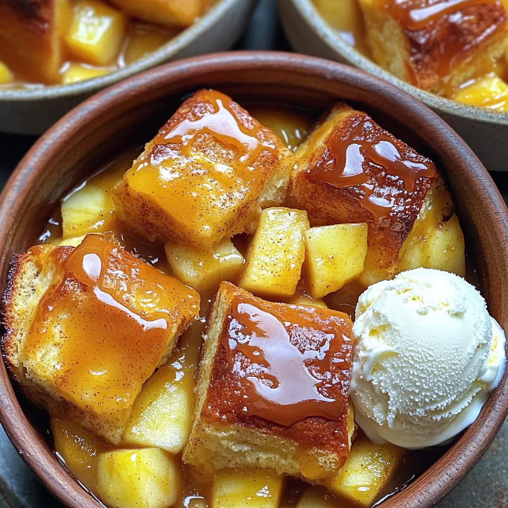 - 6 cups day-old bread (brioche or challah preferred) - 3 medium apples (peeled, cored, and diced) - 4 large eggs - 2 cups whole milk - 1 cup heavy cream - 1 cup packed brown sugar - 1 teaspoon pure vanilla extract - 1 teaspoon ground cinnamon - ¼ teaspoon freshly grated nutmeg - ½ cup caramel sauce - 1 tablespoon unsalted butter (for greasing) To create the best caramel apple bread pudding, use quality ingredients. Start with 6 cups of day-old bread. Brioche or challah works best due to their rich texture. The bread must be cubed into bite-sized pieces for even soaking. Next, use 3 medium apples. Peeled, cored, and diced, they add sweetness and moisture. Choose your favorite apple variety for flavor. You will also need 4 large eggs. They bind the pudding and give it a rich texture. For the creamy base, grab 2 cups of whole milk and 1 cup of heavy cream. This mixture makes the pudding luscious and smooth. Add 1 cup of packed brown sugar for sweetness. It gives a lovely caramel note, which you will love. To enhance the flavor, include 1 teaspoon of pure vanilla extract, 1 teaspoon of ground cinnamon, and ¼ teaspoon of freshly grated nutmeg. These spices bring warmth and depth. Lastly, prepare ½ cup of caramel sauce. This can be store-bought or homemade. You will drizzle this on top for a sweet finish. Don’t forget 1 tablespoon of unsalted butter for greasing the baking dish. Gather all these ingredients, and you are ready to make something truly delicious! - Preheat the oven to 350°F (175°C). - Grease a 9x13 inch baking dish with unsalted butter. First, set your oven to 350°F. This step warms the oven so that your bread pudding bakes evenly. Next, grab a 9x13 inch baking dish. Use unsalted butter to grease it well. This helps to keep the pudding from sticking. - Combine cubed bread and diced apples in a mixing bowl. - Toss gently until evenly distributed. In a large mixing bowl, add 6 cups of cubed day-old bread. I like brioche or challah for the best flavor. Then, add 3 diced apples. Toss them gently. Make sure the apples mix well with the bread. This step helps every bite have a nice apple taste. - Whisk together eggs, whole milk, heavy cream, and brown sugar. - Add vanilla extract, cinnamon, and nutmeg; ensure smooth texture. In another bowl, whisk together 4 large eggs, 2 cups of whole milk, and 1 cup of heavy cream. Next, add 1 cup of packed brown sugar. Then, include 1 teaspoon of pure vanilla extract, 1 teaspoon of ground cinnamon, and ¼ teaspoon of freshly grated nutmeg. Whisk until the mixture is smooth. This custard mixture is the heart of your bread pudding. - Pour custard over the bread and apple mixture. - Fold gently to coat bread and mix. Now, pour the custard over the bread and apple mixture. Use a spatula to fold the ingredients together gently. Make sure every piece of bread gets coated in the custard. This step ensures a creamy texture throughout. - Let mix rest for 15-20 minutes. - Drizzle half of the caramel sauce and mix cautiously. Let the mixture sit for 15 to 20 minutes. This soaking time is key for the bread to absorb the custard. After that, take half of your caramel sauce and drizzle it over the mixture. Mix very cautiously. You want to keep the bread pieces intact while adding sweetness. - Pour into prepared dish and bake for 45-55 minutes. - Cool for 10 minutes and drizzle remaining caramel before serving. Pour the mixture into your prepared baking dish. Spread it evenly. Place it in the oven and bake for 45 to 55 minutes. The top should turn golden brown. Once baked, let it cool for 10 minutes. Finally, drizzle the remaining caramel sauce over the top before serving. This adds a sweet finish to your dish. For this dish, brioche and challah are the best choices. Both breads bring great richness and flavor. They soak up the custard well, making each bite soft and creamy. Day-old bread is key here. Fresh bread can turn mushy and lose its shape. Day-old bread holds up better. The custard is the heart of your bread pudding. Start with eggs, milk, cream, and brown sugar. Whisk them until smooth. Make sure the sugar dissolves completely. Taste the custard. Adjust sweetness if needed. If it seems too sweet, add a touch more milk. If it needs more sweetness, a bit more sugar will do wonders. Serving is where you can shine! Offer a scoop of vanilla ice cream or a dollop of whipped cream on top. This adds creaminess and balance to the rich pudding. A light dusting of cinnamon can make it look extra special. It adds warmth and a hint of spice. A beautiful presentation makes the dish more inviting. {{image_4}} You can add nuts to your bread pudding for extra crunch. Walnuts or pecans work great. Just chop them up and mix them in with the bread and apples. You can also add dried fruits like raisins or cranberries. They will add a sweet touch to each bite. If you need a gluten-free option, use gluten-free bread. It will still taste amazing. For those who want dairy-free, you can swap whole milk and cream with almond or oat milk. This keeps the dish creamy without dairy. In the fall, try using pears instead of apples. They add a nice twist. For winter, you can change your spices. Ginger and cloves bring warmth and depth, making the pudding cozy and inviting. These small changes can make a big impact on flavor! To keep your caramel apple bread pudding fresh, store any leftovers in the refrigerator. Place it in an airtight container to keep it moist. You can use glass or plastic containers, but glass works best for even reheating later. To reheat your bread pudding, use the oven for the best results. Preheat it to 350°F (175°C) and cover the dish with foil. This method keeps the pudding from drying out. Heat it for about 15-20 minutes. If you want to serve it warm again, consider adding a splash of milk on top before reheating. If you want to freeze your caramel apple bread pudding, let it cool first. Cut it into portions and wrap each piece tightly in plastic wrap. Then, place the wrapped pieces in a freezer bag. To thaw, move it to the fridge overnight. This method helps maintain the pudding's soft texture. Using fresh bread can change the texture. Fresh bread is more moist. It won't soak up the custard as well. Day-old bread is best because it is drier. This helps it soak up the custard and stay soft. For perfect results, stick with day-old bread. You can use whole milk or half-and-half instead of heavy cream. These options will change the richness. They will make the bread pudding lighter. If you want a creamier texture, use coconut cream. It adds nice flavor too. In the fridge, it can last about 3 to 4 days. Make sure to cover it well. If you freeze it, it can last up to 3 months. Just remember to thaw it in the fridge overnight before you reheat. Yes, you can prepare it a day ahead. Just mix the bread, apples, and custard. Cover and store in the fridge. Bake it the next day for fresh flavors. This makes it easy for gatherings or busy days. This blog post covered a delicious caramel apple bread pudding recipe. You learned about the right ingredients, step-by-step instructions, and tips for success. I shared ideas for variations to suit your taste. Plus, I offered storage and reheating tips for leftovers. Embrace your creativity in the kitchen! This dessert is easy to make and fun to share. Enjoy every bite and impress your family and friends. Now, get cooking and have fun making this treat!