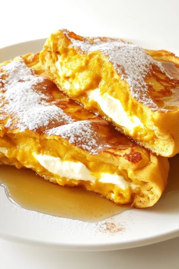 To make Pumpkin Cream Cheese Stuffed French Toast, you will need: - 8 slices of thick-cut bread (brioche or challah preferred) - 1 cup pumpkin puree - 8 oz cream cheese, at room temperature - ¼ cup brown sugar, packed - 1 teaspoon vanilla extract - 1 teaspoon pumpkin pie spice - 4 large eggs - 1 cup whole milk - 1 teaspoon ground cinnamon - ¼ teaspoon ground nutmeg - 1 tablespoon unsalted butter, for frying - Maple syrup, for serving - Powdered sugar, for garnish This recipe serves four people. Each serving contains two stuffed French toasts. If you need more servings, just double or triple the amounts. It is easy to adjust the ingredient quantities. For instance, use 16 slices of bread for eight servings. If you have dietary preferences, you can make some swaps: - For a vegan option, use plant-based cream cheese and almond milk. - For a gluten-free version, choose gluten-free bread. - If you need lower sugar, reduce the brown sugar or use a sugar substitute. These alternatives allow you to enjoy the dish while meeting your needs. To start, gather your mixing bowl. In it, combine: - 1 cup pumpkin puree - 8 oz cream cheese, at room temperature - ¼ cup brown sugar, packed - 1 teaspoon vanilla extract - 1 teaspoon pumpkin pie spice Mix these ingredients well. Your goal is a smooth and creamy filling. If you find lumps, keep mixing until the texture is even. This will ensure a delightful taste in every bite. Next, take four slices of your thick-cut bread. Use brioche or challah for the best results. Spread the pumpkin cream cheese mixture on one side of each slice. Don’t be shy—use a generous amount! Press the other slices on top to form sandwiches. Make sure they stick together well, but do not squish them too hard. Now, it’s time to cook! Heat a non-stick skillet over medium heat. Add 1 tablespoon of unsalted butter and let it melt. Swirl the butter around to cover the pan. In a separate bowl, whisk together: - 4 large eggs - 1 cup whole milk - 1 teaspoon ground cinnamon - ¼ teaspoon ground nutmeg Dip each sandwich into this egg mixture. Make sure both sides are well-covered, then let any extra egg drip off. Place the sandwiches on the skillet. Cook them for about 3-4 minutes on each side. You want them to turn golden brown and be fully cooked. Adjust the heat if needed to avoid burning. Once cooked, transfer the French toast to a plate and keep warm as you finish the rest. Enjoy your delicious creation! To cook your pumpkin cream cheese stuffed French toast just right, focus on temperature. Use medium heat on your skillet. If it’s too hot, the outside will burn before the inside cooks. A good test is to sprinkle a drop of water in the pan. If it sizzles, the pan is ready. Avoid common mistakes to achieve great results. Don’t rush the cooking. Each side needs about 3-4 minutes. If you flip too soon, the filling may spill out. If you see burning, reduce the heat right away. This keeps the toast golden brown and soft inside. For the best experience, top your French toast with warm maple syrup. You can also add whipped cream for extra creaminess. Dust powdered sugar on top for a sweet touch. For a fun twist, sprinkle some extra pumpkin pie spice on top. Make it look nice on the plate. Stack the stuffed French toasts. Drizzle syrup over them, letting it run down the sides. A small bowl of syrup or whipped cream on the side adds a nice touch. This makes your dish more appealing and fun to eat. You can elevate the flavor with extra spices. Try adding a pinch of ginger or a touch of cloves. These spices enhance the pumpkin taste and add warmth. You can also mix in some chocolate chips for a sweet surprise. Pair your French toast with drinks for a perfect meal. A warm cup of coffee or spiced chai tea works great. If you want something refreshing, try apple cider. These drinks complement the flavors and create a cozy vibe. {{image_4}} You can change the filling to keep things exciting. Try adding chocolate for a sweet twist. Just mix chocolate chips into the pumpkin cream cheese. Maple flavor is another great option. Use maple extract in place of vanilla for a warm, cozy taste. You can also mix in nuts, like pecans or walnuts, for crunch. If you need a gluten-free option, use gluten-free bread. Many brands make tasty gluten-free slices that work well. For a dairy-free version, try vegan cream cheese. It will still give you that creamy texture you love. You can also lower the sugar by using a sugar substitute or reducing the brown sugar in the filling. This way, you enjoy a delicious taste without extra sweetness. In fall, add fresh apples or pears to the filling. Cut them into small pieces for a fruity touch. For winter, mix in a hint of peppermint extract for a holiday flair. When it comes to presentation, stack the French toast high on a festive plate. Drizzle maple syrup over the top and add a sprinkle of cinnamon or powdered sugar. You can even garnish with fresh cranberries or pomegranate seeds for a colorful touch. To store leftovers, place the stuffed French toast in an airtight container. This keeps it fresh. You can refrigerate it for up to three days. For longer storage, you can freeze the toast. Wrap each piece tightly in plastic wrap, then place them in a freezer bag. They can stay frozen for up to three months. This makes meal prep easy. When you are ready to eat, you can reheat the stuffed French toast in several ways. The best method is to use an oven. Preheat your oven to 350°F (175°C). Place the toast on a baking sheet and cover it with foil. Heat for about 10-15 minutes until warm. This keeps the texture nice. You can also use a toaster oven. If you are in a hurry, a microwave works too. Just heat for 30 seconds at a time until warm, but it may lose some crispness. In the fridge, the stuffed French toast lasts about three days. If you freeze it, it can last up to three months. Always check for any signs of spoilage before eating. If it smells off or looks strange, it's best to toss it. Enjoy your delicious pumpkin cream cheese stuffed French toast while it's fresh! This recipe takes about 30 minutes in total. You will need 15 minutes to prep the ingredients. Then, it takes roughly 15 minutes to cook the French toast. Yes, you can prepare the pumpkin cream cheese filling a day before. Store it in the fridge in an airtight container. You can also assemble the sandwiches and keep them in the fridge. Just remember to cook them fresh in the morning for the best taste. You can pair the stuffed French toast with various sides and drinks. Here are some ideas: - Fresh fruit like berries or bananas - Crispy bacon or sausage - Whipped cream for extra sweetness - A hot cup of coffee or spiced chai tea - A drizzle of maple syrup for added flavor In this blog post, we covered how to make Pumpkin Cream Cheese Stuffed French Toast. We explored essential ingredients, cooking tips, and variations. Each step helps you create a delicious meal the whole family will love. Remember to adjust ingredients as needed for dietary preferences and store leftovers properly. With these insights, you can enjoy a tasty treat for breakfast or brunch. Try out different flavors and toppings to make your dish unique. Happy cooking!