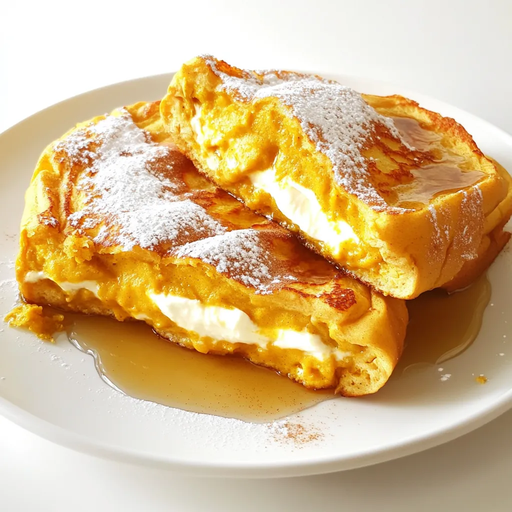 To make Pumpkin Cream Cheese Stuffed French Toast, you will need: - 8 slices of thick-cut bread (brioche or challah preferred) - 1 cup pumpkin puree - 8 oz cream cheese, at room temperature - ¼ cup brown sugar, packed - 1 teaspoon vanilla extract - 1 teaspoon pumpkin pie spice - 4 large eggs - 1 cup whole milk - 1 teaspoon ground cinnamon - ¼ teaspoon ground nutmeg - 1 tablespoon unsalted butter, for frying - Maple syrup, for serving - Powdered sugar, for garnish This recipe serves four people. Each serving contains two stuffed French toasts. If you need more servings, just double or triple the amounts. It is easy to adjust the ingredient quantities. For instance, use 16 slices of bread for eight servings. If you have dietary preferences, you can make some swaps: - For a vegan option, use plant-based cream cheese and almond milk. - For a gluten-free version, choose gluten-free bread. - If you need lower sugar, reduce the brown sugar or use a sugar substitute. These alternatives allow you to enjoy the dish while meeting your needs. To start, gather your mixing bowl. In it, combine: - 1 cup pumpkin puree - 8 oz cream cheese, at room temperature - ¼ cup brown sugar, packed - 1 teaspoon vanilla extract - 1 teaspoon pumpkin pie spice Mix these ingredients well. Your goal is a smooth and creamy filling. If you find lumps, keep mixing until the texture is even. This will ensure a delightful taste in every bite. Next, take four slices of your thick-cut bread. Use brioche or challah for the best results. Spread the pumpkin cream cheese mixture on one side of each slice. Don’t be shy—use a generous amount! Press the other slices on top to form sandwiches. Make sure they stick together well, but do not squish them too hard. Now, it’s time to cook! Heat a non-stick skillet over medium heat. Add 1 tablespoon of unsalted butter and let it melt. Swirl the butter around to cover the pan. In a separate bowl, whisk together: - 4 large eggs - 1 cup whole milk - 1 teaspoon ground cinnamon - ¼ teaspoon ground nutmeg Dip each sandwich into this egg mixture. Make sure both sides are well-covered, then let any extra egg drip off. Place the sandwiches on the skillet. Cook them for about 3-4 minutes on each side. You want them to turn golden brown and be fully cooked. Adjust the heat if needed to avoid burning. Once cooked, transfer the French toast to a plate and keep warm as you finish the rest. Enjoy your delicious creation! To cook your pumpkin cream cheese stuffed French toast just right, focus on temperature. Use medium heat on your skillet. If it’s too hot, the outside will burn before the inside cooks. A good test is to sprinkle a drop of water in the pan. If it sizzles, the pan is ready. Avoid common mistakes to achieve great results. Don’t rush the cooking. Each side needs about 3-4 minutes. If you flip too soon, the filling may spill out. If you see burning, reduce the heat right away. This keeps the toast golden brown and soft inside. For the best experience, top your French toast with warm maple syrup. You can also add whipped cream for extra creaminess. Dust powdered sugar on top for a sweet touch. For a fun twist, sprinkle some extra pumpkin pie spice on top. Make it look nice on the plate. Stack the stuffed French toasts. Drizzle syrup over them, letting it run down the sides. A small bowl of syrup or whipped cream on the side adds a nice touch. This makes your dish more appealing and fun to eat. You can elevate the flavor with extra spices. Try adding a pinch of ginger or a touch of cloves. These spices enhance the pumpkin taste and add warmth. You can also mix in some chocolate chips for a sweet surprise. Pair your French toast with drinks for a perfect meal. A warm cup of coffee or spiced chai tea works great. If you want something refreshing, try apple cider. These drinks complement the flavors and create a cozy vibe. {{image_4}} You can change the filling to keep things exciting. Try adding chocolate for a sweet twist. Just mix chocolate chips into the pumpkin cream cheese. Maple flavor is another great option. Use maple extract in place of vanilla for a warm, cozy taste. You can also mix in nuts, like pecans or walnuts, for crunch. If you need a gluten-free option, use gluten-free bread. Many brands make tasty gluten-free slices that work well. For a dairy-free version, try vegan cream cheese. It will still give you that creamy texture you love. You can also lower the sugar by using a sugar substitute or reducing the brown sugar in the filling. This way, you enjoy a delicious taste without extra sweetness. In fall, add fresh apples or pears to the filling. Cut them into small pieces for a fruity touch. For winter, mix in a hint of peppermint extract for a holiday flair. When it comes to presentation, stack the French toast high on a festive plate. Drizzle maple syrup over the top and add a sprinkle of cinnamon or powdered sugar. You can even garnish with fresh cranberries or pomegranate seeds for a colorful touch. To store leftovers, place the stuffed French toast in an airtight container. This keeps it fresh. You can refrigerate it for up to three days. For longer storage, you can freeze the toast. Wrap each piece tightly in plastic wrap, then place them in a freezer bag. They can stay frozen for up to three months. This makes meal prep easy. When you are ready to eat, you can reheat the stuffed French toast in several ways. The best method is to use an oven. Preheat your oven to 350°F (175°C). Place the toast on a baking sheet and cover it with foil. Heat for about 10-15 minutes until warm. This keeps the texture nice. You can also use a toaster oven. If you are in a hurry, a microwave works too. Just heat for 30 seconds at a time until warm, but it may lose some crispness. In the fridge, the stuffed French toast lasts about three days. If you freeze it, it can last up to three months. Always check for any signs of spoilage before eating. If it smells off or looks strange, it's best to toss it. Enjoy your delicious pumpkin cream cheese stuffed French toast while it's fresh! This recipe takes about 30 minutes in total. You will need 15 minutes to prep the ingredients. Then, it takes roughly 15 minutes to cook the French toast. Yes, you can prepare the pumpkin cream cheese filling a day before. Store it in the fridge in an airtight container. You can also assemble the sandwiches and keep them in the fridge. Just remember to cook them fresh in the morning for the best taste. You can pair the stuffed French toast with various sides and drinks. Here are some ideas: - Fresh fruit like berries or bananas - Crispy bacon or sausage - Whipped cream for extra sweetness - A hot cup of coffee or spiced chai tea - A drizzle of maple syrup for added flavor In this blog post, we covered how to make Pumpkin Cream Cheese Stuffed French Toast. We explored essential ingredients, cooking tips, and variations. Each step helps you create a delicious meal the whole family will love. Remember to adjust ingredients as needed for dietary preferences and store leftovers properly. With these insights, you can enjoy a tasty treat for breakfast or brunch. Try out different flavors and toppings to make your dish unique. Happy cooking!