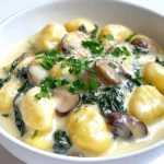 - 1 pound potato gnocchi - 2 tablespoons olive oil - 1 medium onion, finely chopped - 3 cloves garlic, minced - 8 ounces mushrooms, sliced - 5 ounces fresh spinach, roughly chopped - 1 cup heavy cream - ½ cup grated Parmesan cheese - 1 teaspoon Italian seasoning - Salt and freshly cracked black pepper to taste - Fresh parsley, chopped, for garnish For this creamy spinach mushroom gnocchi, you need simple yet flavorful ingredients. Start with one pound of potato gnocchi, which gives a nice, soft texture. Olive oil adds richness. Use two tablespoons to sauté your onions and garlic. A medium onion, finely chopped, will sweeten the dish. Add three minced garlic cloves for a robust flavor. Next, pick eight ounces of fresh mushrooms. I like cremini or button mushrooms for their taste. You will also need five ounces of fresh spinach. This will add a lovely color and nutrition to your meal. For the creamy sauce, grab one cup of heavy cream and half a cup of grated Parmesan cheese. The cheese adds saltiness and creaminess. A teaspoon of Italian seasoning brings warmth and depth. Don't forget salt and freshly cracked black pepper to taste. Lastly, sprinkle fresh parsley on top for a pop of color and freshness. Use these ingredients to create a comforting meal. Each one plays a key role in building flavor. Bringing the water to a boil: Start with a large pot. Fill it with water and add salt. Set the pot on high heat. Wait for the water to bubble and boil. Cooking the gnocchi: Once boiling, add the potato gnocchi. Cook them until they float to the top. This usually takes just a few minutes. When they rise, they are ready. Drain the gnocchi and set them aside. Sautéing onions and garlic: In a large skillet, pour in the olive oil. Heat it over medium heat. Add the chopped onion. Cook until soft, about 4-5 minutes. Next, add the minced garlic. Stir for about a minute until it smells amazing. Adding mushrooms and spinach: Toss in the sliced mushrooms. Keep cooking for 5-7 minutes. The mushrooms will soften and release their juices. Then, add the chopped spinach. Cook for another 2 minutes. You want the spinach to wilt down nicely. Incorporating the cream and Parmesan: Lower the heat. Carefully pour in the heavy cream. Stir well to mix everything together. Let the sauce simmer for 3-4 minutes. It will thicken and become rich. Now, add the grated Parmesan cheese and Italian seasoning. Stir until the cheese melts. Taste your sauce and add salt and pepper to your liking. Folding in the cooked gnocchi: Gently add the cooked gnocchi to the sauce. Use a spatula to fold them in. Make sure each gnocchi is well-coated with the sauce. Adjusting seasoning and thickness: Remove the skillet from heat. Let it sit for a minute. This helps the sauce thicken slightly. Taste again and adjust the seasoning if needed. To get the best texture in your gnocchi, follow these steps: - Boil salted water in a large pot. - Add the gnocchi when the water is boiling. - Cook until they float, which usually takes about 2-3 minutes. - Drain them gently to avoid breaking. Avoid overcooking by watching them closely. If you leave them too long, they become mushy. For a richer taste, try these seasoning tips: - Add a pinch of red pepper flakes for heat. - Mix in a bit more Italian seasoning for depth. The best mushrooms for this dish are cremini or button mushrooms. They have a nice, earthy flavor that pairs well with the cream. To make your dish look as good as it tastes, serve it in shallow bowls. Here are some garnishing ideas: - Sprinkle freshly chopped parsley on top. - Add a dusting of Parmesan cheese. - Drizzle a little olive oil for shine and flavor. These small touches make your creamy spinach mushroom gnocchi inviting and beautiful! {{image_4}} You can make this dish even better by adding proteins. Chicken or shrimp work well. Simply cook them before adding to the sauce. This adds flavor and makes it heartier. You can also mix in different vegetables. Try bell peppers, zucchini, or sun-dried tomatoes. Each adds unique taste and texture. Plus, it’s a great way to use up what you have at home. If you need a gluten-free option, use gluten-free gnocchi. Many brands offer this now, and it tastes great. Always check the label to be sure. For vegan alternatives, swap the heavy cream for coconut cream or cashew cream. Nutritional yeast can replace Parmesan cheese. This gives a cheesy flavor without dairy. These swaps make the dish plant-based and still tasty. To explore lighter cream options, use half-and-half or low-fat milk. You may need to add a bit more cheese to keep it creamy. Just stir as you cook to ensure it mixes well. If you want a dairy-free sauce, try almond or oat milk with a bit of cornstarch to thicken. Blend it well and add your seasonings. This keeps the dish creamy and plant-based without losing flavor. To keep your creamy spinach mushroom gnocchi fresh, store leftovers right away. Place the dish in an airtight container. Glass or plastic containers work great. Let it cool down first, then seal it. This helps keep the flavors intact. Use it within three days for the best taste. When you’re ready to enjoy leftovers, choose the right method. The stove-top is best for keeping creaminess. Heat a skillet over low heat and add a splash of cream or water. Stir often to prevent sticking. You can also use a microwave. Heat it in short bursts. Stir in between to keep it creamy. If you want to save it for later, freezing is an option. Pack the dish in a freezer-safe container. Leave some space for expansion. Use it within three months for the best flavor. To thaw, place it in the fridge overnight. Reheat it gently as mentioned before to restore that creamy goodness. You can use both store-bought and homemade gnocchi. Store-bought gnocchi is quick and easy. It cooks fast and tastes great. Homemade gnocchi has a fresh, soft texture that many love. If you have time, making it from scratch adds a personal touch. Yes, you can use frozen spinach. It saves time and is easy to find. However, fresh spinach has a brighter flavor and better texture. Frozen spinach may become mushy when cooked. If using frozen, make sure to drain it well before adding. You can make creamy spinach mushroom gnocchi healthier with a few swaps. Use low-fat cream or a plant-based milk for fewer calories. Add extra veggies like zucchini or bell peppers for more nutrients. You can also reduce the cheese or use a lighter cheese. This dish pairs well with a side salad. A simple green salad with lemon dressing works nicely. For a heartier option, serve garlic bread on the side. As for wine, a crisp white like Sauvignon Blanc enhances the flavors beautifully. This blog post covered a delicious creamy spinach mushroom gnocchi recipe. We explored key ingredients, easy steps, and useful tips for perfecting the dish. Remember, you can mix it up with proteins and vegetables to fit your taste. Store leftovers properly and enjoy them later. With these insights, you can impress your family and friends with your cooking. Now, grab your ingredients and start making something tasty!