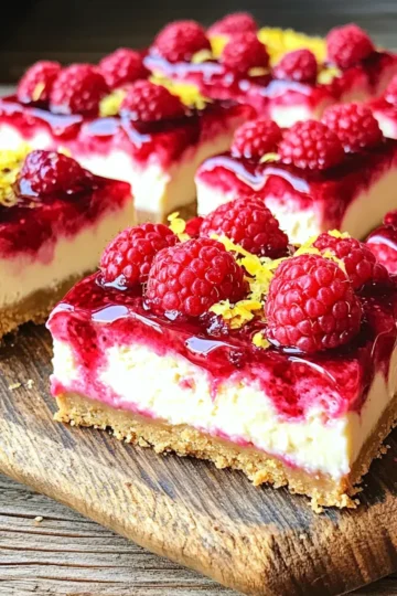 - 1 ½ cups graham cracker crumbs - ½ cup unsalted butter, melted - 2 cups cream cheese, softened - ¾ cup powdered sugar - 1 teaspoon pure vanilla extract - 1 cup heavy whipping cream - 1 cup fresh raspberries, plus a few for garnish - Zest of 1 lemon - Juice of 1 lemon (about 2 tablespoons) - A pinch of salt The main stars of this recipe are the cream cheese, fresh raspberries, and graham cracker crumbs. Cream cheese gives this dessert a rich and creamy texture. Fresh raspberries add a burst of fruity flavor. The graham cracker crumbs create a solid base that holds everything together. - Homemade lemon glaze - Raspberry sauce for serving You can enhance your cheesecake bars with a lemon glaze. This adds a sweet and tangy finish. A drizzle of raspberry sauce creates a lovely color and extra flavor. Try both to see which you like best! - Dairy-free cream cheese - Gluten-free graham crackers If you want a dairy-free option, use dairy-free cream cheese. It works just as well. For a gluten-free version, swap regular graham crackers for gluten-free ones. Enjoy the same great taste with these simple changes! To start, grab a medium mixing bowl. Combine the graham cracker crumbs and melted butter. Stir until the mix looks like wet sand and holds together when squeezed. This texture is key for a good crust. Next, take your crumb mixture and press it firmly into the bottom of a 9x9-inch baking dish. Make sure to spread it evenly. Use a flat-bottomed cup or a spatula to smooth it out. Once it looks even, put the dish in the fridge for about 15 minutes. This helps the crust set up nicely. Now, let’s make the filling. In a large mixing bowl, beat the softened cream cheese using an electric mixer. Mix on medium speed for about 2-3 minutes. You want it completely smooth and creamy. Gradually add the powdered sugar, vanilla extract, lemon zest, and lemon juice to the cream cheese. Mix on low speed until everything is well blended and creamy. This filling is where the magic happens. In a separate bowl, pour in the heavy whipping cream. Use an electric mixer on high speed to whip the cream until stiff peaks form. This can take around 4-5 minutes, so keep an eye on it. Then, carefully fold the whipped cream into the cream cheese mix. Start with a third of the whipped cream to lighten the mixture. Gently fold in the rest until it’s smooth and fluffy. Be careful not to deflate the whipped cream. Now, gently fold in the fresh raspberries. Try not to break them too much. Save a few whole raspberries to garnish later. Pour the cheesecake mixture over the chilled crust. Use a spatula to smooth the top evenly. Finally, cover the dish tightly with plastic wrap and refrigerate for at least 4 hours. This will let the cheesecake set and firm up perfectly. How do you whip cream to the right consistency? To get the perfect whipped cream, start with cold heavy cream. Pour it into a mixing bowl. Use an electric mixer on high speed. Whip for about 4 to 5 minutes. You'll know it's ready when stiff peaks form. This means the peaks hold their shape when you lift the mixer. How do you fold without deflating whipped cream? Folding whipped cream into your mixture is all about being gentle. Start by adding a third of the whipped cream to the cream cheese mix. Use a spatula to cut down the center and lift it. Turn the bowl slightly as you fold. Add the rest of the whipped cream in batches. This keeps the mixture light and fluffy. What are some presentation ideas for a visually appealing dish? Serve the cheesecake bars on a colorful platter. For a pop of color, drizzle homemade lemon glaze or raspberry sauce on top. Add fresh raspberries around the bars for a fun touch. You could also sprinkle some lemon zest for a bright look. What are some ideas for garnishes or additional toppings? Top the cheesecake bars with more fresh raspberries. You can also use a dollop of whipped cream. A light dusting of powdered sugar adds a sweet note. These simple touches make the bars look even more delicious. What should you do if the filling is too runny? If your filling is too runny, it may need more whipping. Make sure your cream cheese is soft but not too warm. If it's too soft, it can lead to a runny mixture. You can also chill the mixture for a bit to help it set. What are some tips for cutting clean slices? To cut clean slices, use a sharp knife. Dip the knife in hot water and wipe it dry before cutting. This helps the knife glide through without squishing the bars. Clean the knife after each cut for the best results. {{image_4}} You can change the taste of your cheesecake bars by using different fruits. Strawberries and blueberries are great choices. They add a sweet and vibrant twist to the dish. You can also try other citrus flavors. Lime and orange zest will give your bars a fresh kick. Just remember, the key is to balance the sweetness with the acidity. Scaling the recipe is simple. If you want more bars, just double the ingredients. For fewer servings, cut the ingredients in half. The crust thickness is another area to adjust. A thicker crust will give a crunchier base, while a thinner crust will let the filling shine. Keep this in mind when you plan your dessert. You can easily make a vegan version of these bars. Use dairy-free cream cheese and coconut cream instead of heavy whipping cream. For low-sugar options, substitute powdered sugar with a sugar-free alternative. This way, everyone can enjoy a delicious treat, no matter their dietary needs. To keep your no bake raspberry lemon cheesecake bars fresh, store them in the refrigerator. Use an airtight container to prevent any odors from other foods. If you do not have one, wrap the bars tightly in plastic wrap. This keeps them safe and tasty. If you want to freeze these bars, cut them into squares first. Place the squares in a single layer on a baking sheet. Freeze them for about 1 hour. Once they are firm, move them to a freezer-safe container or zip-top bag. This method helps avoid freezer burn. In the refrigerator, your cheesecake bars will stay fresh for about five days. Make sure to keep them covered. If you freeze them, they will last about two months. For the best taste, eat them sooner rather than later. These cheesecake bars are best served cold. If you took some out of the freezer, let them thaw in the fridge overnight. This keeps their soft texture. Avoid using a microwave, as it can make them soggy. Enjoy them chilled for the perfect treat! Yes, you can use frozen raspberries. Just make sure to thaw them first. Drain any extra juice to avoid a soggy filling. Frozen raspberries work well and still give great flavor. They may be softer than fresh ones, so handle them gently. This helps keep the nice texture in your cheesecake bars. You need to chill these bars for at least four hours. This time lets the filling set properly. If you can wait longer, that’s even better! Chilling overnight improves the flavor and texture. Just cover the dish tightly with plastic wrap to keep it fresh. For clean slices, use a sharp knife. Dip the knife in hot water, then wipe it dry before slicing. This method helps to prevent sticking. Cut the bars slowly and gently. You can also run the knife under warm water between cuts for even better results. This keeps your bars looking nice and neat. This blog post covered how to make raspberry lemon cheesecake bars. You learned about the key ingredients, how to prepare each layer, and tips for perfect texture. We explored variations, storage, and common questions. Now, you can create your own delicious dessert. Enjoy experimenting with flavors and presentations. This recipe brings joy and sweetness to any occasion. Happy baking!