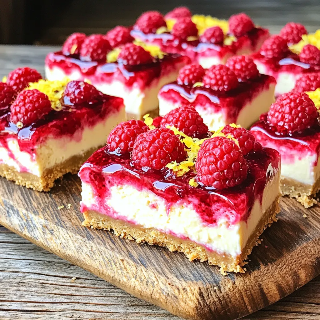 - 1 ½ cups graham cracker crumbs - ½ cup unsalted butter, melted - 2 cups cream cheese, softened - ¾ cup powdered sugar - 1 teaspoon pure vanilla extract - 1 cup heavy whipping cream - 1 cup fresh raspberries, plus a few for garnish - Zest of 1 lemon - Juice of 1 lemon (about 2 tablespoons) - A pinch of salt The main stars of this recipe are the cream cheese, fresh raspberries, and graham cracker crumbs. Cream cheese gives this dessert a rich and creamy texture. Fresh raspberries add a burst of fruity flavor. The graham cracker crumbs create a solid base that holds everything together. - Homemade lemon glaze - Raspberry sauce for serving You can enhance your cheesecake bars with a lemon glaze. This adds a sweet and tangy finish. A drizzle of raspberry sauce creates a lovely color and extra flavor. Try both to see which you like best! - Dairy-free cream cheese - Gluten-free graham crackers If you want a dairy-free option, use dairy-free cream cheese. It works just as well. For a gluten-free version, swap regular graham crackers for gluten-free ones. Enjoy the same great taste with these simple changes! To start, grab a medium mixing bowl. Combine the graham cracker crumbs and melted butter. Stir until the mix looks like wet sand and holds together when squeezed. This texture is key for a good crust. Next, take your crumb mixture and press it firmly into the bottom of a 9x9-inch baking dish. Make sure to spread it evenly. Use a flat-bottomed cup or a spatula to smooth it out. Once it looks even, put the dish in the fridge for about 15 minutes. This helps the crust set up nicely. Now, let’s make the filling. In a large mixing bowl, beat the softened cream cheese using an electric mixer. Mix on medium speed for about 2-3 minutes. You want it completely smooth and creamy. Gradually add the powdered sugar, vanilla extract, lemon zest, and lemon juice to the cream cheese. Mix on low speed until everything is well blended and creamy. This filling is where the magic happens. In a separate bowl, pour in the heavy whipping cream. Use an electric mixer on high speed to whip the cream until stiff peaks form. This can take around 4-5 minutes, so keep an eye on it. Then, carefully fold the whipped cream into the cream cheese mix. Start with a third of the whipped cream to lighten the mixture. Gently fold in the rest until it’s smooth and fluffy. Be careful not to deflate the whipped cream. Now, gently fold in the fresh raspberries. Try not to break them too much. Save a few whole raspberries to garnish later. Pour the cheesecake mixture over the chilled crust. Use a spatula to smooth the top evenly. Finally, cover the dish tightly with plastic wrap and refrigerate for at least 4 hours. This will let the cheesecake set and firm up perfectly. How do you whip cream to the right consistency? To get the perfect whipped cream, start with cold heavy cream. Pour it into a mixing bowl. Use an electric mixer on high speed. Whip for about 4 to 5 minutes. You'll know it's ready when stiff peaks form. This means the peaks hold their shape when you lift the mixer. How do you fold without deflating whipped cream? Folding whipped cream into your mixture is all about being gentle. Start by adding a third of the whipped cream to the cream cheese mix. Use a spatula to cut down the center and lift it. Turn the bowl slightly as you fold. Add the rest of the whipped cream in batches. This keeps the mixture light and fluffy. What are some presentation ideas for a visually appealing dish? Serve the cheesecake bars on a colorful platter. For a pop of color, drizzle homemade lemon glaze or raspberry sauce on top. Add fresh raspberries around the bars for a fun touch. You could also sprinkle some lemon zest for a bright look. What are some ideas for garnishes or additional toppings? Top the cheesecake bars with more fresh raspberries. You can also use a dollop of whipped cream. A light dusting of powdered sugar adds a sweet note. These simple touches make the bars look even more delicious. What should you do if the filling is too runny? If your filling is too runny, it may need more whipping. Make sure your cream cheese is soft but not too warm. If it's too soft, it can lead to a runny mixture. You can also chill the mixture for a bit to help it set. What are some tips for cutting clean slices? To cut clean slices, use a sharp knife. Dip the knife in hot water and wipe it dry before cutting. This helps the knife glide through without squishing the bars. Clean the knife after each cut for the best results. {{image_4}} You can change the taste of your cheesecake bars by using different fruits. Strawberries and blueberries are great choices. They add a sweet and vibrant twist to the dish. You can also try other citrus flavors. Lime and orange zest will give your bars a fresh kick. Just remember, the key is to balance the sweetness with the acidity. Scaling the recipe is simple. If you want more bars, just double the ingredients. For fewer servings, cut the ingredients in half. The crust thickness is another area to adjust. A thicker crust will give a crunchier base, while a thinner crust will let the filling shine. Keep this in mind when you plan your dessert. You can easily make a vegan version of these bars. Use dairy-free cream cheese and coconut cream instead of heavy whipping cream. For low-sugar options, substitute powdered sugar with a sugar-free alternative. This way, everyone can enjoy a delicious treat, no matter their dietary needs. To keep your no bake raspberry lemon cheesecake bars fresh, store them in the refrigerator. Use an airtight container to prevent any odors from other foods. If you do not have one, wrap the bars tightly in plastic wrap. This keeps them safe and tasty. If you want to freeze these bars, cut them into squares first. Place the squares in a single layer on a baking sheet. Freeze them for about 1 hour. Once they are firm, move them to a freezer-safe container or zip-top bag. This method helps avoid freezer burn. In the refrigerator, your cheesecake bars will stay fresh for about five days. Make sure to keep them covered. If you freeze them, they will last about two months. For the best taste, eat them sooner rather than later. These cheesecake bars are best served cold. If you took some out of the freezer, let them thaw in the fridge overnight. This keeps their soft texture. Avoid using a microwave, as it can make them soggy. Enjoy them chilled for the perfect treat! Yes, you can use frozen raspberries. Just make sure to thaw them first. Drain any extra juice to avoid a soggy filling. Frozen raspberries work well and still give great flavor. They may be softer than fresh ones, so handle them gently. This helps keep the nice texture in your cheesecake bars. You need to chill these bars for at least four hours. This time lets the filling set properly. If you can wait longer, that’s even better! Chilling overnight improves the flavor and texture. Just cover the dish tightly with plastic wrap to keep it fresh. For clean slices, use a sharp knife. Dip the knife in hot water, then wipe it dry before slicing. This method helps to prevent sticking. Cut the bars slowly and gently. You can also run the knife under warm water between cuts for even better results. This keeps your bars looking nice and neat. This blog post covered how to make raspberry lemon cheesecake bars. You learned about the key ingredients, how to prepare each layer, and tips for perfect texture. We explored variations, storage, and common questions. Now, you can create your own delicious dessert. Enjoy experimenting with flavors and presentations. This recipe brings joy and sweetness to any occasion. Happy baking!