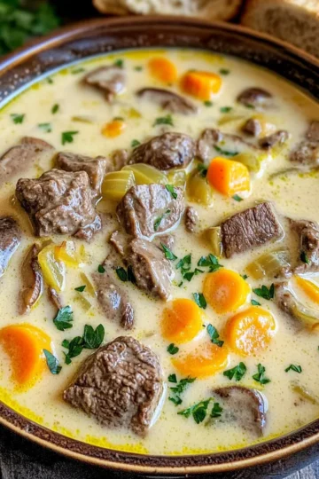 - 1 pound beef stew meat, cut into small, bite-sized cubes - 8 ounces cremini mushrooms, sliced thinly - 1 medium onion, finely chopped - 3 cloves garlic, minced - 2 medium carrots, diced into small pieces - 4 cups beef broth (preferably low-sodium) - 1 tablespoon Worcestershire sauce - 1 teaspoon dried thyme (or 1 tablespoon fresh thyme, if available) - Salt and pepper to taste - 1 cup heavy cream - 1 tablespoon fresh parsley, chopped finely (for garnish) - 2 tablespoons olive oil Gather these ingredients before you start cooking. The beef stew meat gives the soup a hearty base. Cremini mushrooms add a rich, earthy flavor. Fresh onion, garlic, and carrots bring sweetness and depth to the mix, making the soup vibrant. For the broth, low-sodium beef broth works best. It allows you to control the salt level. Worcestershire sauce and thyme add a punch of flavor, while salt and pepper enhance the taste. Heavy cream is optional, but it adds a nice creaminess. Fresh parsley not only garnishes but also adds a fresh flavor. Olive oil helps to cook the meat and veggies, enhancing their taste. Make sure to have everything ready to create a warm and inviting soup. To start, heat 2 tablespoons of olive oil in a large sauté pan over medium heat. Once the oil shimmers, add 1 pound of beef stew meat. Sear the beef cubes for about 5-7 minutes. Turn them until they get a rich brown crust. This step makes the beef tasty and adds depth to the soup. After browning, use a slotted spoon to transfer the beef to the slow cooker. Leave the excess oil in the pan; we will use it for the veggies. In the same pan, add 1 medium onion, finely chopped, and 3 cloves of minced garlic. Sauté these for about 3 minutes until the onions turn translucent and fragrant. This step builds a solid base flavor for the soup. Next, add 8 ounces of sliced cremini mushrooms. Cook them for another 5 minutes. Stir until the mushrooms are slightly golden brown. This enhances their flavor before they join the beef in the slow cooker. Now, pour 4 cups of beef broth into the slow cooker. Add the sautéed onion, garlic, and mushrooms on top of the beef. Then, toss in 2 medium diced carrots, 1 tablespoon of Worcestershire sauce, 1 teaspoon of dried thyme, and a pinch of salt and pepper. Stir the ingredients well to mix them. Cover the slow cooker and set it to cook on low for 6-8 hours or high for 3-4 hours. The beef will become tender, and the flavors will meld beautifully. About 30 minutes before serving, add 1 cup of heavy cream to the slow cooker. Stir gently to combine. Let it warm through for a rich and creamy finish. Before serving, taste the soup and adjust the seasoning with more salt and pepper if needed. This ensures each spoonful is perfectly balanced. To get the best soup, know the slow cooker settings. Use low for 6-8 hours or high for 3-4 hours. I prefer low for tender beef and deep flavor. Always check the meat. A meat thermometer helps. Aim for 190°F to ensure it's fork-tender. Browning the beef is key. Sear it in olive oil until golden brown. This step adds great flavor. Don't skip this! After cooking, taste the soup. Adjust the salt and pepper if it needs a boost. A little tweak can make a big difference. Serve your soup in deep bowls for a cozy feel. A sprinkle of fresh parsley adds color and freshness. Pair it with crusty bread for a complete meal. This makes your dish look inviting and taste even better! {{image_4}} You can switch out the beef stew meat for other meats. Try using boneless chicken thighs or pork. Both options give a different taste while still being tender. For mushrooms, cremini is my favorite. However, you can use shiitake or button mushrooms. Each type brings a unique flavor to the soup. If you want a vegetarian version, skip the meat. Use hearty vegetables like lentils or chickpeas instead. They add protein and texture. For cream, try plant-based options like coconut cream or cashew cream. These substitutes keep the soup rich and creamy. To boost flavor, add spices like smoked paprika or a dash of cayenne. Fresh herbs like rosemary or basil can make a big difference too. You can also mix in different vegetables. Consider adding peas, bell peppers, or spinach. Each adds color and nutrition to your soup. You can store creamy beef and mushroom soup in the fridge for up to 3 days. Keep it in a sealed container to maintain freshness. Glass or BPA-free plastic containers work well for this. Always let the soup cool to room temperature before sealing it up. To freeze the soup, let it cool completely first. Then, pour it into freezer-safe bags or containers. Make sure to leave some space for expansion. You can freeze it for up to 3 months. When ready to eat, thaw it in the fridge overnight for best results. The best way to reheat this soup is on the stove over low heat. Stir it often for even warming. If using a microwave, heat it in short bursts, stirring in between. To avoid cream separation, add a splash of milk or broth as you heat. This keeps the soup smooth and creamy. Yes, you can make this soup ahead of time. It tastes even better the next day! To prep, follow these steps: - Cook the soup as per the recipe. - Cool it down before storing. This helps avoid bacterial growth. - Place it in an airtight container. Store it in the fridge for up to 3 days. When you are ready to eat, simply reheat it on the stove. Use low heat to warm it up gently. Stir often to keep it creamy. If it’s too thick, add a little beef broth or water. Yes, you can make this soup gluten-free. Here are some options: - Beef broth: Make sure to use a gluten-free brand. Many brands offer low-sodium options. - Worcestershire sauce: Look for gluten-free versions. Some brands are naturally gluten-free. - Thickening agent: If you want a thicker soup, use cornstarch mixed with water instead of flour. These changes keep the soup tasty while making it gluten-free. This soup pairs well with many sides. Here are a few suggestions: - Crusty bread: A nice loaf is great for dipping. - Salad: A fresh green salad adds a crisp touch. - Rice or noodles: These can soak up the soup's rich flavor. - Cheese: A sprinkle of grated cheese on top adds creaminess. These options enhance your meal and make it more satisfying. This blog post covered making a creamy beef and mushroom soup. We explored key ingredients like beef, vegetables, and broth. I walked you through each cooking step, from searing beef to sautéing veggies. We discussed tips for perfecting flavor and presentation, plus storage and variations. Remember, cooking is creative. Feel free to swap ingredients or change flavors to suit your taste. Enjoy crafting this warm, hearty dish that your family will love!