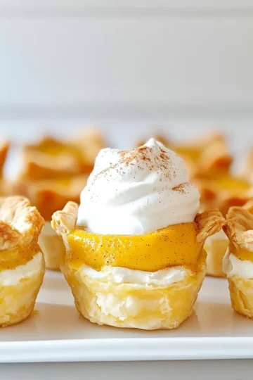 - 1 cup pumpkin puree - 8 oz cream cheese, softened to room temperature - ½ cup granulated sugar - ¼ cup packed brown sugar - 1 teaspoon pure vanilla extract - 1 teaspoon ground cinnamon - ½ teaspoon ground nutmeg - ¼ teaspoon ground ginger - ¼ teaspoon salt - 1 package refrigerated pie crust (or homemade if preferred) - 1 egg, beaten (for egg wash) - Whipped cream and a sprinkle of ground cinnamon for garnish I love using simple, fresh ingredients for these bites. Pumpkin puree brings a warm flavor. Cream cheese gives a rich, creamy texture. Try to buy high-quality cream cheese for the best results. Granulated sugar and brown sugar balance the flavors well. Vanilla extract adds a lovely aroma. The spices—cinnamon, nutmeg, and ginger—make every bite taste like fall. Salt enhances the sweetness, giving the dessert depth. You can use a store-bought pie crust, but making your own is a fun option. A beaten egg wash helps the crust turn golden brown and shiny. Finally, serve these bites with whipped cream and a dash of cinnamon on top. It adds a nice touch to the presentation! 1. In a large bowl, combine 8 oz of softened cream cheese, ½ cup granulated sugar, and ¼ cup brown sugar. 2. Stir in 1 teaspoon of pure vanilla extract and 1 cup of pumpkin puree. 3. Blend this mix until it is smooth and creamy. 4. Next, add 1 teaspoon of ground cinnamon, ½ teaspoon ground nutmeg, ¼ teaspoon ground ginger, and ¼ teaspoon salt. 5. Mix thoroughly until all spices are well blended. Set the filling aside. 1. Roll out the refrigerated pie crust on a floured surface until it’s smooth. 2. Using a cookie cutter or glass, cut out circles that are about 3-4 inches wide. 3. You should get around 24 circles, which is enough for 12 bites. 1. Preheat your air fryer to 330°F (165°C). 2. Take a pie crust circle and place a tablespoon of the filling in the center. 3. Fold the edges of the crust over the filling to make a pocket. 4. Crimp the edges with a fork to seal each bite well. 5. Brush the tops with a beaten egg for a golden finish. 6. Place the bites in a single layer in the air fryer basket. 7. Air fry for 10-12 minutes until golden brown and flaky. 8. Check halfway through to ensure even cooking. 9. Once done, let them cool slightly on a wire rack. 10. Serve warm with whipped cream on top and a sprinkle of cinnamon. To avoid cracks in the crust, use a light touch. Do not stretch the dough too much when cutting and sealing. If you see cracks, gently press them together with your fingers. This helps keep your filling inside. For even cooking in the air fryer, make sure the bites are not touching. Place them in a single layer in the basket. Air needs room to flow around each bite. This helps them cook evenly and turn golden brown. For spice variations, try adding a bit of allspice or cardamom. These spices can add warmth and depth to your bites. You can mix and match to find your perfect flavor. Adding a dash of nutmeg or cloves can elevate the taste. Nutmeg brings a warm, nutty flavor. Cloves add a sweet and slightly spicy kick. Just a pinch goes a long way! Serve your pumpkin pie cheesecake bites with whipped cream on top. This adds a creamy texture that balances the flavor. A dollop of cream also looks nice. For garnishing, sprinkle a little ground cinnamon on top. You can also add a few pecans or walnuts for crunch. This not only makes the bites look pretty but adds a nice touch to the bite. {{image_4}} You can switch pumpkin with sweet potato for a twist. Sweet potato gives a creamy texture and rich taste. It also adds a nice orange color. Try different spices to change the flavor. Instead of cinnamon, use allspice or cardamom for warmth. You can also add a hint of cloves for depth. Each spice brings a new vibe to the bites. For a gluten-free option, look for gluten-free pie crust. Many stores carry these, or you can make your own. Just ensure it is sturdy enough to hold your filling. If you're going vegan, substitute cream cheese with a plant-based option. Look for brands that mimic cream cheese well. This way, everyone can enjoy these tasty bites. Pair your bites with sauces for added flavor. A drizzle of caramel or chocolate can make them extra special. You can also serve them with a side of whipped cream for dipping. These bites work well as a festive appetizer or dessert. They are perfect for holiday gatherings or special occasions. Just place them on a nice platter, and watch them disappear! To store your pumpkin pie cheesecake bites, let them cool completely first. Place them in an airtight container. This keeps them fresh and tasty. You should enjoy them within 3 to 5 days. If you want to keep them longer, freezing is a better option. For freezing, wrap each bite in plastic wrap. Then place them in a freezer-safe bag or container. This will help prevent freezer burn. You can freeze them for up to 3 months. When you're ready to eat, take them out and let them thaw in the fridge. To reheat, air fry them at 330°F for about 5 to 7 minutes. This keeps them crispy and delicious. Before serving, reheat the bites if you stored them in the fridge or freezer. Warm bites taste best. You can serve them with a dollop of whipped cream and a sprinkle of cinnamon. This adds a nice touch and makes them look pretty. Enjoy them as a sweet treat anytime! Yes, you can use homemade pie crust. Making your own crust gives you control over the flavor and texture. A homemade crust can taste fresher and more flaky than store-bought options. To get the best texture, use cold butter in your dough. This helps create a flaky crust. Chill the dough before rolling it out, and avoid overworking it. This keeps the crust tender. You can prep these bites ahead. Make the filling and store it in the fridge for up to three days. Roll out and cut the pie crust ahead of time too. For storage, keep the bites in an airtight container. If you freeze them, place parchment paper between layers. This prevents sticking. To reheat, place them in a preheated air fryer at 330°F for 5-7 minutes. This will keep them crispy. I recommend serving these bites warm. They taste best when fresh out of the air fryer. You can add whipped cream on top for extra flavor. Pair them with a sprinkle of ground cinnamon for a nice touch. These bites also go well with caramel sauce. Enjoy them as a dessert or a fun snack! These pumpkin cheesecake bites are easy and fun to make. We covered the ingredients needed, how to prepare the filling and crust, and tips for perfecting your bites. You can try different flavors and dietary options too. With proper storage, they stay tasty for days. Enjoy experimenting and making these delights for any gathering. Your friends and family will love them. Happy cooking, and may your kitchen be filled with delicious aromas!