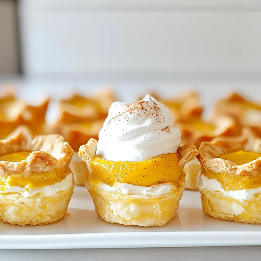 - 1 cup pumpkin puree - 8 oz cream cheese, softened to room temperature - ½ cup granulated sugar - ¼ cup packed brown sugar - 1 teaspoon pure vanilla extract - 1 teaspoon ground cinnamon - ½ teaspoon ground nutmeg - ¼ teaspoon ground ginger - ¼ teaspoon salt - 1 package refrigerated pie crust (or homemade if preferred) - 1 egg, beaten (for egg wash) - Whipped cream and a sprinkle of ground cinnamon for garnish I love using simple, fresh ingredients for these bites. Pumpkin puree brings a warm flavor. Cream cheese gives a rich, creamy texture. Try to buy high-quality cream cheese for the best results. Granulated sugar and brown sugar balance the flavors well. Vanilla extract adds a lovely aroma. The spices—cinnamon, nutmeg, and ginger—make every bite taste like fall. Salt enhances the sweetness, giving the dessert depth. You can use a store-bought pie crust, but making your own is a fun option. A beaten egg wash helps the crust turn golden brown and shiny. Finally, serve these bites with whipped cream and a dash of cinnamon on top. It adds a nice touch to the presentation! 1. In a large bowl, combine 8 oz of softened cream cheese, ½ cup granulated sugar, and ¼ cup brown sugar. 2. Stir in 1 teaspoon of pure vanilla extract and 1 cup of pumpkin puree. 3. Blend this mix until it is smooth and creamy. 4. Next, add 1 teaspoon of ground cinnamon, ½ teaspoon ground nutmeg, ¼ teaspoon ground ginger, and ¼ teaspoon salt. 5. Mix thoroughly until all spices are well blended. Set the filling aside. 1. Roll out the refrigerated pie crust on a floured surface until it’s smooth. 2. Using a cookie cutter or glass, cut out circles that are about 3-4 inches wide. 3. You should get around 24 circles, which is enough for 12 bites. 1. Preheat your air fryer to 330°F (165°C). 2. Take a pie crust circle and place a tablespoon of the filling in the center. 3. Fold the edges of the crust over the filling to make a pocket. 4. Crimp the edges with a fork to seal each bite well. 5. Brush the tops with a beaten egg for a golden finish. 6. Place the bites in a single layer in the air fryer basket. 7. Air fry for 10-12 minutes until golden brown and flaky. 8. Check halfway through to ensure even cooking. 9. Once done, let them cool slightly on a wire rack. 10. Serve warm with whipped cream on top and a sprinkle of cinnamon. To avoid cracks in the crust, use a light touch. Do not stretch the dough too much when cutting and sealing. If you see cracks, gently press them together with your fingers. This helps keep your filling inside. For even cooking in the air fryer, make sure the bites are not touching. Place them in a single layer in the basket. Air needs room to flow around each bite. This helps them cook evenly and turn golden brown. For spice variations, try adding a bit of allspice or cardamom. These spices can add warmth and depth to your bites. You can mix and match to find your perfect flavor. Adding a dash of nutmeg or cloves can elevate the taste. Nutmeg brings a warm, nutty flavor. Cloves add a sweet and slightly spicy kick. Just a pinch goes a long way! Serve your pumpkin pie cheesecake bites with whipped cream on top. This adds a creamy texture that balances the flavor. A dollop of cream also looks nice. For garnishing, sprinkle a little ground cinnamon on top. You can also add a few pecans or walnuts for crunch. This not only makes the bites look pretty but adds a nice touch to the bite. {{image_4}} You can switch pumpkin with sweet potato for a twist. Sweet potato gives a creamy texture and rich taste. It also adds a nice orange color. Try different spices to change the flavor. Instead of cinnamon, use allspice or cardamom for warmth. You can also add a hint of cloves for depth. Each spice brings a new vibe to the bites. For a gluten-free option, look for gluten-free pie crust. Many stores carry these, or you can make your own. Just ensure it is sturdy enough to hold your filling. If you're going vegan, substitute cream cheese with a plant-based option. Look for brands that mimic cream cheese well. This way, everyone can enjoy these tasty bites. Pair your bites with sauces for added flavor. A drizzle of caramel or chocolate can make them extra special. You can also serve them with a side of whipped cream for dipping. These bites work well as a festive appetizer or dessert. They are perfect for holiday gatherings or special occasions. Just place them on a nice platter, and watch them disappear! To store your pumpkin pie cheesecake bites, let them cool completely first. Place them in an airtight container. This keeps them fresh and tasty. You should enjoy them within 3 to 5 days. If you want to keep them longer, freezing is a better option. For freezing, wrap each bite in plastic wrap. Then place them in a freezer-safe bag or container. This will help prevent freezer burn. You can freeze them for up to 3 months. When you're ready to eat, take them out and let them thaw in the fridge. To reheat, air fry them at 330°F for about 5 to 7 minutes. This keeps them crispy and delicious. Before serving, reheat the bites if you stored them in the fridge or freezer. Warm bites taste best. You can serve them with a dollop of whipped cream and a sprinkle of cinnamon. This adds a nice touch and makes them look pretty. Enjoy them as a sweet treat anytime! Yes, you can use homemade pie crust. Making your own crust gives you control over the flavor and texture. A homemade crust can taste fresher and more flaky than store-bought options. To get the best texture, use cold butter in your dough. This helps create a flaky crust. Chill the dough before rolling it out, and avoid overworking it. This keeps the crust tender. You can prep these bites ahead. Make the filling and store it in the fridge for up to three days. Roll out and cut the pie crust ahead of time too. For storage, keep the bites in an airtight container. If you freeze them, place parchment paper between layers. This prevents sticking. To reheat, place them in a preheated air fryer at 330°F for 5-7 minutes. This will keep them crispy. I recommend serving these bites warm. They taste best when fresh out of the air fryer. You can add whipped cream on top for extra flavor. Pair them with a sprinkle of ground cinnamon for a nice touch. These bites also go well with caramel sauce. Enjoy them as a dessert or a fun snack! These pumpkin cheesecake bites are easy and fun to make. We covered the ingredients needed, how to prepare the filling and crust, and tips for perfecting your bites. You can try different flavors and dietary options too. With proper storage, they stay tasty for days. Enjoy experimenting and making these delights for any gathering. Your friends and family will love them. Happy cooking, and may your kitchen be filled with delicious aromas!