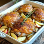 - 4 chicken thighs, skin-on - 1 cup of either homemade or store-bought apple butter - 2 medium apples, cored and sliced into thin wedges - 1 large onion, sliced into rings - 3 cloves garlic, minced finely The main ingredients create a rich flavor. Chicken thighs give a nice, juicy bite. Apple butter adds sweetness and depth. Apples provide a fresh crunch and bright taste. Onion and garlic enhance the dish with savory notes. - 1 teaspoon ground cinnamon - ½ teaspoon ground nutmeg - ½ teaspoon kosher salt - ¼ teaspoon freshly ground black pepper The spices and seasonings play a key role. Cinnamon and nutmeg bring warmth and sweetness. Kosher salt balances the flavors, while black pepper adds a slight kick. Together, they make the dish come alive. - 1 tablespoon olive oil Olive oil is essential for searing the chicken. It helps create a crispy skin and locks in juices. Using high-quality olive oil makes a noticeable difference in flavor. - Fresh thyme sprigs Fresh thyme sprigs are optional but recommended. They add a beautiful touch and fresh aroma. Just a few sprigs on top can elevate the dish's presentation. Start by heating the olive oil in a large skillet over medium-high heat. Once hot, add the chicken thighs skin-side down. Sear the chicken for about 5 minutes until the skin turns a golden brown. Flip the chicken and sear the other side for another 3 minutes. This step adds flavor. When done, transfer the chicken to a plate and set it aside. In the bottom of your slow cooker, layer the sliced onions and minced garlic evenly. This will create a sweet base. Next, arrange the apple slices on top of the onions and garlic. Make sure to distribute them well for even cooking. In a small bowl, combine the apple butter, ground cinnamon, nutmeg, kosher salt, and black pepper. Mix this until all the ingredients blend well. Pour half of this tasty mixture over the apple slices in the slow cooker. Spread it evenly so every bite is full of flavor. Carefully place the seared chicken thighs on top of the layered apples and onions in the slow cooker. Take the remaining apple butter mixture and spread it generously over the chicken. Make sure the chicken is fully coated. Secure the lid on the slow cooker. Set it to cook on low for 6-7 hours or on high for 4 hours. The chicken should be tender and falling off the bone when ready. Once the cooking time is complete, carefully remove the chicken thighs from the slow cooker. Let them rest on a cutting board for about 5 minutes. This helps keep them juicy. Stir the remaining juices and apples in the slow cooker to combine. This step allows the flavors to meld beautifully. To serve, place each chicken thigh on a plate and spoon a generous portion of the apple and juice mixture over the top. If you like, garnish with fresh thyme sprigs for an aromatic touch. Searing chicken is key to adding great taste. When you sear, you create a tasty crust. This crust locks in moisture and gives a nice look. If you skip this step, the chicken may lack flavor. You can also roast or grill the chicken, but these methods take more time. You can change the flavor to suit your taste. Try adding other fruits, like pears or cranberries, for a twist. You can also spice it up with ginger or cloves. If you prefer less sweetness, use less apple butter. Taste as you go to find your favorite mix. For a stunning presentation, serve the chicken on a rustic wooden board. Lay apple slices and thyme sprigs around the plate for color. Pair it with sides like mashed potatoes or roasted veggies for a complete meal. A light salad or a glass of cider can enhance the experience too. {{image_4}} You can add more veggies to your Slow Cooker Apple Butter Chicken Roast. Carrots, sweet potatoes, and celery make great choices. They add flavor and nutrition. Just chop them into small pieces. Layer them in the slow cooker like you do with the apples and onions. This way, they soak up all the tasty juices. You do not have to stick to chicken thighs. Boneless breasts work well too. They cook quickly and stay juicy. Drumsticks are another fun option. They add a bit of crunch and lots of flavor. Use any cut of chicken you like. Each will give you a slightly different taste and texture. If you need gluten-free meals, this recipe is easy to adjust. Just make sure your apple butter is gluten-free. You can also follow paleo or Whole30 diets with this dish. Just skip the sugar in the apple butter. You can use fresh apples for sweetness instead. This recipe fits many diets, making it a flexible choice for anyone. To bring back the warmth of your Slow Cooker Apple Butter Chicken Roast, use these methods: - Microwave: Place the chicken in a microwave-safe dish. Cover it with a lid or microwave-safe wrap. Heat it on medium power for 1-2 minutes. Check if it's warm. If not, heat more in 30-second bursts. - Oven: Preheat your oven to 350°F (175°C). Place the chicken in an oven-safe dish. Cover it with foil to keep it moist. Heat for about 15-20 minutes or until hot. Keeping the chicken moist is key. Add a splash of chicken broth or apple juice before reheating. This adds moisture and keeps the chicken tender. For storing your delicious leftovers, follow these tips: - Refrigeration: Store your chicken and apple mixture in an airtight container. It stays fresh for up to 3-4 days in the fridge. - Freezing: For longer storage, freeze the chicken in a freezer-safe bag or container. It can last for 2-3 months. Make sure to remove as much air as possible. When you’re ready to enjoy your meal again, remember to thaw it safely in the fridge overnight before reheating. This keeps the chicken juicy and flavorful. Yes, you can use other meats! Chicken thighs work well, but try pork or turkey. For pork, use a shoulder roast for a juicy meal. If you like turkey, use boneless thighs for tender meat. Each option will change the taste slightly, but they all pair well with apple butter. You have many great side dish options. Here are some ideas: - Mashed potatoes - Roasted vegetables - Rice pilaf - Green salad - Steamed broccoli These sides will balance the sweet flavor of the chicken and apple butter. The chicken is done when it reaches 165°F (75°C). You can check with a meat thermometer. The meat should be tender and fall off the bone. If the juices run clear when you cut into the chicken, it is fully cooked. Yes, you can make this meal ahead! Prepare the chicken and apple butter mix the night before. Store them in the fridge. In the morning, layer the ingredients in the slow cooker and set it to cook. This makes a busy day easier and keeps the flavors fresh. This blog post shared an easy recipe for Slow Cooker Apple Butter Chicken Roast. We explored key ingredients, cooking steps, and helpful tips. You can customize flavors and adjust the recipe for dietary needs. Knowing how to store leftovers and reheat them keeps meals fresh and tasty. In closing, make this dish your own. Have fun with flavors and sides. Slow cooking brings out rich tastes that everyone will love. Enjoy your next meal!