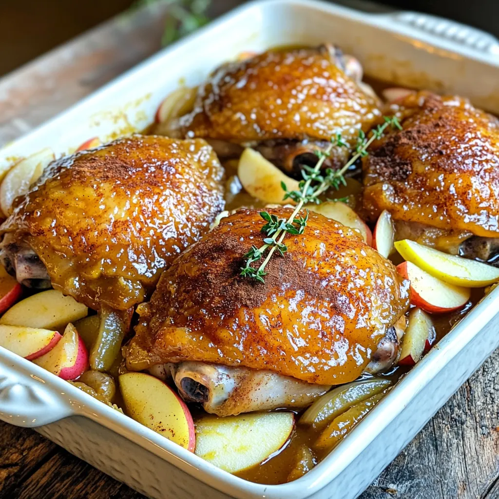 - 4 chicken thighs, skin-on - 1 cup of either homemade or store-bought apple butter - 2 medium apples, cored and sliced into thin wedges - 1 large onion, sliced into rings - 3 cloves garlic, minced finely The main ingredients create a rich flavor. Chicken thighs give a nice, juicy bite. Apple butter adds sweetness and depth. Apples provide a fresh crunch and bright taste. Onion and garlic enhance the dish with savory notes. - 1 teaspoon ground cinnamon - ½ teaspoon ground nutmeg - ½ teaspoon kosher salt - ¼ teaspoon freshly ground black pepper The spices and seasonings play a key role. Cinnamon and nutmeg bring warmth and sweetness. Kosher salt balances the flavors, while black pepper adds a slight kick. Together, they make the dish come alive. - 1 tablespoon olive oil Olive oil is essential for searing the chicken. It helps create a crispy skin and locks in juices. Using high-quality olive oil makes a noticeable difference in flavor. - Fresh thyme sprigs Fresh thyme sprigs are optional but recommended. They add a beautiful touch and fresh aroma. Just a few sprigs on top can elevate the dish's presentation. Start by heating the olive oil in a large skillet over medium-high heat. Once hot, add the chicken thighs skin-side down. Sear the chicken for about 5 minutes until the skin turns a golden brown. Flip the chicken and sear the other side for another 3 minutes. This step adds flavor. When done, transfer the chicken to a plate and set it aside. In the bottom of your slow cooker, layer the sliced onions and minced garlic evenly. This will create a sweet base. Next, arrange the apple slices on top of the onions and garlic. Make sure to distribute them well for even cooking. In a small bowl, combine the apple butter, ground cinnamon, nutmeg, kosher salt, and black pepper. Mix this until all the ingredients blend well. Pour half of this tasty mixture over the apple slices in the slow cooker. Spread it evenly so every bite is full of flavor. Carefully place the seared chicken thighs on top of the layered apples and onions in the slow cooker. Take the remaining apple butter mixture and spread it generously over the chicken. Make sure the chicken is fully coated. Secure the lid on the slow cooker. Set it to cook on low for 6-7 hours or on high for 4 hours. The chicken should be tender and falling off the bone when ready. Once the cooking time is complete, carefully remove the chicken thighs from the slow cooker. Let them rest on a cutting board for about 5 minutes. This helps keep them juicy. Stir the remaining juices and apples in the slow cooker to combine. This step allows the flavors to meld beautifully. To serve, place each chicken thigh on a plate and spoon a generous portion of the apple and juice mixture over the top. If you like, garnish with fresh thyme sprigs for an aromatic touch. Searing chicken is key to adding great taste. When you sear, you create a tasty crust. This crust locks in moisture and gives a nice look. If you skip this step, the chicken may lack flavor. You can also roast or grill the chicken, but these methods take more time. You can change the flavor to suit your taste. Try adding other fruits, like pears or cranberries, for a twist. You can also spice it up with ginger or cloves. If you prefer less sweetness, use less apple butter. Taste as you go to find your favorite mix. For a stunning presentation, serve the chicken on a rustic wooden board. Lay apple slices and thyme sprigs around the plate for color. Pair it with sides like mashed potatoes or roasted veggies for a complete meal. A light salad or a glass of cider can enhance the experience too. {{image_4}} You can add more veggies to your Slow Cooker Apple Butter Chicken Roast. Carrots, sweet potatoes, and celery make great choices. They add flavor and nutrition. Just chop them into small pieces. Layer them in the slow cooker like you do with the apples and onions. This way, they soak up all the tasty juices. You do not have to stick to chicken thighs. Boneless breasts work well too. They cook quickly and stay juicy. Drumsticks are another fun option. They add a bit of crunch and lots of flavor. Use any cut of chicken you like. Each will give you a slightly different taste and texture. If you need gluten-free meals, this recipe is easy to adjust. Just make sure your apple butter is gluten-free. You can also follow paleo or Whole30 diets with this dish. Just skip the sugar in the apple butter. You can use fresh apples for sweetness instead. This recipe fits many diets, making it a flexible choice for anyone. To bring back the warmth of your Slow Cooker Apple Butter Chicken Roast, use these methods: - Microwave: Place the chicken in a microwave-safe dish. Cover it with a lid or microwave-safe wrap. Heat it on medium power for 1-2 minutes. Check if it's warm. If not, heat more in 30-second bursts. - Oven: Preheat your oven to 350°F (175°C). Place the chicken in an oven-safe dish. Cover it with foil to keep it moist. Heat for about 15-20 minutes or until hot. Keeping the chicken moist is key. Add a splash of chicken broth or apple juice before reheating. This adds moisture and keeps the chicken tender. For storing your delicious leftovers, follow these tips: - Refrigeration: Store your chicken and apple mixture in an airtight container. It stays fresh for up to 3-4 days in the fridge. - Freezing: For longer storage, freeze the chicken in a freezer-safe bag or container. It can last for 2-3 months. Make sure to remove as much air as possible. When you’re ready to enjoy your meal again, remember to thaw it safely in the fridge overnight before reheating. This keeps the chicken juicy and flavorful. Yes, you can use other meats! Chicken thighs work well, but try pork or turkey. For pork, use a shoulder roast for a juicy meal. If you like turkey, use boneless thighs for tender meat. Each option will change the taste slightly, but they all pair well with apple butter. You have many great side dish options. Here are some ideas: - Mashed potatoes - Roasted vegetables - Rice pilaf - Green salad - Steamed broccoli These sides will balance the sweet flavor of the chicken and apple butter. The chicken is done when it reaches 165°F (75°C). You can check with a meat thermometer. The meat should be tender and fall off the bone. If the juices run clear when you cut into the chicken, it is fully cooked. Yes, you can make this meal ahead! Prepare the chicken and apple butter mix the night before. Store them in the fridge. In the morning, layer the ingredients in the slow cooker and set it to cook. This makes a busy day easier and keeps the flavors fresh. This blog post shared an easy recipe for Slow Cooker Apple Butter Chicken Roast. We explored key ingredients, cooking steps, and helpful tips. You can customize flavors and adjust the recipe for dietary needs. Knowing how to store leftovers and reheat them keeps meals fresh and tasty. In closing, make this dish your own. Have fun with flavors and sides. Slow cooking brings out rich tastes that everyone will love. Enjoy your next meal!