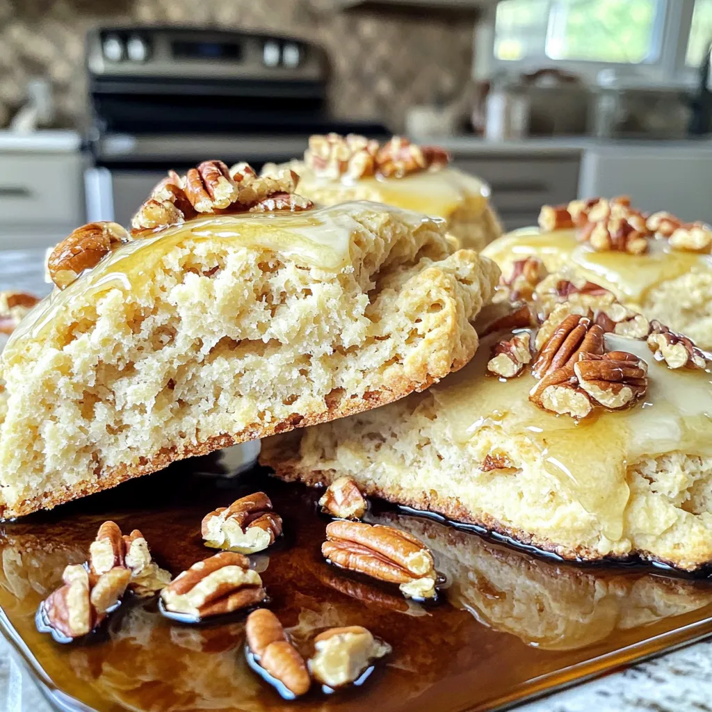 - 2 cups all-purpose flour - ⅓ cup packed brown sugar - 1 tablespoon baking powder - ½ teaspoon salt - ½ cup unsalted butter, cold and cut into small cubes - ½ cup pecans, roughly chopped - ½ cup heavy cream, plus more for brushing - ¼ cup pure maple syrup - 1 teaspoon vanilla extract - ½ teaspoon ground cinnamon (optional) Gathering the right ingredients is key to your success. You need all-purpose flour for the base. The brown sugar adds sweetness and depth. Baking powder makes your scones rise. Salt enhances all the flavors in the mix. Using cold, cubed unsalted butter gives a tender texture. Chopped pecans provide great crunch and flavor. Heavy cream binds everything together and adds richness. Pure maple syrup offers that sweet maple taste. Don’t forget the vanilla extract for extra flavor. If you love cinnamon, add it for a warm touch. Make sure to measure everything accurately. This will help you achieve the best results. Each ingredient plays a crucial role. When you combine them well, you create a delightful treat. Enjoy the process of making these scones! Start by preheating your oven to 400°F (200°C). This step ensures even baking. While the oven heats, grab a baking sheet. Line it with parchment paper. This will help prevent sticking and make cleanup easy. In a large bowl, add 2 cups of all-purpose flour, ⅓ cup of packed brown sugar, 1 tablespoon of baking powder, and ½ teaspoon of salt. If you like, add ½ teaspoon of ground cinnamon for extra flavor. Whisk them together until well mixed. This blend forms the base of your scones. Take ½ cup of cold, cubed unsalted butter and add it to the dry mix. Use your fingers or a pastry cutter to work the butter in. Aim for a crumbly texture with small pieces of butter still visible. Then, fold in ½ cup of roughly chopped pecans. This adds crunch and a nutty taste. In a new bowl, mix together ½ cup of heavy cream, ¼ cup of pure maple syrup, and 1 teaspoon of vanilla extract. Stir until you see a smooth blend. This mixture brings moisture and sweetness to your dough. Pour the wet ingredients into the dry mix. Stir gently with a spatula until just combined. The dough should be slightly shaggy, so don’t overmix. Transfer it to a floured surface and knead it a few times. Then, shape the dough into a circle about 1 inch thick. Cut this circle into 8 wedges. Place the scones on the prepared baking sheet, leaving space between them. Brush the tops of the scones with a bit of heavy cream. This gives them a nice golden color. Place the scones in the oven and bake for 15-20 minutes. They are done when they turn golden brown on top. After baking, let them cool on the sheet for a few minutes. Then move them to a wire rack to cool completely. Enjoy the warm, sweet aroma filling your kitchen! To make fluffy scones, keep your butter cold. Cold butter makes tiny pockets in the dough. This helps create a light texture. Don't overwork the dough. Mix just until it comes together. A shaggy dough is perfect. Combine your dry ingredients well. This ensures even flavor and rise. When adding butter, use your fingertips, not your palms. Your body heat can melt the butter too much. The butter should stay in small bits. Always preheat your oven to 400°F (200°C). This temperature gives a nice rise and golden color. Bake your scones for 15 to 20 minutes. Watch them closely. They should be golden brown on top. Serve scones on a rustic wooden board for charm. Drizzle extra maple syrup on top for sweetness. A pat of butter adds richness. Sprinkle more chopped pecans for extra crunch. Pair with hot tea or coffee for a cozy treat. {{image_4}} You can play with your scones by adding sweet treats. Chocolate chips are a crowd favorite. You can use dark, milk, or even white chocolate. Dried fruit also works well. Try raisins, cranberries, or apricots. These additions add flavor and texture to every bite. You can make each scone feel unique and special. If you want a twist, go savory! Adding cheese can create a rich flavor. Sharp cheddar or creamy goat cheese pairs nicely with maple. Fresh herbs can also elevate your scones. Rosemary or thyme adds a lovely aroma. These savory options are perfect for brunch or a light dinner. You can still enjoy these scones if you need gluten-free or dairy-free options. For gluten-free scones, swap all-purpose flour with a gluten-free blend. Make sure it has xanthan gum for the right texture. For dairy-free, use coconut cream in place of heavy cream. Replace butter with coconut oil or a vegan butter. These swaps keep the scones delicious while matching your dietary needs. To keep your scones fresh, store them in an airtight container. Place parchment paper between layers to avoid sticking. They stay fresh at room temperature for up to two days. If you want to keep them longer, consider freezing. To freeze scones, first let them cool completely. Then, wrap each scone in plastic wrap. Place the wrapped scones in a freezer bag. They can last up to three months in the freezer. When you want one, just take it out and enjoy! To reheat scones, preheat your oven to 350°F (175°C). Place the scones on a baking sheet. Heat for about 10 minutes. This makes them warm and flaky again. You can also microwave them for about 15-20 seconds, but the oven works best for texture. Yes, you can swap pecans for other nuts. Walnuts or almonds work well. Just remember to chop them roughly, like you would with pecans. This keeps the texture nice and crunchy. Scones are done when they turn golden brown on top. You can also check by tapping the bottom. It should sound hollow. If you see a light golden color and hear the hollow sound, they are ready! Yes, you can make and chill the dough ahead of time. Wrap it in plastic wrap and store it in the fridge for up to 24 hours. When you're ready, cut and bake as usual. This way, fresh scones are easy to enjoy anytime! These scones taste great with coffee or tea. A warm cup of chai or a latte makes a lovely match. For a refreshing twist, try them with iced herbal tea. The flavors blend perfectly, making your snack time even better! At high altitudes, you may need to change the baking powder amount. Reduce it by a quarter teaspoon. Also, add a bit more liquid to the dough, about one tablespoon. This helps keep the scones moist and fluffy, even at higher elevations. In this blog post, we explored how to create delicious maple pecan scones using simple ingredients. We covered each step, from mixing dry and wet ingredients to baking and cooling the scones. You learned tips for fluffy scones, variations to try, and how to store leftovers. Remember, baking can be fun and creative. With these easy instructions, you can impress anyone with your scones. Enjoy baking, and savor every bite!