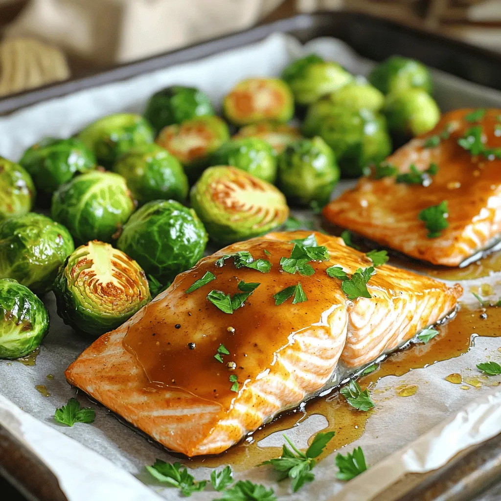 - 4 salmon fillets (6 oz each) - 2 cups Brussels sprouts, halved - ¼ cup pure maple syrup - 2 tablespoons Dijon mustard - 1 tablespoon olive oil (plus extra for Brussels sprouts) - 2 cloves garlic, minced - Salt and black pepper, to taste - 1 teaspoon smoked paprika (optional) - Fresh parsley, chopped, for garnish Gathering the right ingredients is key for this dish. Salmon fillets are rich in flavor and healthy fats. Brussels sprouts add a nice crunch and earthiness. The maple syrup gives a sweet glaze that balances the fish perfectly. For the glaze, I use Dijon mustard. It adds a tangy bite that blends well with the maple syrup. Olive oil helps the mixture coat the salmon and veggies nicely. Garlic enhances the flavor, making each bite pop. When seasoning, I like to use salt and black pepper. They bring out the best in every ingredient. Smoked paprika can add a nice hint of smoke if you want. Finally, I always finish the dish with fresh parsley. It adds color and a fresh taste. - Preheat your oven to 400°F (200°C). - Line a large baking sheet with parchment paper. This makes cleanup easy. - In a medium mixing bowl, combine: - ¼ cup pure maple syrup - 2 tablespoons Dijon mustard - 2 cloves garlic, minced - 1 tablespoon olive oil - Salt and black pepper, to taste - 1 teaspoon smoked paprika (optional) - Whisk these ingredients together until smooth. This glaze adds a sweet and savory touch. - Place the halved Brussels sprouts on one side of the baking sheet. - Drizzle a bit of olive oil over them. - Season with salt and black pepper, then toss well. - On the other side, arrange the 4 salmon fillets, skin-side down. - Brush the glaze generously over each fillet. Save a little glaze for later. - Slide the baking sheet into the oven. Bake for 15-20 minutes. - Salmon is done when it flakes easily with a fork. Brussels sprouts should be tender and caramelized. - For the last 2-3 minutes, switch to broil. This adds a nice finish. Watch closely to avoid burning. - Carefully take out the baking sheet from the oven. - Drizzle the reserved glaze over the salmon fillets for extra flavor. - Sprinkle freshly chopped parsley on top for a bright garnish. To cook salmon just right, aim for an internal temperature of 145°F. This ensures it is safe to eat. To check, use a food thermometer. The salmon should flake easily with a fork when done. When broiling, keep a close eye on the fish. Place it about six inches from the heat. This helps caramelize the glaze and adds a nice finish. Broil for just 2-3 minutes. Be patient; it can burn quickly! For the best Brussels sprouts, cut them in half to help them cook evenly. Trim the ends and remove any yellow leaves. Toss them with olive oil, salt, and pepper. This simple mix brings out their natural flavor. You can also roast, steam, or sauté Brussels sprouts. Roasting gives them a nice crunch. Steaming keeps them tender, while sautéing adds a quick char. Choose a method based on your preference! For serving, you can keep things rustic by using the baking sheet. Just serve the salmon and Brussels sprouts right from it. This looks warm and inviting. If you want a fancier look, plate each piece separately. Drizzle extra glaze on top and sprinkle with fresh parsley. This adds color and freshness. You can even use a squeeze of lemon for a bright touch! {{image_4}} You can change the flavor of this dish easily. Adding citrus zest, like lemon or orange, brightens the glaze. Just a teaspoon of zest can make a big difference. It adds a fresh taste that pairs well with salmon. You can also try different types of mustard. Honey mustard adds sweetness, while whole grain mustard gives a nice crunch. Each choice brings a unique twist to the dish. If you want to switch up the protein, try using trout or tilapia. Both cook well and taste great with maple glaze. They offer a mild flavor that works perfectly. For veggies, feel free to swap Brussels sprouts with asparagus or green beans. These alternatives roast nicely and add color to your plate. Want a different method? You can grill the salmon. Just make sure to coat it well with the glaze. Cooking it on a grill gives a smoky flavor that is delicious. An air fryer is another option. It cooks the salmon quickly and keeps it moist. Adjust the cooking time to about 10-15 minutes. Keep an eye on it to avoid overcooking. To keep your Maple Glazed Salmon and Brussels sprouts fresh, store leftovers in an airtight container. Refrigerate them right away. This will help maintain flavor and texture. You can keep the dish in the fridge for up to three days. If you notice any off smells or changes in color, it's best to throw it away. When it's time to enjoy your leftovers, you have a few options. You can reheat the salmon in the oven at 350°F for 10-15 minutes. This method keeps the fish moist. You can also use the microwave. Use low power and heat in short bursts. For the Brussels sprouts, try to sauté them in a pan. This helps keep their crispness. If you want to save some for later, freezing is a good option. First, let the dish cool completely. Then, wrap the salmon and sprouts tightly in plastic wrap. Place them in a freezer-safe bag or container. You can freeze them for up to three months. When you're ready to eat, thaw the dish in the fridge overnight. Reheat in the oven as mentioned before. This will help you enjoy a tasty meal even after some time! Bake salmon for 15 to 20 minutes at 400°F. The salmon is done when it flakes easily with a fork. It should be opaque and no longer look raw. If you like a bit of crisp on top, broil for the last 2-3 minutes. Yes, you can use frozen salmon. Just thaw the fillets in the fridge overnight. If you're short on time, you can also thaw them in cold water for about an hour. Pat them dry before baking to help the glaze stick. You can serve this dish with several sides. Try a fresh salad or roasted potatoes. Quinoa or rice also pairs well. For a veggie boost, add steamed green beans or a side of corn. Check salmon at the thickest part with a fork. It should flake easily and lose its raw look. You can also use a food thermometer. The internal temperature should reach 145°F for safe eating. In this post, we explored the tasty maple-glazed salmon recipe. We covered key ingredients like salmon, Brussels sprouts, and maple syrup. I shared step-by-step instructions on preparing, baking, and garnishing this dish. You learned tips for perfect cooking, fun variations, and how to store leftovers. Try this recipe to impress your family and friends. Enjoy the blend of flavors and the healthy benefits of salmon! Happy cooking!