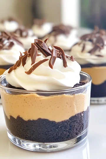 To make these tasty chocolate peanut butter cheesecake cups, you'll need: - 1 cup chocolate cookie crumbs - ¼ cup unsalted butter, melted - 8 oz cream cheese, softened - ½ cup creamy peanut butter - ½ cup powdered sugar - 1 teaspoon pure vanilla extract - 1 cup heavy whipping cream, chilled - Chocolate shavings and/or cocoa powder for garnish You can swap out some ingredients if needed: - For chocolate cookie crumbs, use graham cracker crumbs. - If you want a healthier option, try using low-fat cream cheese. - You can replace creamy peanut butter with crunchy peanut butter for more texture. - For a vegan version, use plant-based cream cheese and coconut cream instead of heavy cream. Choosing the right ingredients makes a big difference: - Use fresh cream cheese. It should feel smooth and free of lumps. - Pick high-quality peanut butter. Look for brands with only peanuts and salt. - Select unsweetened cocoa powder for a deeper chocolate flavor. - When buying heavy cream, check for a high fat content (at least 36%). - For chocolate shavings, use a good quality dark chocolate for rich taste. Making these cups with quality ingredients will bring out the best flavors. To start, grab a medium bowl. Add 1 cup of chocolate cookie crumbs and ¼ cup of melted butter. Mix these two until the crumbs are well coated. This step is key for a tasty crust. Next, use a tablespoon to scoop the mixture into serving cups. Press it down firmly to make a solid base. This helps the crust hold its shape. Once you finish, set the cups aside. Let them firm up while you prepare the filling. Now, take a large bowl. Beat 8 ounces of softened cream cheese with an electric mixer. Go on medium speed until it’s smooth and creamy. No lumps should remain! Gradually mix in ½ cup of creamy peanut butter, ½ cup of powdered sugar, and 1 teaspoon of vanilla extract. Keep mixing until everything is mixed well. The mixture should be thick and smooth. In another bowl, whip 1 cup of chilled heavy cream. Use high speed until stiff peaks form. Be careful not to over-whip it! Gently fold the whipped cream into the peanut butter mixture. Use a spatula to keep it airy. Spoon the peanut butter cheesecake filling into each cup. Fill them generously over the chocolate crust. Smooth the tops with a spoon for a neat look. Once filled, cover the cups with plastic wrap. Refrigerate for at least 4 hours. This time lets the filling set and become firm. The final result will be creamy and delicious cheesecake cups. Enjoy! To make great whipped cream, start with cold cream. Use heavy whipping cream for best results. Beat it in a clean bowl until stiff peaks form. This means the cream holds its shape. Avoid over-beating, as it can turn grainy. If it does, you can add a bit of fresh cream to fix it. Remember, the goal is a light and fluffy texture. This whipped cream will make your cheesecake cups extra special. A smooth cheesecake filling is key to great flavor. Begin with room temperature cream cheese. This helps it mix well without lumps. Use an electric mixer on medium speed when blending. Gradually add peanut butter, powdered sugar, and vanilla. Mix until everything is combined and creamy. When you fold in the whipped cream, do it gently. This keeps the filling light and airy. The perfect filling is rich and smooth, making each bite a delight. Presentation matters, especially for dessert. Use clear cups or small glasses to show off layers. Arrange them on a pretty platter for a nice touch. Before serving, drizzle warm peanut butter and chocolate sauce on top. Add chocolate shavings or a dusting of cocoa powder for flair. These small details make your cheesecake cups look gourmet. Guests will love the taste and the look of this treat! {{image_4}} You can jazz up your Chocolate Peanut Butter Cheesecake Cups with fun add-ins. Try adding chocolate chips for extra texture and sweetness. You can mix in chopped nuts for a crunchy bite. If you love fruit, consider folding in some mashed bananas or a splash of raspberry puree. These flavors will blend well with the rich peanut butter and chocolate. If you need a gluten-free option, swap chocolate cookie crumbs for gluten-free cookies or almond flour. You can use dairy-free cream cheese and heavy cream for a vegan version. Just ensure your peanut butter is also free from added sugars. These swaps keep the dessert tasty while meeting your dietary needs. Toppings can take your cheesecake cups to a new level. Drizzle warm peanut butter or chocolate sauce on top for a rich finish. You can also sprinkle crushed graham crackers or nuts for crunch. Try adding fresh berries or a mint leaf for color. These simple touches make your dessert look gourmet and inviting. Store your chocolate peanut butter cheesecake cups in the fridge. Use an airtight container to keep them fresh. Covering each cup with plastic wrap also works well. This keeps moisture out and flavors in. These cheesecake cups last up to five days in the fridge. If you want to freeze them, wrap each cup tightly. Use plastic wrap and then foil to protect them. They can last in the freezer for up to three months. When you’re ready to eat, thaw them in the fridge overnight. You do not need to reheat these cheesecake cups. They taste best when served cold. If you want to enhance the flavor, drizzle warm peanut butter or chocolate sauce on top. Enjoy these creamy treats straight from the fridge! Yes, you can make these cheesecake cups a day or two ahead. They taste great after chilling. Just cover them well with plastic wrap. Keep them in the fridge until you are ready to serve. This will save you time on the day of your event. If your filling is too runny, try these steps. First, make sure you whip the cream until stiff peaks form. This adds volume and helps set the mixture. If it’s still runny, you can add a bit more powdered sugar. This will help thicken it up. Lastly, make sure to chill the cups long enough. The filling needs time to set properly. Yes, you can use low-fat cream cheese if you prefer. It will still work well in the recipe. The texture may be a bit different but it will taste great. Just remember that it may not be as rich as the full-fat version. If you use low-fat, watch the mixing time. Overmixing can make it watery. You now have all the details for making delicious peanut butter cheesecake cups. From choosing quality ingredients to mastering the crust, each step is key. Remember, small tricks can make a big difference in taste and look. Variations let you adapt the cups to your needs or flavor likes. Store them right, and they’ll stay fresh for days. With all this info, you'll create amazing dessert cups that everyone will love. Enjoy every bite and share your results!