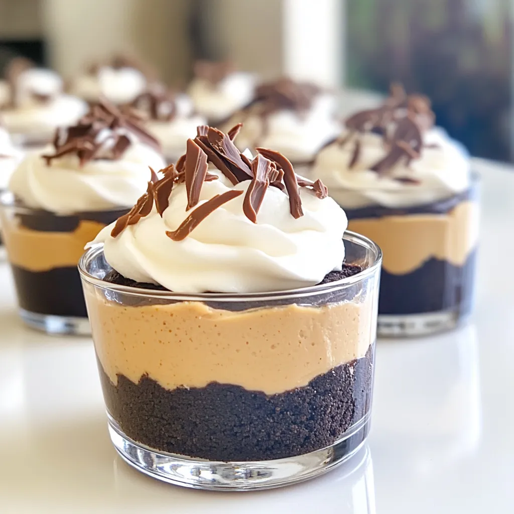 To make these tasty chocolate peanut butter cheesecake cups, you'll need: - 1 cup chocolate cookie crumbs - ¼ cup unsalted butter, melted - 8 oz cream cheese, softened - ½ cup creamy peanut butter - ½ cup powdered sugar - 1 teaspoon pure vanilla extract - 1 cup heavy whipping cream, chilled - Chocolate shavings and/or cocoa powder for garnish You can swap out some ingredients if needed: - For chocolate cookie crumbs, use graham cracker crumbs. - If you want a healthier option, try using low-fat cream cheese. - You can replace creamy peanut butter with crunchy peanut butter for more texture. - For a vegan version, use plant-based cream cheese and coconut cream instead of heavy cream. Choosing the right ingredients makes a big difference: - Use fresh cream cheese. It should feel smooth and free of lumps. - Pick high-quality peanut butter. Look for brands with only peanuts and salt. - Select unsweetened cocoa powder for a deeper chocolate flavor. - When buying heavy cream, check for a high fat content (at least 36%). - For chocolate shavings, use a good quality dark chocolate for rich taste. Making these cups with quality ingredients will bring out the best flavors. To start, grab a medium bowl. Add 1 cup of chocolate cookie crumbs and ¼ cup of melted butter. Mix these two until the crumbs are well coated. This step is key for a tasty crust. Next, use a tablespoon to scoop the mixture into serving cups. Press it down firmly to make a solid base. This helps the crust hold its shape. Once you finish, set the cups aside. Let them firm up while you prepare the filling. Now, take a large bowl. Beat 8 ounces of softened cream cheese with an electric mixer. Go on medium speed until it’s smooth and creamy. No lumps should remain! Gradually mix in ½ cup of creamy peanut butter, ½ cup of powdered sugar, and 1 teaspoon of vanilla extract. Keep mixing until everything is mixed well. The mixture should be thick and smooth. In another bowl, whip 1 cup of chilled heavy cream. Use high speed until stiff peaks form. Be careful not to over-whip it! Gently fold the whipped cream into the peanut butter mixture. Use a spatula to keep it airy. Spoon the peanut butter cheesecake filling into each cup. Fill them generously over the chocolate crust. Smooth the tops with a spoon for a neat look. Once filled, cover the cups with plastic wrap. Refrigerate for at least 4 hours. This time lets the filling set and become firm. The final result will be creamy and delicious cheesecake cups. Enjoy! To make great whipped cream, start with cold cream. Use heavy whipping cream for best results. Beat it in a clean bowl until stiff peaks form. This means the cream holds its shape. Avoid over-beating, as it can turn grainy. If it does, you can add a bit of fresh cream to fix it. Remember, the goal is a light and fluffy texture. This whipped cream will make your cheesecake cups extra special. A smooth cheesecake filling is key to great flavor. Begin with room temperature cream cheese. This helps it mix well without lumps. Use an electric mixer on medium speed when blending. Gradually add peanut butter, powdered sugar, and vanilla. Mix until everything is combined and creamy. When you fold in the whipped cream, do it gently. This keeps the filling light and airy. The perfect filling is rich and smooth, making each bite a delight. Presentation matters, especially for dessert. Use clear cups or small glasses to show off layers. Arrange them on a pretty platter for a nice touch. Before serving, drizzle warm peanut butter and chocolate sauce on top. Add chocolate shavings or a dusting of cocoa powder for flair. These small details make your cheesecake cups look gourmet. Guests will love the taste and the look of this treat! {{image_4}} You can jazz up your Chocolate Peanut Butter Cheesecake Cups with fun add-ins. Try adding chocolate chips for extra texture and sweetness. You can mix in chopped nuts for a crunchy bite. If you love fruit, consider folding in some mashed bananas or a splash of raspberry puree. These flavors will blend well with the rich peanut butter and chocolate. If you need a gluten-free option, swap chocolate cookie crumbs for gluten-free cookies or almond flour. You can use dairy-free cream cheese and heavy cream for a vegan version. Just ensure your peanut butter is also free from added sugars. These swaps keep the dessert tasty while meeting your dietary needs. Toppings can take your cheesecake cups to a new level. Drizzle warm peanut butter or chocolate sauce on top for a rich finish. You can also sprinkle crushed graham crackers or nuts for crunch. Try adding fresh berries or a mint leaf for color. These simple touches make your dessert look gourmet and inviting. Store your chocolate peanut butter cheesecake cups in the fridge. Use an airtight container to keep them fresh. Covering each cup with plastic wrap also works well. This keeps moisture out and flavors in. These cheesecake cups last up to five days in the fridge. If you want to freeze them, wrap each cup tightly. Use plastic wrap and then foil to protect them. They can last in the freezer for up to three months. When you’re ready to eat, thaw them in the fridge overnight. You do not need to reheat these cheesecake cups. They taste best when served cold. If you want to enhance the flavor, drizzle warm peanut butter or chocolate sauce on top. Enjoy these creamy treats straight from the fridge! Yes, you can make these cheesecake cups a day or two ahead. They taste great after chilling. Just cover them well with plastic wrap. Keep them in the fridge until you are ready to serve. This will save you time on the day of your event. If your filling is too runny, try these steps. First, make sure you whip the cream until stiff peaks form. This adds volume and helps set the mixture. If it’s still runny, you can add a bit more powdered sugar. This will help thicken it up. Lastly, make sure to chill the cups long enough. The filling needs time to set properly. Yes, you can use low-fat cream cheese if you prefer. It will still work well in the recipe. The texture may be a bit different but it will taste great. Just remember that it may not be as rich as the full-fat version. If you use low-fat, watch the mixing time. Overmixing can make it watery. You now have all the details for making delicious peanut butter cheesecake cups. From choosing quality ingredients to mastering the crust, each step is key. Remember, small tricks can make a big difference in taste and look. Variations let you adapt the cups to your needs or flavor likes. Store them right, and they’ll stay fresh for days. With all this info, you'll create amazing dessert cups that everyone will love. Enjoy every bite and share your results!