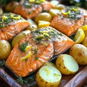 - 4 salmon fillets (approximately 6 oz each) - 1 lb baby potatoes, halved - 1 lemon, zested and juiced - 4 tablespoons extra virgin olive oil - 2 tablespoons fresh parsley, finely chopped - 1 tablespoon fresh dill, finely chopped - 4 garlic cloves, minced - Sea salt and freshly cracked black pepper to taste - Lemon wedges for serving - Extra parsley for garnish When preparing this dish, focus on the main ingredients. The salmon fillets should be fresh and firm. Look for bright color and a clean smell. The baby potatoes should be small and tender. Halving them allows for quicker cooking and helps them soak up flavors. The lemon adds a bright zest. Zesting first captures the oils from the skin. The juice gives a fresh, tangy kick. Fresh herbs like parsley and dill elevate the flavors. Garlic adds depth and warmth. Olive oil is essential for a rich taste. It helps the skin of the salmon crisp up in the oven. Using sea salt and cracked black pepper enhances the overall flavor. For serving, lemon wedges are a lovely touch. They add color and extra brightness. Extra parsley can make the dish look fresh and inviting. Gather all these ingredients before you cook. This makes the process smooth and fun. Happy cooking! Preheating your oven is very important. It helps your food cook evenly. Set your oven to 400°F (200°C). This is the ideal temperature for roasting salmon and potatoes. Take 1 pound of halved baby potatoes and place them in a large bowl. Add 2 tablespoons of olive oil, half of the lemon juice, and 4 minced garlic cloves. Make sure to sprinkle in some sea salt and black pepper too. Mix everything well. This step ensures that all potato pieces get a nice coating of flavor. Spread the seasoned potatoes out in a single layer on a baking sheet. Put the sheet in the preheated oven. Roast the potatoes for about 20 minutes. You know they are ready when they start to soften and look golden brown. While your potatoes roast, prepare the salmon. In a small bowl, mix together the remaining 2 tablespoons of olive oil, lemon zest, 2 tablespoons of chopped parsley, and 1 tablespoon of dill. Add a pinch of salt and pepper. Brush this tasty mix over the top of the salmon fillets. Squeeze the rest of the lemon juice over the fish for extra zest. After 20 minutes, take the baking sheet out of the oven. Use a spatula to push the potatoes to one side. This will make room for the salmon. Place the salmon fillets skin-side down in the cleared space. Put the sheet pan back in the oven. Roast everything for another 12-15 minutes. The salmon is done when it flakes easily with a fork and turns a nice opaque pink. The potatoes should be tender and golden brown. Once everything is cooked, carefully remove the sheet pan from the oven. Serve the dish hot. Add lemon wedges and extra parsley on top for a nice touch. For a great presentation, arrange the salmon and potatoes on a large platter. Drizzle some pan juices over the top to add flavor and color. Enjoy your delicious meal! How do you tell when salmon is done? Look for a few signs. The salmon should be opaque and flake easily with a fork. You can also use a thermometer. The recommended internal temperature is 145°F (63°C). At this point, your salmon is safe to eat and will be juicy. How do you ensure potatoes are crispy? Start with even-sized pieces. This helps them cook at the same rate. Coat them well with olive oil and seasonings. Bake them until they are golden brown. You can also try different potato types. Sweet potatoes or Yukon golds work great too. Why is even size important for cooking? If pieces are uneven, some will cook faster. This can lead to mushy potatoes or dry salmon. Always aim for uniform pieces for best results. How do you maintain flavor balance? Use herbs, garlic, and lemon to enhance taste. These ingredients complement both salmon and potatoes well. {{image_4}} You can switch up the herbs in this dish. Fresh basil or tarragon add great flavor. Oregano also works well and brings a nice touch. Mix different herbs with salmon to create unique tastes. For example, dill gives a fresh flavor, while parsley adds brightness. Combining these herbs can elevate your dish. You can use many vegetables with this recipe. Asparagus, green beans, or bell peppers pair well with salmon. Broccoli or zucchini can also add color and taste. Just remember to adjust cooking times. For softer veggies like zucchini, add them later. For harder veggies like carrots, start them earlier. Want to spice things up? Consider adding paprika or cumin for warmth. A pinch of red pepper flakes can bring some heat. You can also switch the lemon for lime or orange. Each citrus fruit gives a new twist. Experiment with different flavors to find your favorite! To keep your leftovers fresh, follow these simple steps. First, let the dish cool down to room temperature. Then, store the salmon and potatoes in airtight containers. This keeps moisture in and air out. Glass or BPA-free plastic containers work well. Use containers that fit the amount of food you have. When you reheat your leftovers, you want to keep them tasty. The best methods are the oven or microwave. If using the oven, set it to 350°F (175°C). Place your salmon and potatoes on a baking sheet. Heat for about 10-15 minutes until warm. In the microwave, heat in short bursts of 30 seconds. Check often to avoid overcooking. Salmon can dry out, so keep an eye on it. If you want to freeze this dish, first let it cool completely. Wrap each piece of salmon and potatoes in plastic wrap. Place them in freezer-safe bags or containers. Be sure to remove as much air as possible. This helps prevent freezer burn. For the best taste, use within three months. When ready to eat, thaw in the fridge overnight. After thawing, reheat as mentioned earlier. Yes, you can use frozen salmon. First, thaw the salmon in the fridge overnight. If you're short on time, you can place the sealed salmon in cold water for about an hour. Cook the salmon right after thawing. Ensure it reaches the right temperature for safe eating. This dish pairs well with many sides. Here are some great options: - Steamed broccoli - Mixed green salad - Quinoa or couscous - Roasted asparagus These sides add color and nutrition, making your meal well-rounded. To check if the salmon is cooked, look for these signs: - The color should change to opaque pink. - It should flake easily with a fork. - The internal temperature should reach 145°F (63°C). These checks will help you serve perfect salmon every time. You can prep this dish ahead. Cut the potatoes and season the salmon a few hours before cooking. Store them in the fridge until you're ready to cook. Just remember to let everything sit at room temperature for about 15 minutes before roasting. This dish lasts about 3 days in the fridge. Store it in an airtight container. Make sure to cool it down before sealing. When reheating, warm it gently to avoid overcooking the salmon. Enjoy your leftovers! This article gave you key recipes for a tasty dish. We explored main ingredients, seasonings, and step-by-step cooking. I shared tips for perfect salmon and potatoes, plus storage advice. You learned about variations to keep it fresh, too. Remember, cooking should be fun and simple. Use these ideas to create a great meal. Enjoy the flavors and make it your own! Your kitchen is now ready for success.