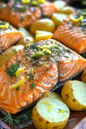 - 4 salmon fillets (approximately 6 oz each) - 1 lb baby potatoes, halved - 1 lemon, zested and juiced - 4 tablespoons extra virgin olive oil - 2 tablespoons fresh parsley, finely chopped - 1 tablespoon fresh dill, finely chopped - 4 garlic cloves, minced - Sea salt and freshly cracked black pepper to taste - Lemon wedges for serving - Extra parsley for garnish When preparing this dish, focus on the main ingredients. The salmon fillets should be fresh and firm. Look for bright color and a clean smell. The baby potatoes should be small and tender. Halving them allows for quicker cooking and helps them soak up flavors. The lemon adds a bright zest. Zesting first captures the oils from the skin. The juice gives a fresh, tangy kick. Fresh herbs like parsley and dill elevate the flavors. Garlic adds depth and warmth. Olive oil is essential for a rich taste. It helps the skin of the salmon crisp up in the oven. Using sea salt and cracked black pepper enhances the overall flavor. For serving, lemon wedges are a lovely touch. They add color and extra brightness. Extra parsley can make the dish look fresh and inviting. Gather all these ingredients before you cook. This makes the process smooth and fun. Happy cooking! Preheating your oven is very important. It helps your food cook evenly. Set your oven to 400°F (200°C). This is the ideal temperature for roasting salmon and potatoes. Take 1 pound of halved baby potatoes and place them in a large bowl. Add 2 tablespoons of olive oil, half of the lemon juice, and 4 minced garlic cloves. Make sure to sprinkle in some sea salt and black pepper too. Mix everything well. This step ensures that all potato pieces get a nice coating of flavor. Spread the seasoned potatoes out in a single layer on a baking sheet. Put the sheet in the preheated oven. Roast the potatoes for about 20 minutes. You know they are ready when they start to soften and look golden brown. While your potatoes roast, prepare the salmon. In a small bowl, mix together the remaining 2 tablespoons of olive oil, lemon zest, 2 tablespoons of chopped parsley, and 1 tablespoon of dill. Add a pinch of salt and pepper. Brush this tasty mix over the top of the salmon fillets. Squeeze the rest of the lemon juice over the fish for extra zest. After 20 minutes, take the baking sheet out of the oven. Use a spatula to push the potatoes to one side. This will make room for the salmon. Place the salmon fillets skin-side down in the cleared space. Put the sheet pan back in the oven. Roast everything for another 12-15 minutes. The salmon is done when it flakes easily with a fork and turns a nice opaque pink. The potatoes should be tender and golden brown. Once everything is cooked, carefully remove the sheet pan from the oven. Serve the dish hot. Add lemon wedges and extra parsley on top for a nice touch. For a great presentation, arrange the salmon and potatoes on a large platter. Drizzle some pan juices over the top to add flavor and color. Enjoy your delicious meal! How do you tell when salmon is done? Look for a few signs. The salmon should be opaque and flake easily with a fork. You can also use a thermometer. The recommended internal temperature is 145°F (63°C). At this point, your salmon is safe to eat and will be juicy. How do you ensure potatoes are crispy? Start with even-sized pieces. This helps them cook at the same rate. Coat them well with olive oil and seasonings. Bake them until they are golden brown. You can also try different potato types. Sweet potatoes or Yukon golds work great too. Why is even size important for cooking? If pieces are uneven, some will cook faster. This can lead to mushy potatoes or dry salmon. Always aim for uniform pieces for best results. How do you maintain flavor balance? Use herbs, garlic, and lemon to enhance taste. These ingredients complement both salmon and potatoes well. {{image_4}} You can switch up the herbs in this dish. Fresh basil or tarragon add great flavor. Oregano also works well and brings a nice touch. Mix different herbs with salmon to create unique tastes. For example, dill gives a fresh flavor, while parsley adds brightness. Combining these herbs can elevate your dish. You can use many vegetables with this recipe. Asparagus, green beans, or bell peppers pair well with salmon. Broccoli or zucchini can also add color and taste. Just remember to adjust cooking times. For softer veggies like zucchini, add them later. For harder veggies like carrots, start them earlier. Want to spice things up? Consider adding paprika or cumin for warmth. A pinch of red pepper flakes can bring some heat. You can also switch the lemon for lime or orange. Each citrus fruit gives a new twist. Experiment with different flavors to find your favorite! To keep your leftovers fresh, follow these simple steps. First, let the dish cool down to room temperature. Then, store the salmon and potatoes in airtight containers. This keeps moisture in and air out. Glass or BPA-free plastic containers work well. Use containers that fit the amount of food you have. When you reheat your leftovers, you want to keep them tasty. The best methods are the oven or microwave. If using the oven, set it to 350°F (175°C). Place your salmon and potatoes on a baking sheet. Heat for about 10-15 minutes until warm. In the microwave, heat in short bursts of 30 seconds. Check often to avoid overcooking. Salmon can dry out, so keep an eye on it. If you want to freeze this dish, first let it cool completely. Wrap each piece of salmon and potatoes in plastic wrap. Place them in freezer-safe bags or containers. Be sure to remove as much air as possible. This helps prevent freezer burn. For the best taste, use within three months. When ready to eat, thaw in the fridge overnight. After thawing, reheat as mentioned earlier. Yes, you can use frozen salmon. First, thaw the salmon in the fridge overnight. If you're short on time, you can place the sealed salmon in cold water for about an hour. Cook the salmon right after thawing. Ensure it reaches the right temperature for safe eating. This dish pairs well with many sides. Here are some great options: - Steamed broccoli - Mixed green salad - Quinoa or couscous - Roasted asparagus These sides add color and nutrition, making your meal well-rounded. To check if the salmon is cooked, look for these signs: - The color should change to opaque pink. - It should flake easily with a fork. - The internal temperature should reach 145°F (63°C). These checks will help you serve perfect salmon every time. You can prep this dish ahead. Cut the potatoes and season the salmon a few hours before cooking. Store them in the fridge until you're ready to cook. Just remember to let everything sit at room temperature for about 15 minutes before roasting. This dish lasts about 3 days in the fridge. Store it in an airtight container. Make sure to cool it down before sealing. When reheating, warm it gently to avoid overcooking the salmon. Enjoy your leftovers! This article gave you key recipes for a tasty dish. We explored main ingredients, seasonings, and step-by-step cooking. I shared tips for perfect salmon and potatoes, plus storage advice. You learned about variations to keep it fresh, too. Remember, cooking should be fun and simple. Use these ideas to create a great meal. Enjoy the flavors and make it your own! Your kitchen is now ready for success.