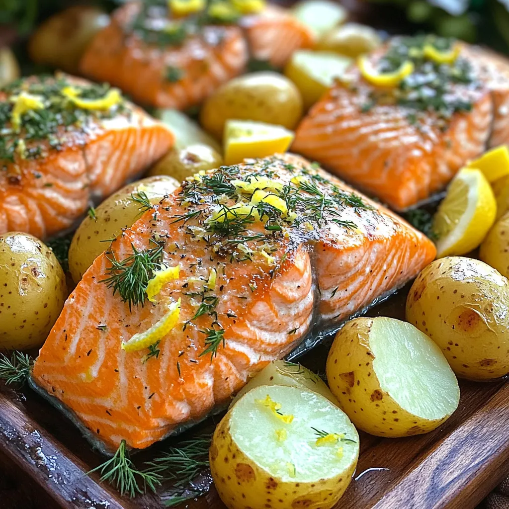 - 4 salmon fillets (approximately 6 oz each) - 1 lb baby potatoes, halved - 1 lemon, zested and juiced - 4 tablespoons extra virgin olive oil - 2 tablespoons fresh parsley, finely chopped - 1 tablespoon fresh dill, finely chopped - 4 garlic cloves, minced - Sea salt and freshly cracked black pepper to taste - Lemon wedges for serving - Extra parsley for garnish When preparing this dish, focus on the main ingredients. The salmon fillets should be fresh and firm. Look for bright color and a clean smell. The baby potatoes should be small and tender. Halving them allows for quicker cooking and helps them soak up flavors. The lemon adds a bright zest. Zesting first captures the oils from the skin. The juice gives a fresh, tangy kick. Fresh herbs like parsley and dill elevate the flavors. Garlic adds depth and warmth. Olive oil is essential for a rich taste. It helps the skin of the salmon crisp up in the oven. Using sea salt and cracked black pepper enhances the overall flavor. For serving, lemon wedges are a lovely touch. They add color and extra brightness. Extra parsley can make the dish look fresh and inviting. Gather all these ingredients before you cook. This makes the process smooth and fun. Happy cooking! Preheating your oven is very important. It helps your food cook evenly. Set your oven to 400°F (200°C). This is the ideal temperature for roasting salmon and potatoes. Take 1 pound of halved baby potatoes and place them in a large bowl. Add 2 tablespoons of olive oil, half of the lemon juice, and 4 minced garlic cloves. Make sure to sprinkle in some sea salt and black pepper too. Mix everything well. This step ensures that all potato pieces get a nice coating of flavor. Spread the seasoned potatoes out in a single layer on a baking sheet. Put the sheet in the preheated oven. Roast the potatoes for about 20 minutes. You know they are ready when they start to soften and look golden brown. While your potatoes roast, prepare the salmon. In a small bowl, mix together the remaining 2 tablespoons of olive oil, lemon zest, 2 tablespoons of chopped parsley, and 1 tablespoon of dill. Add a pinch of salt and pepper. Brush this tasty mix over the top of the salmon fillets. Squeeze the rest of the lemon juice over the fish for extra zest. After 20 minutes, take the baking sheet out of the oven. Use a spatula to push the potatoes to one side. This will make room for the salmon. Place the salmon fillets skin-side down in the cleared space. Put the sheet pan back in the oven. Roast everything for another 12-15 minutes. The salmon is done when it flakes easily with a fork and turns a nice opaque pink. The potatoes should be tender and golden brown. Once everything is cooked, carefully remove the sheet pan from the oven. Serve the dish hot. Add lemon wedges and extra parsley on top for a nice touch. For a great presentation, arrange the salmon and potatoes on a large platter. Drizzle some pan juices over the top to add flavor and color. Enjoy your delicious meal! How do you tell when salmon is done? Look for a few signs. The salmon should be opaque and flake easily with a fork. You can also use a thermometer. The recommended internal temperature is 145°F (63°C). At this point, your salmon is safe to eat and will be juicy. How do you ensure potatoes are crispy? Start with even-sized pieces. This helps them cook at the same rate. Coat them well with olive oil and seasonings. Bake them until they are golden brown. You can also try different potato types. Sweet potatoes or Yukon golds work great too. Why is even size important for cooking? If pieces are uneven, some will cook faster. This can lead to mushy potatoes or dry salmon. Always aim for uniform pieces for best results. How do you maintain flavor balance? Use herbs, garlic, and lemon to enhance taste. These ingredients complement both salmon and potatoes well. {{image_4}} You can switch up the herbs in this dish. Fresh basil or tarragon add great flavor. Oregano also works well and brings a nice touch. Mix different herbs with salmon to create unique tastes. For example, dill gives a fresh flavor, while parsley adds brightness. Combining these herbs can elevate your dish. You can use many vegetables with this recipe. Asparagus, green beans, or bell peppers pair well with salmon. Broccoli or zucchini can also add color and taste. Just remember to adjust cooking times. For softer veggies like zucchini, add them later. For harder veggies like carrots, start them earlier. Want to spice things up? Consider adding paprika or cumin for warmth. A pinch of red pepper flakes can bring some heat. You can also switch the lemon for lime or orange. Each citrus fruit gives a new twist. Experiment with different flavors to find your favorite! To keep your leftovers fresh, follow these simple steps. First, let the dish cool down to room temperature. Then, store the salmon and potatoes in airtight containers. This keeps moisture in and air out. Glass or BPA-free plastic containers work well. Use containers that fit the amount of food you have. When you reheat your leftovers, you want to keep them tasty. The best methods are the oven or microwave. If using the oven, set it to 350°F (175°C). Place your salmon and potatoes on a baking sheet. Heat for about 10-15 minutes until warm. In the microwave, heat in short bursts of 30 seconds. Check often to avoid overcooking. Salmon can dry out, so keep an eye on it. If you want to freeze this dish, first let it cool completely. Wrap each piece of salmon and potatoes in plastic wrap. Place them in freezer-safe bags or containers. Be sure to remove as much air as possible. This helps prevent freezer burn. For the best taste, use within three months. When ready to eat, thaw in the fridge overnight. After thawing, reheat as mentioned earlier. Yes, you can use frozen salmon. First, thaw the salmon in the fridge overnight. If you're short on time, you can place the sealed salmon in cold water for about an hour. Cook the salmon right after thawing. Ensure it reaches the right temperature for safe eating. This dish pairs well with many sides. Here are some great options: - Steamed broccoli - Mixed green salad - Quinoa or couscous - Roasted asparagus These sides add color and nutrition, making your meal well-rounded. To check if the salmon is cooked, look for these signs: - The color should change to opaque pink. - It should flake easily with a fork. - The internal temperature should reach 145°F (63°C). These checks will help you serve perfect salmon every time. You can prep this dish ahead. Cut the potatoes and season the salmon a few hours before cooking. Store them in the fridge until you're ready to cook. Just remember to let everything sit at room temperature for about 15 minutes before roasting. This dish lasts about 3 days in the fridge. Store it in an airtight container. Make sure to cool it down before sealing. When reheating, warm it gently to avoid overcooking the salmon. Enjoy your leftovers! This article gave you key recipes for a tasty dish. We explored main ingredients, seasonings, and step-by-step cooking. I shared tips for perfect salmon and potatoes, plus storage advice. You learned about variations to keep it fresh, too. Remember, cooking should be fun and simple. Use these ideas to create a great meal. Enjoy the flavors and make it your own! Your kitchen is now ready for success.