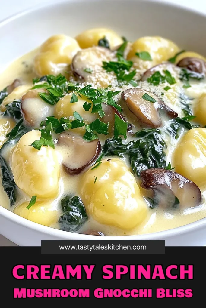 Indulge in the rich flavors of creamy spinach mushroom gnocchi with this simple recipe! Combining tender potato gnocchi, sautéed mushrooms, and fresh spinach in a luscious cream sauce, it's a comforting dish perfect for any dinner. Ready in just 25 minutes, it serves up to 4 deliciously! Click to explore the full recipe and impress your family tonight! #Gnocchi #RecipeInspiration #PastaLovers #EasyDinner