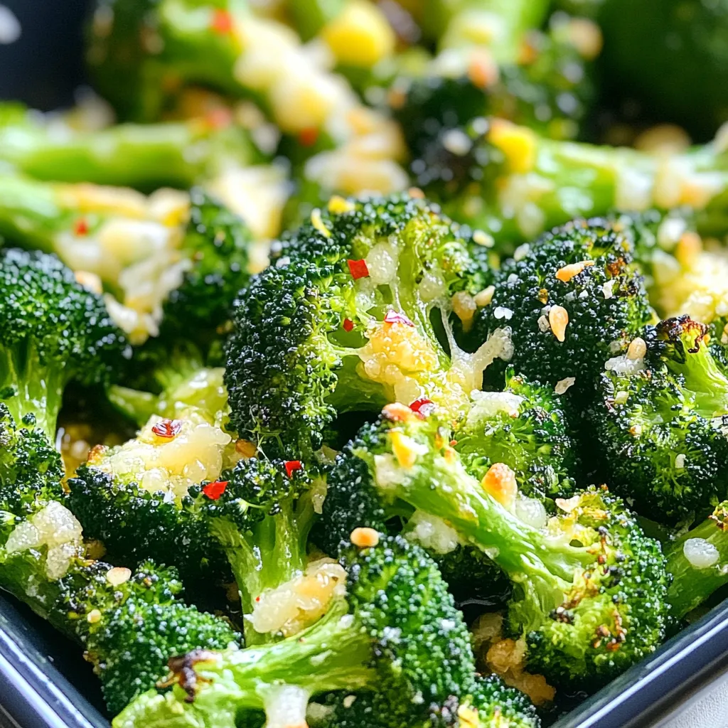 - 1 pound fresh broccoli florets - 3 tablespoons extra virgin olive oil - 4 cloves garlic, finely minced - ½ cup freshly grated Parmesan cheese - Optional: ¼ teaspoon red pepper flakes - Seasoning: sea salt and freshly cracked black pepper - Zest and juice of lemon for added flavor Garlic Parmesan Roasted Broccoli is a simple dish that shines with fresh ingredients. Start with one pound of broccoli florets. Look for bright green, firm florets for the best taste. Next, grab three tablespoons of extra virgin olive oil. This oil adds richness and helps the broccoli roast well. Then, you’ll need four cloves of garlic, minced finely. Garlic gives a strong, savory flavor that pairs perfectly with broccoli. For a cheesy touch, use half a cup of freshly grated Parmesan cheese. This cheese adds a creamy texture and rich taste. If you like a bit of heat, add a quarter teaspoon of red pepper flakes. This step is optional but can give your dish a nice kick. Don't forget to season with sea salt and freshly cracked black pepper. These spices bring out the flavors of your ingredients. Finally, the zest and juice of one lemon will brighten the dish. The lemon adds a fresh, zesty flavor that lifts the roasted broccoli. Each ingredient plays an important role in making this side dish a hit. 1. Preheat the oven to 425°F (220°C). This heat gives the broccoli crispy edges. 2. In a large mixing bowl, add 1 pound of fresh broccoli florets. This will be the star of your dish. 1. Pour in 3 tablespoons of extra virgin olive oil. Toss the broccoli to coat it well. 2. Add 4 cloves of finely minced garlic. This will add rich flavor. 3. Sprinkle in ½ cup of freshly grated Parmesan cheese. This makes everything cheesy and delicious. 4. If you want a spicy kick, add ¼ teaspoon of red pepper flakes. 5. Season with sea salt and freshly cracked black pepper to taste. Toss everything together well. 1. Spread the seasoned broccoli evenly on a lined baking sheet. Keep the florets in a single layer. 2. Roast in the oven for 20-25 minutes. Stir halfway through to ensure even cooking. You want fork-tender broccoli with browned edges. This method makes a simple yet flavorful side dish that pairs with many meals. To get crispy edges, spread the broccoli in a single layer on your baking sheet. This allows hot air to circulate around each floret. When the broccoli is crowded, it will steam instead of roast. Also, roast at a high temperature, like 425°F (220°C). Heat helps the broccoli brown and become crispy. After roasting, add lemon zest and juice. This brightens the taste and adds freshness. You can also try different cheeses, like pecorino or feta. Adding spices, like smoked paprika or cumin, can change the flavor too. Feel free to experiment and find your favorite mix! {{image_4}} You can change things up with different vegetables. Asparagus and Brussels sprouts are great options. They roast well and soak up flavors just like broccoli. You can also try cauliflower for a unique twist. If you want to switch cheeses, try pecorino. It has a sharp taste that pairs nicely with garlic. For a vegan option, use nutritional yeast. It gives a cheesy flavor without dairy. Garlic Parmesan roasted broccoli pairs well with many main dishes. Grilled chicken or fish complement its flavors nicely. You can serve it next to steak for a hearty meal, too. This dish also works well as a snack. Enjoy it hot or cold. You can dip it in your favorite sauce. Serve it with hummus or ranch for a tasty treat. To keep your Garlic Parmesan Roasted Broccoli fresh, store it in the fridge. Let it cool completely first. Then, place it in an airtight container. This helps keep moisture out. You can store it for up to three days. If you want to keep it longer, freeze it. Use a freezer-safe bag and squeeze out the air before sealing. When you reheat the broccoli, aim to keep it crispy. The best method is to use the oven. Preheat your oven to 350°F (175°C). Spread the broccoli on a baking sheet. Heat for about 10 minutes. This will restore some crunch. To refresh the flavors, add a splash of lemon juice before serving. You could also sprinkle a bit of new Parmesan cheese on top. This revives the taste and makes it tasty again. Can I make this recipe ahead of time? Yes, you can prep the broccoli ahead of time. Toss it with oil and seasonings. Store it in the fridge for up to 24 hours. When ready, just roast it for a fresh side dish. How can I make it spicier? To add heat, increase the red pepper flakes. You can also mix in some cayenne pepper or a dash of hot sauce. Adjust the spice to fit your taste. What is a good vegetarian main dish to pair with this side? Garlic Parmesan roasted broccoli goes great with quinoa or a hearty vegetable risotto. Grilled portobello mushrooms also make a tasty main dish. They complement the broccoli’s rich flavor well. Can I use frozen broccoli instead of fresh? You can use frozen broccoli, but fresh tastes better. If you use frozen, thaw and drain it first. Pat it dry to avoid sogginess. Adjust roasting time since frozen broccoli may cook faster. This post shared how to make Garlic Parmesan Roasted Broccoli. You learned about fresh ingredients and step-by-step instructions for roasting. Tips included how to get crispy edges and flavor boosts. I also suggested tasty variations and storage methods to keep leftovers fresh. Enjoy trying this easy recipe! Remember, using fresh ingredients and the right techniques makes all the difference. A healthy side can elevate any meal. Happy cooking!