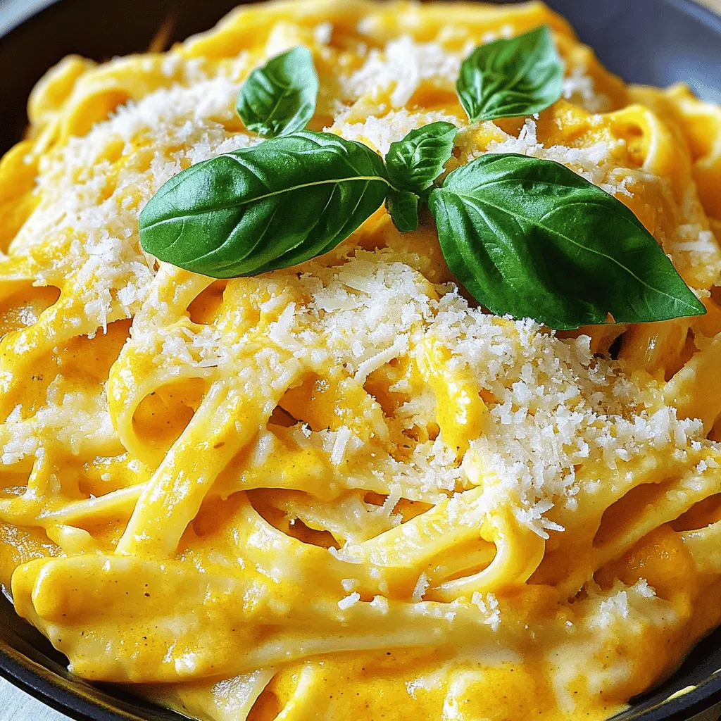 To make Slow Cooker Pumpkin Alfredo, you need some key ingredients. Here’s a list: - 2 cups pumpkin puree (canned or freshly made) - 1 cup heavy cream - 1 cup vegetable broth - 2 cups fettuccine pasta (uncooked) - 1 cup grated Parmesan cheese - 3 cloves garlic, finely minced - 1 teaspoon Italian seasoning - ½ teaspoon freshly grated nutmeg - Salt and freshly ground black pepper to taste - Fresh basil leaves for garnish (optional) These ingredients blend together to create a rich, creamy dish that warms you up. You can change some ingredients if you need to. Here are a few ideas: - Pumpkin Puree: Use squash puree if you can’t find pumpkin. - Heavy Cream: Swap for coconut cream for a dairy-free option. - Vegetable Broth: Chicken broth works well too if you prefer it. - Fettuccine Pasta: Try penne or gluten-free pasta to fit your diet. These swaps help you enjoy the dish while sticking to your taste or dietary needs. This dish is vegetarian, which is great for meat-free meals. To make it gluten-free, simply use gluten-free pasta. The rest of the ingredients are already suitable for most diets. This way, everyone can enjoy a bowl of creamy comfort! Start by grabbing your slow cooker. In the bowl, mix together the pumpkin puree, heavy cream, and vegetable broth. Add minced garlic, Italian seasoning, and nutmeg. Season with salt and pepper to taste. Make sure to stir everything well. You want a smooth, creamy mix. Next, add the uncooked fettuccine pasta. Fold it gently into the sauce. Ensure all the pasta is covered by the sauce. This step is important for even cooking. Now, it's time to set the slow cooker. Cover it with the lid. If you set it on low, cook for about 4 hours. If you choose high, cook for about 2 hours. Halfway through, stir the mixture gently. This helps the pasta cook evenly and absorb all the flavors. To check if the pasta is done, taste a piece. It should be soft but not mushy. If it needs more time, cover and cook a little longer. Once the pasta is cooked, remove the lid and stir in the grated Parmesan cheese. Mix until it melts and blends into the sauce. If the sauce is too thick, add more broth or cream to get your desired texture. Taste it again and adjust the seasoning as needed for the perfect flavor. To get the right sauce thickness, keep these tips in mind. Start with the pumpkin puree and heavy cream. They form the base. If the sauce seems too thick, add small amounts of vegetable broth or cream. Stir well after each addition. You want a creamy and smooth texture. If it's too runny, let it cook a bit longer. The heat will help it thicken up. If you have leftovers, let them cool first. Then, store them in an airtight container. They can last in the fridge for up to three days. When reheating, use a pot on low heat. Add a splash of vegetable broth or cream to help restore the sauce. Stir often to heat evenly. You can also use a microwave. Just reheat in short bursts, stirring in between. To boost flavor, consider adding herbs and spices. Fresh basil leaves work great as a garnish. You can also add a pinch of red pepper flakes for some heat. Don't forget about fresh garlic; it adds a nice kick. For more depth, try a teaspoon of smoked paprika. These simple changes can elevate your dish into something special. {{image_4}} You can make this dish heartier with some protein. Cooked chicken, shrimp, or sausage works great. Just add your choice of protein into the slow cooker with the other ingredients. If using chicken, shred it before adding. For shrimp, add them in the last hour of cooking to keep them tender. To make a vegan version, swap out the heavy cream and Parmesan cheese. Use coconut cream instead of heavy cream. For cheese, try nutritional yeast or a vegan cheese blend. This keeps the dish creamy while staying plant-based. Ensure all your broth and pastas are vegan-friendly too. While fettuccine is a classic choice, you can switch it up. Try penne, rotini, or even whole wheat pasta. Each type will give a unique texture. Just remember to adjust the cooking time if you choose a different pasta. Cook it until it’s al dente for the best bite. To store your leftover Slow Cooker Pumpkin Alfredo, let it cool first. Place it in an airtight container. This keeps the dish fresh. Store it in the fridge if you plan to eat it within three days. Always remember to label the container with the date. This helps you keep track of how long it's been in the fridge. If you want to save your Pumpkin Alfredo for later, freezing is a great option. First, let the dish cool down completely. Then, put it in a freezer-safe container. You can also use freezer bags for easy storage. Press out as much air as possible to prevent freezer burn. This dish can last up to three months in the freezer. To reheat, thaw it overnight in the fridge. Then, warm it on the stove or in the microwave. Leftover Pumpkin Alfredo can last in the fridge for up to three days. After that, the flavor may fade, and safety can be a concern. If you notice any odd smells or changes in texture, it's best to throw it away. Always check leftovers before eating them. For frozen leftovers, use them within three months for the best taste. Yes, you can use fresh pumpkin. Start by roasting or steaming the pumpkin. Once soft, scoop out the flesh and blend it until smooth. This gives a fresh taste and nice texture. Just use the same amount as the canned puree. To spice up your Pumpkin Alfredo, add red pepper flakes. Start with a pinch and taste. You can also mix in some black pepper for extra heat. If you want more depth, try adding some chopped jalapeños. Pumpkin Alfredo pairs well with a simple green salad. A side of garlic bread also works great. For protein, grilled chicken or shrimp adds a nice touch. You can also serve it with roasted veggies for added flavor and nutrition. This blog post shared how to make a delicious Pumpkin Alfredo from easy ingredients. You learned about key substitutions and dietary options, making it friendly for many diets. The step-by-step guide helped with preparation and cooking times, ensuring your dish turns out great. Tips on sauce consistency and storing leftovers added helpful insights. Finally, the variations section showed ways to customize your meal. I hope you feel ready to try this tasty recipe and share it with friends and family. Enjoy your cooking!