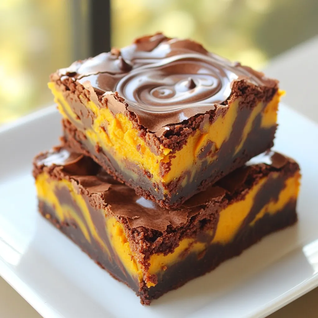 - ⅓ cup unsweetened cocoa powder - ½ cup all-purpose flour - ¼ teaspoon baking powder - ¼ teaspoon salt - ½ cup unsalted butter - 1 cup granulated sugar - 2 large eggs - 1 teaspoon vanilla extract - 1 cup canned pumpkin puree - 1 teaspoon pumpkin pie spice - ¼ teaspoon ground cinnamon - ½ cup semi-sweet chocolate chips To create these bakery-style chocolate pumpkin swirl brownies, you need both dry and wet ingredients. First, gather your dry ingredients. Cocoa powder gives the brownies their rich, chocolatey taste. All-purpose flour provides the structure. Baking powder helps them rise, while salt enhances the flavors. For the wet ingredients, start with melted unsalted butter. This makes the brownies rich. Granulated sugar adds sweetness. The eggs keep the brownies moist and give them a nice texture. Vanilla extract brings warmth, while pumpkin puree adds moisture and flavor. Pumpkin pie spice and ground cinnamon give a hint of fall with every bite. Lastly, don’t forget the add-ins! Semi-sweet chocolate chips melt into the brownies, adding extra chocolate goodness. Mixing these ingredients well creates a batter that is both tasty and satisfying. - Preheat your oven to 350°F (175°C). - Grease an 8x8 inch baking pan. Line it with parchment paper, letting some hang over the edges. This helps with easy removal later. - In a medium bowl, mix melted butter and sugar. Whisk until smooth and fully blended. - Add the eggs, one at a time. Whisk well after each one. - Pour in the vanilla extract and mix until combined. - In another bowl, sift together cocoa powder, flour, baking powder, and salt. Gradually fold this into the wet mix. Stir until just combined. Avoid overmixing. - Gently fold in the semi-sweet chocolate chips. Make sure they're evenly mixed. - In a separate bowl, combine pumpkin puree, pumpkin pie spice, and ground cinnamon. Mix until smooth. - Pour half of the chocolate batter into the prepared pan. Spread it evenly across the bottom. - Add spoonfuls of the pumpkin mixture on top of the brownie batter. Then, follow with the remaining brownie batter. Spread it over the pumpkin layer. - Use a knife or skewer to gently swirl the layers together. - Bake in the preheated oven for 25-30 minutes. Check with a toothpick; it should come out with a few moist crumbs but not wet batter. - Let the brownies cool in the pan for at least 15 minutes. - Use the parchment overhang to lift them out of the pan. Place them on a wire rack to cool completely before slicing. To create a lovely swirl in your brownies, use a knife or skewer. Start at one edge and gently drag it through the batter. Make simple, back-and-forth motions. This will blend the chocolate and pumpkin layers without mixing them too much. Remember, less is more! Overmixing can lead to a muddy look. Aim for a beautiful marbled effect. Oven calibration is key for perfect brownies. Always preheat your oven to 350°F (175°C). This helps the brownies cook evenly. To check if they are done, insert a toothpick into the center. If it comes out with a few moist crumbs, they are ready. If wet batter sticks to the toothpick, bake for a few more minutes. After baking, let the brownies cool in the pan for about 15 minutes. Use the parchment paper to lift them out. Place them on a wire rack to cool completely. This helps them set and makes cutting easier. For clean slices, wipe your knife between cuts. A sprinkle of powdered sugar adds a nice touch. You can dust it over the top just before serving. For an extra treat, add whipped cream or vanilla ice cream on the side. This makes your brownies feel more special. Serve them warm for a tasty, gooey delight! {{image_4}} You can change the taste of your brownies easily. Adding nuts gives a nice crunch. I recommend walnuts or pecans for a rich flavor. You can also mix in white chocolate chips for a sweet twist. For spices, try cardamom or nutmeg. These can add warmth and depth to the pumpkin flavor. If you want a lighter version, swap out some ingredients. Use applesauce instead of butter for a moist brownie. You can also use coconut oil or a plant-based butter for a dairy-free option. For a gluten-free treat, replace all-purpose flour with almond flour or oat flour. These swaps keep the brownies tasty while making them healthier. To make your brownies extra special, serve them warm. Add a scoop of vanilla ice cream on top for a creamy contrast. A dollop of whipped cream also pairs well. Enjoy these brownies with a cup of coffee or tea. The flavors balance nicely and make for a delightful treat. To keep your brownies fresh, store them in an airtight container. This prevents them from drying out. A glass or plastic container with a tight lid works well. Place a piece of parchment paper between layers to avoid sticking. Store them at room temperature for up to four days. If you want them to last longer, refrigeration is an option. Just know that cold can change their texture slightly. You can freeze these brownies for later enjoyment. First, let them cool completely. Then, wrap them tightly in plastic wrap. After that, place them in a freezer-safe bag or container. Make sure to label the container with the date. They can last up to three months in the freezer. To defrost, move them to the fridge overnight. If you want them warm, heat them in the microwave for a few seconds. Enjoy them fresh! You can use applesauce or mashed banana. Both add moisture and sweetness. If you try applesauce, use the same amount as pumpkin. For mashed banana, use a bit less since it's thicker. Cocoa powder is not a good swap for chocolate chips. Cocoa powder is dry and lacks sweetness. Instead, you can add more cocoa powder to the batter if you want a richer flavor. Check with a toothpick. Insert it into the center of the brownies. If it comes out with a few moist crumbs, they are done. If the toothpick is wet, bake for a few more minutes. Yes, you can! Bake the brownies and let them cool completely. Store them in an airtight container. They will stay fresh for about three days. Use a sharp knife for clean edges. To get neat slices, wipe the knife with a damp cloth between cuts. This will help prevent sticking and give you perfect squares. This guide took you through each step of making delicious pumpkin brownies. You learned about the key ingredients, from cocoa powder to pumpkin puree, and how they come together. I shared tips for achieving a perfect swirl and baking them just right. Remember, you can customize these brownies with different add-ins or healthier swaps. Store them well to keep them fresh or freeze them for later. With these steps and tips, you can make yummy brownies that everyone will love. Enjoy your baking adventure!