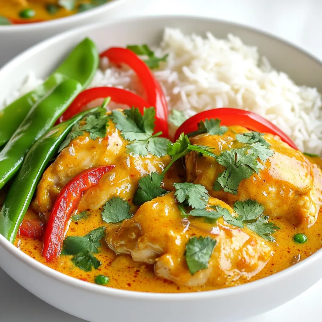 To make this delicious curry, gather these items: - 2 lbs boneless, skinless chicken thighs, cut into bite-sized chunks - 1 can (14 oz) full-fat coconut milk - 1 tablespoon red curry paste - 1 tablespoon freshly minced ginger - 3 cloves garlic, finely minced - 1 red bell pepper, thinly sliced - 1 cup snow peas or trimmed green beans - 1 tablespoon fish sauce (or soy sauce for a vegetarian alternative) - 1 tablespoon brown sugar - Juice of 1 fresh lime - Fresh cilantro leaves, for garnish - Cooked jasmine rice, for serving You can add these ingredients for more taste: - Sliced green onions for a fresh crunch - Chopped chilies for a spicy kick - Peanuts for extra texture and nuttiness - A splash of sesame oil for a rich flavor To make your meal complete, serve with: - Steamed jasmine rice to soak up the curry - A side salad for crunch and freshness - Lime wedges to add a zesty touch - Naan bread for a fun way to scoop up the curry First, gather your ingredients. You will need chicken, coconut milk, and spices. Here’s what to prepare: - 2 lbs boneless, skinless chicken thighs, cut into bite-sized chunks - 1 can (14 oz) full-fat coconut milk - 1 tablespoon red curry paste - 1 tablespoon freshly minced ginger - 3 cloves garlic, finely minced - 1 red bell pepper, thinly sliced - 1 cup snow peas or trimmed green beans - 1 tablespoon fish sauce (or soy sauce for a vegetarian alternative) - 1 tablespoon brown sugar - Juice of 1 fresh lime - Fresh cilantro leaves, for garnish - Cooked jasmine rice, for serving Start by cutting the chicken into small pieces. Mince the ginger and garlic. Thinly slice the red bell pepper. This makes cooking easier later. Next, place the chicken in the slow cooker. Pour in the coconut milk and add the red curry paste. Use a spoon to mix them well. Add the minced ginger and garlic, stirring again. Now, add the sliced red bell pepper and snow peas (or green beans). Stir carefully to coat the veggies in the sauce. Then, drizzle in the fish sauce (or soy sauce) and sprinkle the brown sugar. Mix everything again until all ingredients are well combined. Cover the slow cooker with its lid. Cook on low for 6-7 hours or on high for 3-4 hours. The chicken should be tender when done. Once the cooking is complete, squeeze the juice of one lime into the curry. Gently stir to mix. Taste the dish and adjust any seasoning if needed. To serve, spoon the fragrant curry over warm jasmine rice. Top with fresh cilantro leaves for color and taste. For a fun touch, add lime wedges on the side. Enjoy your meal! To boost the flavor of your Thai coconut chicken curry, use fresh ingredients. Fresh ginger and garlic add a bright taste. Using full-fat coconut milk gives a rich, creamy texture. If you like heat, add more red curry paste. A splash of lime juice brightens the dish at the end. For an even deeper flavor, let the curry sit for a bit before serving. The flavors mix better over time. If you don’t have a slow cooker, you can use a stovetop. Cook the chicken in a pot over medium heat for about 30 minutes. Stir often to prevent sticking. You can also try an Instant Pot. Set it to high pressure for about 10 minutes. Both methods give you tasty results but keep an eye on the cooking time. Avoid overcooking the chicken; it can become dry. Always check that the chicken is tender but not falling apart. Don’t skip the lime juice at the end; it’s key for freshness. Be careful with the salt; the fish sauce can be salty. Lastly, don't forget to taste and adjust the seasoning as needed. Following these tips will help you create a perfect dish every time. {{image_4}} To make a vegetarian version, swap chicken for tofu. Use firm tofu, cut into cubes. It soaks up the flavor well. Replace fish sauce with soy sauce or tamari for a vegan option. You can also add chickpeas for protein and texture. If you want to change the protein, shrimp works great too. Cook it for 30 minutes in the slow cooker. You can also try using beef or pork, but adjust the cooking time. Make sure all proteins are cooked to safe temperatures. Feel free to add more veggies like carrots, broccoli, or zucchini. These can enhance flavor and nutrition. For spices, try adding a pinch of turmeric or cumin. They will give the dish more depth. Don't forget to taste and adjust as you go! After enjoying your slow cooker Thai coconut chicken curry, let it cool. Place leftovers in an airtight container. Store in the fridge for up to three days. Ensure the container is sealed tightly to keep the flavors fresh. To reheat, you can use the microwave or stovetop. For the microwave, place the curry in a safe dish. Heat it in short bursts, stirring in between. This helps it warm evenly. On the stovetop, pour the curry into a saucepan. Heat it over medium-low heat, stirring often until hot. If you want to save some curry for later, freezing works well. Let the curry cool completely. Divide it into portions and place them in freezer bags. Remove as much air as possible before sealing. Label the bags with the date. You can freeze it for up to three months. When ready to eat, thaw it in the fridge overnight and reheat as mentioned above. The prep time for this dish is just 15 minutes. You will chop the chicken and veggies. Then, you will mix the ingredients in the slow cooker. After that, let it cook for 6-7 hours on low or 3-4 hours on high. Yes, you can use frozen chicken thighs. Just keep in mind that cooking time may increase. Make sure the chicken cooks fully and reaches a safe temperature. Check that it is tender before serving. If you can't find coconut milk, you can use almond milk or soy milk. Both options will change the taste a bit but can still work well. You can also use heavy cream for a richer flavor. To change the spice level, you can add more or less red curry paste. Start with a little and taste as you go. If you want more heat, add chili flakes or fresh chilies. If it’s too spicy, add more coconut milk to cool it down. Yes, you can use gluten-free soy sauce instead of fish sauce. It will give the curry a nice umami flavor. Just check the label to ensure it is gluten-free. You can also use tamari as an alternative. Slow cooker Thai coconut chicken curry is simple and tasty. We covered the main and optional ingredients you can use. I shared tips for cooking, serving, and avoiding common mistakes. You can also try vegetarian options or add extra spices and veggies. In the end, this dish is versatile and fun. You can make it your own. Enjoy your curry, and don't forget to share it with friends!