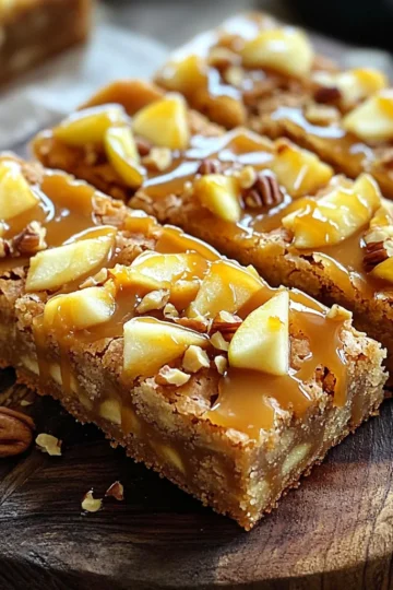 - 2 cups all-purpose flour - 1 teaspoon baking powder - ½ teaspoon baking soda - ½ teaspoon salt - 1 cup unsalted butter, melted - 1 ½ cups packed brown sugar - 2 large eggs - 2 teaspoons pure vanilla extract - 1 cup diced Granny Smith apples - ½ cup chopped nuts (walnuts or pecans) - ½ cup caramel sauce - 1 cup powdered sugar - 2 tablespoons pure maple syrup - 1-2 tablespoons milk The blend of these ingredients creates a rich, sweet treat. The dry ingredients lay the base. They add structure and texture. The wet ingredients bring moisture and flavor. They help bind everything together, making a thick batter. Mix-ins are the fun part. Diced Granny Smith apples add a tart crunch. Chopped nuts give a nice bite. Caramel sauce adds sweetness, creating a gooey layer. Next, we prepare the maple glaze. It adds a sweet finish. The glaze is made with powdered sugar and pure maple syrup. A little milk makes it perfect for drizzling. Every ingredient plays a role in the taste. Each adds to the overall flavor and texture. You can mix and match, but I suggest sticking to this blend for the best results. - Preheat the oven to 350°F (175°C). - Grease a 9x13-inch baking pan or line it with parchment paper. - In a large bowl, whisk the melted butter and brown sugar. Mix until smooth. - Add the eggs one at a time, then stir in the vanilla extract. - In another bowl, sift together the flour, baking powder, baking soda, and salt. - Gradually fold the dry ingredients into the wet mixture. Mix gently until just combined. - Carefully add the diced apples and chopped nuts to the batter. - Spoon half of the batter into the prepared pan. - Drizzle half of the caramel sauce on top of the batter. - Pour the remaining batter over the caramel and drizzle the rest of the caramel sauce. - Use a knife to swirl the caramel into the batter. - Bake for 25-30 minutes. They are ready when a toothpick comes out clean. - In a small bowl, mix powdered sugar, maple syrup, and milk. Adjust milk for thickness. - Once the blondies cool, drizzle the glaze over the top. Let it set before slicing. To get the best caramel apple blondies, avoid overmixing the batter. Overmixing makes the blondies tough and chewy. Mix just until you see no dry flour. After baking, let the blondies cool in the pan for about 15 minutes. This helps them set and makes slicing easier. I love serving these blondies on a rustic wooden board. It adds charm and warmth to the dish. For garnishing, add more diced apples on top and drizzle extra caramel sauce. A few mint sprigs can brighten the dish and add color. You can switch up the apples if you like. Try using Honeycrisp or Fuji for a sweeter taste. For nuts, walnuts or pecans work well, but you can also use almonds or hazelnuts. These little changes can make your blondies unique and special. {{image_4}} You can change these blondies for different seasons. In fall, add cinnamon or nutmeg. These spices will bring warmth and comfort. You can also mix in chocolate chips. They add a rich flavor and make it even sweeter. If you need gluten-free options, use almond flour or a gluten-free blend. This keeps the texture nice. For vegan adaptations, swap eggs with flax eggs and use plant-based butter. This way, everyone can enjoy them. These blondies go great with a scoop of ice cream. The warm blondies and cold ice cream make a perfect match. You can serve them warm for a gooey treat or let them cool for a firmer bite. After you bake your caramel apple blondies, let them cool. You can store them at room temperature for up to three days. Make sure to use an airtight container. This keeps them fresh and moist. If you want to keep them longer, store them in the fridge. They can last up to a week in there. You can freeze your blondies for later. First, let them cool completely. Then, cut them into squares. Wrap each square in plastic wrap. Place them into a freezer-safe bag or container. They will stay good for about three months. When you want one, just take it out. Let it thaw in the fridge overnight. For a quick treat, you can microwave it for a few seconds. These blondies last well if stored properly. At room temperature, they stay fresh for three days. In the fridge, they can last about a week. If you see any signs of spoilage, like mold or an off smell, discard them. Enjoy your blondies while they are fresh for the best flavor! Yes, you can use different apples. Granny Smith apples work well due to their tartness. Other options include Honeycrisp or Fuji apples. Each type will give a unique taste and texture to your blondies. Experiment with what you like best! To make your blondies moister, try adding more apples. You can also reduce the baking time slightly. Another option is to increase the butter by a tablespoon. These tweaks will help create a softer, chewier texture. If you don’t have maple syrup, you can use honey or agave nectar. They both add sweetness and flavor. Just remember that the taste will differ slightly from the original recipe. Adjust the amount to your liking. Absolutely! You can prepare the batter a day in advance. Just store it in the fridge until you are ready to bake. You can also bake the blondies ahead and cool them completely. Store in an airtight container for freshness. Check the blondies after 25 minutes. Insert a toothpick in the center. If it comes out clean, they are done. The edges should be golden brown. If not done, check every few minutes until ready. This blog post covered how to make delicious blondies with apples and caramel. We explored the right mix of dry and wet ingredients, along with helpful tips for texture and presentation. You can try different variations for every season or adjust the recipe to fit dietary needs. Remember to store your blondies correctly for lasting freshness. Enjoy baking these treats and sharing them with loved ones. Your kitchen will be filled with sweet smiles and warm memories. Try it out!