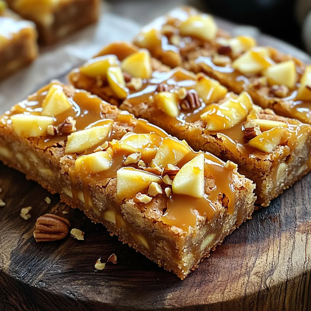 - 2 cups all-purpose flour - 1 teaspoon baking powder - ½ teaspoon baking soda - ½ teaspoon salt - 1 cup unsalted butter, melted - 1 ½ cups packed brown sugar - 2 large eggs - 2 teaspoons pure vanilla extract - 1 cup diced Granny Smith apples - ½ cup chopped nuts (walnuts or pecans) - ½ cup caramel sauce - 1 cup powdered sugar - 2 tablespoons pure maple syrup - 1-2 tablespoons milk The blend of these ingredients creates a rich, sweet treat. The dry ingredients lay the base. They add structure and texture. The wet ingredients bring moisture and flavor. They help bind everything together, making a thick batter. Mix-ins are the fun part. Diced Granny Smith apples add a tart crunch. Chopped nuts give a nice bite. Caramel sauce adds sweetness, creating a gooey layer. Next, we prepare the maple glaze. It adds a sweet finish. The glaze is made with powdered sugar and pure maple syrup. A little milk makes it perfect for drizzling. Every ingredient plays a role in the taste. Each adds to the overall flavor and texture. You can mix and match, but I suggest sticking to this blend for the best results. - Preheat the oven to 350°F (175°C). - Grease a 9x13-inch baking pan or line it with parchment paper. - In a large bowl, whisk the melted butter and brown sugar. Mix until smooth. - Add the eggs one at a time, then stir in the vanilla extract. - In another bowl, sift together the flour, baking powder, baking soda, and salt. - Gradually fold the dry ingredients into the wet mixture. Mix gently until just combined. - Carefully add the diced apples and chopped nuts to the batter. - Spoon half of the batter into the prepared pan. - Drizzle half of the caramel sauce on top of the batter. - Pour the remaining batter over the caramel and drizzle the rest of the caramel sauce. - Use a knife to swirl the caramel into the batter. - Bake for 25-30 minutes. They are ready when a toothpick comes out clean. - In a small bowl, mix powdered sugar, maple syrup, and milk. Adjust milk for thickness. - Once the blondies cool, drizzle the glaze over the top. Let it set before slicing. To get the best caramel apple blondies, avoid overmixing the batter. Overmixing makes the blondies tough and chewy. Mix just until you see no dry flour. After baking, let the blondies cool in the pan for about 15 minutes. This helps them set and makes slicing easier. I love serving these blondies on a rustic wooden board. It adds charm and warmth to the dish. For garnishing, add more diced apples on top and drizzle extra caramel sauce. A few mint sprigs can brighten the dish and add color. You can switch up the apples if you like. Try using Honeycrisp or Fuji for a sweeter taste. For nuts, walnuts or pecans work well, but you can also use almonds or hazelnuts. These little changes can make your blondies unique and special. {{image_4}} You can change these blondies for different seasons. In fall, add cinnamon or nutmeg. These spices will bring warmth and comfort. You can also mix in chocolate chips. They add a rich flavor and make it even sweeter. If you need gluten-free options, use almond flour or a gluten-free blend. This keeps the texture nice. For vegan adaptations, swap eggs with flax eggs and use plant-based butter. This way, everyone can enjoy them. These blondies go great with a scoop of ice cream. The warm blondies and cold ice cream make a perfect match. You can serve them warm for a gooey treat or let them cool for a firmer bite. After you bake your caramel apple blondies, let them cool. You can store them at room temperature for up to three days. Make sure to use an airtight container. This keeps them fresh and moist. If you want to keep them longer, store them in the fridge. They can last up to a week in there. You can freeze your blondies for later. First, let them cool completely. Then, cut them into squares. Wrap each square in plastic wrap. Place them into a freezer-safe bag or container. They will stay good for about three months. When you want one, just take it out. Let it thaw in the fridge overnight. For a quick treat, you can microwave it for a few seconds. These blondies last well if stored properly. At room temperature, they stay fresh for three days. In the fridge, they can last about a week. If you see any signs of spoilage, like mold or an off smell, discard them. Enjoy your blondies while they are fresh for the best flavor! Yes, you can use different apples. Granny Smith apples work well due to their tartness. Other options include Honeycrisp or Fuji apples. Each type will give a unique taste and texture to your blondies. Experiment with what you like best! To make your blondies moister, try adding more apples. You can also reduce the baking time slightly. Another option is to increase the butter by a tablespoon. These tweaks will help create a softer, chewier texture. If you don’t have maple syrup, you can use honey or agave nectar. They both add sweetness and flavor. Just remember that the taste will differ slightly from the original recipe. Adjust the amount to your liking. Absolutely! You can prepare the batter a day in advance. Just store it in the fridge until you are ready to bake. You can also bake the blondies ahead and cool them completely. Store in an airtight container for freshness. Check the blondies after 25 minutes. Insert a toothpick in the center. If it comes out clean, they are done. The edges should be golden brown. If not done, check every few minutes until ready. This blog post covered how to make delicious blondies with apples and caramel. We explored the right mix of dry and wet ingredients, along with helpful tips for texture and presentation. You can try different variations for every season or adjust the recipe to fit dietary needs. Remember to store your blondies correctly for lasting freshness. Enjoy baking these treats and sharing them with loved ones. Your kitchen will be filled with sweet smiles and warm memories. Try it out!