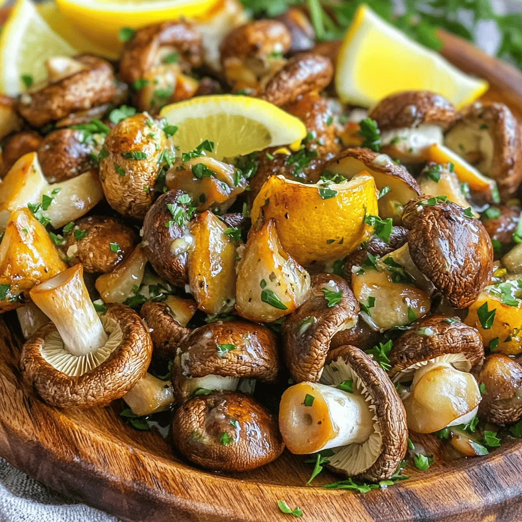 - 500g mixed mushrooms (cremini, shiitake, and oyster), cleaned and halved - 4 tablespoons unsalted butter - 4 cloves garlic, finely minced - 2 tablespoons fresh parsley, finely chopped - 1 tablespoon fresh thyme leaves - 1 teaspoon sea salt - ½ teaspoon freshly ground black pepper - 1 tablespoon freshly squeezed lemon juice Use fresh mushrooms for the best taste. Look for firm and plump mushrooms. Avoid any that are slimy or bruised. Fresh herbs like parsley and thyme add bright flavors. Choose unsalted butter to control the salt level in your dish. Always use fresh garlic for a stronger taste. You can use vegan butter in place of regular butter. If you want a gluten-free option, check that your butter is gluten-free. For a lower-sodium version, use less sea salt. If you have allergies to mushrooms, try using zucchini or eggplant instead. These veggies offer a nice texture and flavor. First, gather 500g of mixed mushrooms. I like to use cremini, shiitake, and oyster mushrooms. Clean them well and cut each mushroom in half. This helps them cook evenly. Place the halved mushrooms in a large mixing bowl. Next, grab 4 tablespoons of unsalted butter. Place it in a medium saucepan over medium heat. Watch the butter melt slowly. Do not let it brown; we want it just melted. After that, add 4 cloves of finely minced garlic. Stir the garlic for 1-2 minutes. The kitchen will smell amazing as the garlic cooks. Remove the saucepan from the heat once the garlic is fragrant but still pale. Now, add the fresh herbs and spices to the garlic butter. Stir in 2 tablespoons of finely chopped parsley, 1 tablespoon of fresh thyme leaves, 1 teaspoon of sea salt, and ½ teaspoon of black pepper. Squeeze in 1 tablespoon of fresh lemon juice. Mix everything well. Pour this flavorful garlic butter over the halved mushrooms in your bowl. Toss gently to coat every piece. Next, transfer the coated mushrooms onto a baking sheet lined with parchment paper. Spread them out in a single layer for even roasting. Preheat your oven to 200°C (400°F) and roast the mushrooms for 20-25 minutes. Stir them halfway through to ensure they roast evenly. They are done when golden brown and fork-tender. Enjoy the rich flavors of your garlic butter roasted mushrooms! To boost the taste of your garlic butter roasted mushrooms, use fresh herbs. Fresh parsley and thyme add a bright flavor. You can also try rosemary or oregano for a twist. A splash of balsamic vinegar can bring out the mushrooms' earthiness. If you love heat, add a pinch of red pepper flakes to the garlic butter. This simple change can make a big difference. Roasting mushrooms requires some care. Spread the mushrooms in a single layer on the baking sheet. This helps them roast evenly. If they are too crowded, they will steam instead of roast. Stir the mushrooms halfway through cooking. This ensures all sides get golden and tender. Watch them closely near the end. They should be soft and brown, but not burned. Using the right tools can make cooking easier. A large baking sheet helps spread the mushrooms out. Parchment paper makes cleanup simple. A good mixing bowl is key for tossing the mushrooms with the garlic butter. A sharp knife and cutting board are important for chopping garlic and herbs. Lastly, a reliable oven thermometer can help ensure your oven is at the right temperature. {{image_4}} You can change the flavor of garlic butter roasted mushrooms by adding herbs. Try rosemary or sage for a warm taste. Adding a pinch of red pepper flakes gives a nice kick. You can also mix in smoked paprika for a richer flavor. Just remember to balance the herbs so they don’t overpower the garlic. Mushrooms come in many types, each with a unique taste. Shiitake mushrooms add a meaty flavor. Portobello mushrooms are large and juicy, perfect for a hearty dish. For a mild taste, use button mushrooms. Mixing different kinds can create a fun flavor blend. It’s all about your taste preference. You can roast mushrooms in the oven or cook them on the stovetop. Using the stovetop gives you more control over cooking time. Just sauté the mushrooms in garlic butter for about 10-15 minutes. If you want a crispy texture, oven-roasting works best. Both methods yield tasty results, so choose what fits your meal best! Store your garlic butter roasted mushrooms in an airtight container. Let them cool down first. Place them in the fridge. They stay fresh for up to three days. To reheat, use a microwave or skillet. If using a microwave, heat for 30 seconds at a time. Stir in between to ensure even heating. For a skillet, add a bit of butter over medium heat. Cook until warm, about 5 minutes. You can freeze these mushrooms for later. Allow them to cool completely before freezing. Place them in a freezer-safe bag or container. They can last up to three months. When you’re ready to eat, thaw overnight in the fridge. Reheat them as mentioned above. Yes, you can use frozen mushrooms. However, fresh mushrooms taste better. Frozen mushrooms may release more water when cooked. This can make the dish less flavorful. If using frozen, thaw them first and pat them dry. This helps keep the dish from becoming soggy. The best mushrooms for this recipe are cremini, shiitake, and oyster. These types add great taste and texture. Cremini mushrooms are rich and earthy. Shiitake mushrooms offer a meaty flavor, while oyster mushrooms are delicate and soft. Mixing these types gives a great balance. To make this dish vegan, swap the butter for vegan butter. This keeps the creamy texture without using animal products. You can also add a splash of vegetable broth for extra flavor. The garlic and herbs will still shine through. Enjoy the same great taste! This blog post covered key aspects of cooking with mushrooms. We discussed important ingredients and their quality. You learned about preparation steps and tips for perfect roasting. I shared different variations and how to store your leftovers. In the end, enjoy exploring these recipes and make them your own. Cooking with mushrooms can be fun and tasty. Don't hesitate to try new things! Your kitchen adventure awaits.