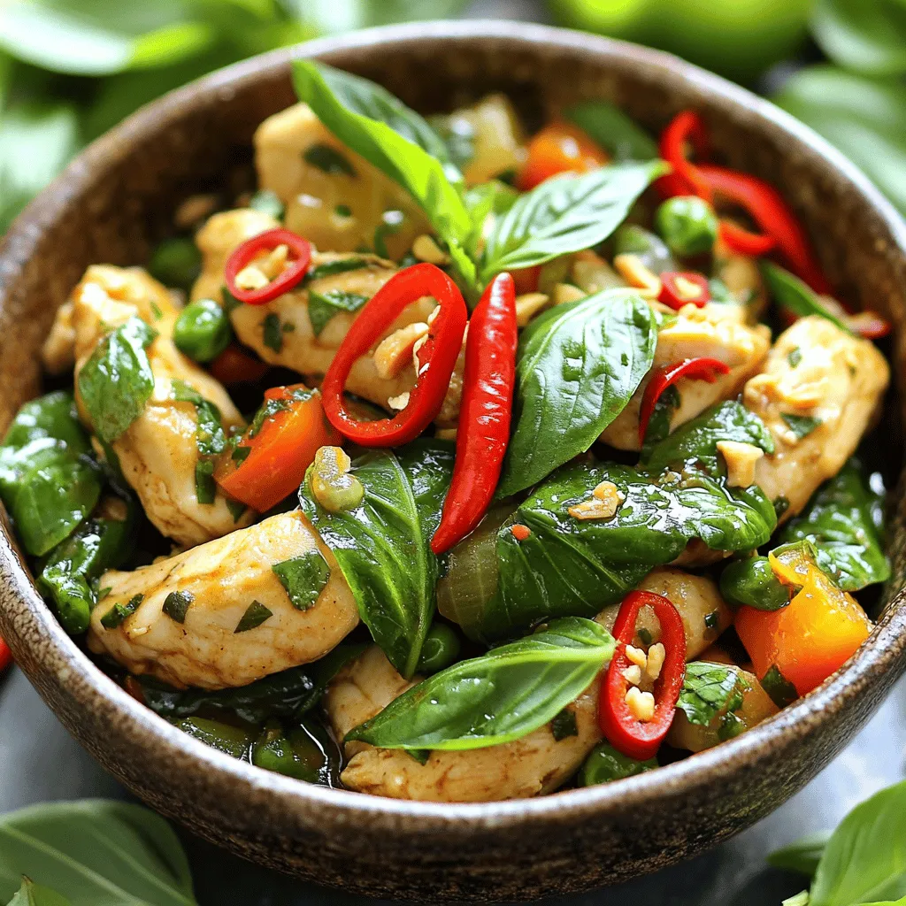 - 500g chicken breast, thinly sliced - 2 cups fresh Thai basil leaves, packed - 4 cloves garlic, finely minced - 2-3 Thai chilies, finely chopped - 1 bell pepper, thinly sliced into strips - 1 small onion, thinly sliced - 2 tablespoons soy sauce - 1 tablespoon oyster sauce (or vegetarian substitute) - 1 tablespoon fish sauce (or soy sauce for vegan alternative) - 1 teaspoon sugar - 1 tablespoon vegetable oil Gather these fresh ingredients to make the dish burst with flavor. Chicken breast is your main protein. Thin slices cook fast and stay tender. Thai basil gives a unique aroma and flavor. Use fresh leaves for the best taste. Garlic adds a savory kick. Adjust Thai chilies based on your heat preference. The bell pepper and onion add crunch and sweetness. The sauce combines soy, oyster, and fish sauce for a rich taste. The sugar balances the salty notes. This mix of ingredients creates a colorful and tasty meal. You will enjoy preparing and eating this dish. Get ready to impress your family and friends with this Thai Basil Chicken! - First, take 500g of thinly sliced chicken breast. - In a bowl, mix the chicken with 2 tablespoons of soy sauce. - Add 1 tablespoon of oyster sauce and 1 tablespoon of fish sauce. - Sprinkle in 1 teaspoon of sugar for sweetness. - Stir until the chicken is coated well. - Let it marinate for at least 15 minutes. This step helps the chicken soak up all the flavors. - Heat 1 tablespoon of vegetable oil in a large skillet over medium-high heat. - When the oil is hot, add 4 cloves of minced garlic and 2-3 chopped Thai chilies. - Stir-fry for about 30 seconds until the garlic smells good. - Next, add the marinated chicken. Cook for 5-7 minutes until it turns brown. - Make sure the chicken is no longer pink inside. - Now, add 1 sliced bell pepper and 1 thinly sliced onion. - Stir and cook for another 2-3 minutes until the veggies become tender. - Once the vegetables are ready, take the skillet off the heat. - Add 2 cups of fresh Thai basil leaves to the hot mix. - Gently fold in the basil until it wilts. - Serve the Thai Basil Chicken hot on a plate. - For a tasty pairing, enjoy it over jasmine rice or in lettuce leaves. - How to ensure chicken is tender: Marinate chicken with soy sauce and oyster sauce. Let it sit for at least 15 minutes. This helps the chicken soak up flavors and stay juicy. - Best method for cutting vegetables: Use a sharp knife for clean cuts. Slice bell peppers and onions thinly. This helps them cook quickly and evenly. - Adjusting spice levels to personal preference: Add more or fewer Thai chilies based on your taste. For less heat, remove seeds from the chilies. - Suggestions for additional toppings or garnishes: Top your dish with fresh basil leaves. Add thin slices of chilies for color and a bit more spice. - Ideal side dish pairings: Serve Thai Basil Chicken with fluffy jasmine rice. It balances the bold flavors nicely. - Creative serving ideas: Present the chicken on lettuce leaves. This makes a fun, low-carb wrap. Just scoop and enjoy! {{image_4}} You can change proteins in this dish. Try using pork or tofu instead of chicken. Both will soak up the flavors well. Cut them into thin slices just like the chicken. You can also swap out vegetables. Broccoli, carrots, or snap peas work great. Just slice them thin so they cook quickly. If you want a vegan or vegetarian dish, use tofu or tempeh. Replace fish sauce with soy sauce. Use a vegetarian oyster sauce too. This keeps the yummy taste without meat. For gluten-free options, choose gluten-free soy sauce. Make sure all sauces are free from gluten. This way, everyone can enjoy the meal. Thai Basil Chicken varies across Thailand. In some regions, they add more chilies for heat. Others might include different vegetables based on what’s fresh. Local ingredients make a big difference. Some might add peanuts for crunch. Others might use local herbs to enhance the flavor. Each version brings a unique taste to this classic dish. To store leftovers properly, place Thai Basil Chicken in an airtight container. This helps keep the flavors fresh. Make sure to let it cool down first before sealing it. In the fridge, it stays good for 3 to 4 days. Just remember to reheat it well before eating. Yes, you can freeze Thai Basil Chicken! It freezes nicely and saves well for later meals. Use a freezer-safe container or a heavy-duty freezer bag. Remove as much air as possible to avoid freezer burn. For thawing, place it in the fridge overnight. This keeps the texture and flavor intact. To avoid overcooking, use a low heat setting when reheating. You can use a skillet with a little oil or a microwave. If using the microwave, cover it loosely with a lid or a damp paper towel. This keeps moisture in and prevents drying out. Stir it often and check the temperature to ensure it heats evenly. Thai basil is a unique herb. It has a sweet and spicy flavor. The leaves are darker and more pointed than regular basil. Thai basil has a hint of anise, making it special. Regular basil is milder and more fragrant. You can use both, but they taste different. Yes, you can prep Thai Basil Chicken in advance. Marinate the chicken and chop the veggies ahead. Store them in the fridge for up to a day. When you're ready to cook, just stir-fry everything. This saves time and makes dinner easier. The spice level depends on the chilies you use. Thai chilies can be very hot. If you want less heat, use fewer chilies. You can also remove the seeds for milder flavor. Taste as you cook and adjust to your liking. Thai Basil Chicken goes well with many sides. Here are a few great options: - Jasmine rice for a classic pairing - Stir-fried vegetables for extra crunch - Fresh lettuce leaves for wrapping - A simple cucumber salad for freshness These sides will make your meal even better! This blog post covered how to make a tasty Thai Basil Chicken dish. We explored the key ingredients, including chicken, fresh basil, and garlic. I shared step-by-step cooking instructions and useful tips for great flavor and texture. You learned ways to adapt the recipe for different diets and local tastes. Enjoying this dish brings vibrant flavors to your table. Don't hesitate to experiment with your own twists. Happy cooking!