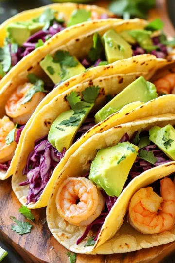 For this quick and tasty dish, you need: - 1 lb (450g) large shrimp, peeled and deveined - 4 tablespoons unsalted butter - 4 cloves garlic, finely minced - 1 teaspoon smoked paprika - 1 teaspoon ground cumin - Salt and freshly cracked black pepper, to taste - 1 tablespoon fresh cilantro, chopped - 8 small corn tortillas - 1 ripe avocado, sliced - 1 cup red cabbage, finely shredded - Lime wedges for serving These ingredients make the shrimp juicy and flavorful. The garlic butter adds richness, while the spices give it a warm kick. To make your tacos even better, add these garnishes: - Extra chopped cilantro for freshness - Sliced jalapeños for heat - A dollop of sour cream or Greek yogurt for creaminess These extras can enhance the taste and make your tacos look amazing. To prepare these tacos, you will need: - A large skillet for cooking - A spatula for stirring the shrimp - A cutting board and knife for chopping - A serving platter for presentation These tools help you cook and serve your tacos with ease. Making garlic butter shrimp tacos is simple and quick. You will cook shrimp in garlic butter, then warm tortillas. Finally, you will assemble the tacos with toppings. This whole process takes just 15 minutes! 1. Heat a large skillet over medium heat. Add 4 tablespoons of unsalted butter. Let it melt completely. 2. Once melted, add 4 cloves of finely minced garlic. Sauté for about 1 minute. Make sure the garlic does not brown. 3. Next, add 1 teaspoon of smoked paprika and 1 teaspoon of ground cumin. Stir these spices into the butter and garlic. 4. Carefully add 1 pound of peeled and deveined large shrimp to the skillet. Season with salt and freshly cracked black pepper. 5. Cook the shrimp for about 3-4 minutes. Stir frequently until they turn pink and opaque. 6. Before removing from heat, stir in 1 tablespoon of chopped fresh cilantro. This adds a nice burst of flavor. 1. While the shrimp cooks, heat 8 small corn tortillas in a separate dry skillet. Warm each side for 30 seconds until soft. 2. To build the tacos, place several shrimp on each tortilla. 3. Top with slices of ripe avocado and a generous handful of finely shredded red cabbage. 4. Squeeze fresh lime juice over the tacos for a bright finish. Serve these tacos on a large platter, and enjoy! To cook shrimp just right, start with fresh or thawed shrimp. Make sure they are peeled and deveined. Heat your skillet over medium heat. Add the butter and let it melt gently. Once melted, add minced garlic. Cook it for about one minute until it smells good. Do not let the garlic brown! Next, add your shrimp. Cook them for 3-4 minutes. They should turn pink and opaque when done. Stir them often to cook evenly. For great flavor, season your shrimp well. Use salt, pepper, cumin, and smoked paprika. The cumin adds warmth, while paprika gives a smoky taste. Always taste your shrimp as they cook. Adjust the seasoning if needed. Fresh cilantro adds a nice touch at the end. Stir it in right before serving. This will give your dish a fresh finish. Want more flavor? Try adding lime juice right before serving. It brightens up the shrimp and adds zing. You can also add toppings like avocado and red cabbage. They add creaminess and crunch. Don’t forget to warm your tortillas. This makes them soft and easy to handle. Serve your tacos on a large platter with lime wedges for fun! {{image_4}} You can swap shrimp for other proteins. Chicken or fish work well. If you want a meatless option, try tofu or mushrooms. Both soak up flavors nicely. You can marinate them with the same garlic butter mix. This keeps the taste rich and satisfying. While corn tortillas are classic, you can try flour or whole wheat. These add a different texture. You can also use lettuce wraps for a low-carb choice. Just make sure they are sturdy enough to hold the filling. Each option changes the feel of your tacos. Toppings can really jazz up your tacos. Try fresh mango or pineapple for sweetness. Pickled onions add a tangy kick. You can also use feta or cotija cheese for creaminess. Don’t forget hot sauce if you like heat. These toppings make each taco a new experience. To store leftovers, place the shrimp in an airtight container. Keep them in the fridge. They stay fresh for up to two days. For the tortillas and toppings, store them separately. This keeps everything fresh and tasty. When you're ready to eat, reheat the shrimp in a skillet over medium heat. Stir them gently for about 2-3 minutes. This warms them up without drying them out. You can also microwave them for about 30 seconds. Cover them with a damp paper towel to keep moisture in. If you want to freeze tacos, first cool the shrimp completely. Place them in a freezer-safe bag. Squeeze out the air before sealing. You can freeze the shrimp for up to three months. For tortillas, wrap them in foil and freeze. To use, thaw in the fridge overnight. Reheat as needed before serving. You can replace butter with oil. Olive oil works well for a nice flavor. Use the same amount as the butter in the recipe. Heat the oil and add minced garlic. Then, follow the steps as usual. This will still give you tasty shrimp tacos without butter. Yes, you can use frozen shrimp. Just make sure to thaw them first. Place the shrimp in cold water for about 15-20 minutes. This helps them cook evenly and stay juicy. After thawing, pat them dry before cooking for the best results. A few great sides include: - Mexican rice: This adds a nice touch to the meal. - Black beans: They complement the shrimp and add protein. - Grilled corn: Sweet corn pairs well with the tacos. - Fresh salsa: A zesty salsa adds color and flavor. These sides enhance your meal and make it more filling. Enjoy your shrimp tacos with these tasty additions! In this post, we covered how to make garlic butter shrimp tacos. We explored key ingredients, cooking steps, and tasty garnishes. I shared tips to cook shrimp perfectly and offered creative variations. Remember, you can store leftovers for later enjoyment. Garlic butter shrimp tacos are simple and fun to make. Now, gather your ingredients, follow the steps, and enjoy a delicious meal.