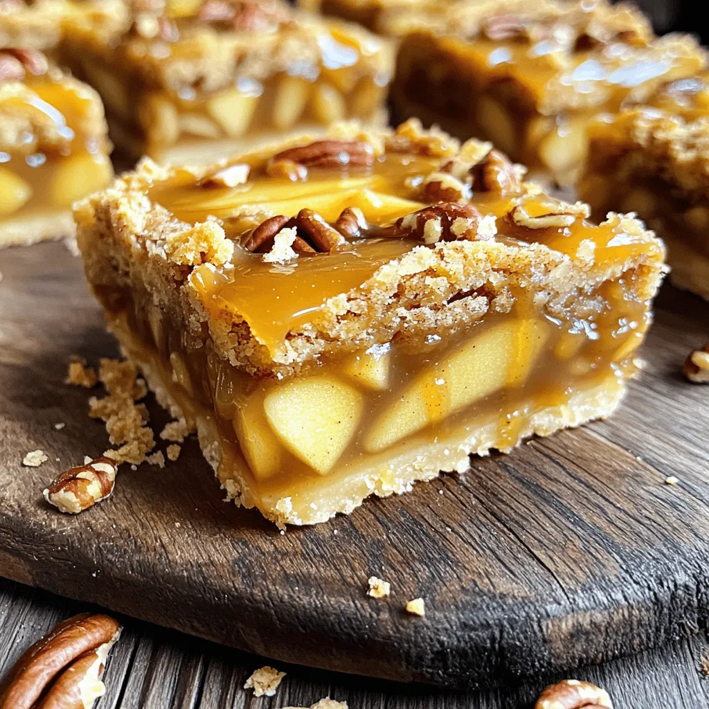 - 2 cups all-purpose flour - ½ cup granulated sugar - ½ teaspoon salt - 1 teaspoon ground cinnamon - 1 cup unsalted butter, cold and cubed - ¼ cup brown sugar, packed tightly - 4 medium apples, peeled, cored, and thinly sliced - 1 tablespoon fresh lemon juice - 1 teaspoon pure vanilla extract - ¼ cup caramel sauce - 1 egg, lightly beaten (for the egg wash) - ¼ cup chopped pecans (optional) You need fresh and quality ingredients for the best flavor. Start with all-purpose flour, granulated sugar, and salt. Ground cinnamon adds warmth. Cold butter is a must for a flaky crust. I recommend using Granny Smith or Honeycrisp apples for their sweet and tart balance. Fresh lemon juice keeps the apples bright. Pure vanilla extract enhances the overall taste, while caramel sauce adds a delightful drizzle. For a bit of crunch, you can toss in some chopped pecans. Gather these ingredients before you start. It makes the process smooth and fun! In a large bowl, mix together 2 cups of all-purpose flour, ½ cup of granulated sugar, ½ teaspoon of salt, and 1 teaspoon of ground cinnamon. Use a whisk to blend these dry ingredients. Next, add 1 cup of cold, cubed butter. You can use your fingers or a pastry cutter to mix until the mix looks like coarse crumbs. You want small pieces of butter to remain, about the size of peas. Now, preheat your oven to 350°F (175°C). Grease a 9x13 inch baking dish with butter or cooking spray. Press about two-thirds of your crumb mix into the bottom of the dish. Make it even and compact. Bake this crust for 15 to 20 minutes. You want it to be slightly golden on the edges. After baking, let it cool for a few minutes. In another large bowl, take 4 medium apples and peel, core, and thinly slice them. Add 1 tablespoon of fresh lemon juice, ¼ cup of packed brown sugar, and 1 teaspoon of pure vanilla extract. Toss the apple slices gently to coat them with the mixture. This step adds flavor and helps to keep the apples fresh. Spread the apple filling evenly over the cooled crust. Make sure you cover all areas. Drizzle ¼ cup of caramel sauce generously on top of the apple layer. If you like, you can sprinkle ¼ cup of chopped pecans for extra crunch and flavor. Take the remaining one-third of the crust mixture and crumble it over the apple filling. Make sure the topping is evenly distributed. This will give your bars a nice, crunchy texture on top. Return the baking dish to the oven. Bake the assembled bars for another 25 to 30 minutes. You want the topping to turn golden brown and the apples to be tender when you poke them with a fork. Once baked, remove the dish from the oven. Let the bars cool completely in the dish. This cooling time helps make cutting them into squares easier. For a fun presentation, plate the bars on a rustic wooden board. You can serve them warm or at room temperature. Drizzle some extra caramel sauce over the bars just before serving. Enjoy them with a scoop of creamy vanilla ice cream or a dollop of whipped cream. To make a great crust, keep your butter cold. Cold butter helps to create a flaky texture. When mixing, use a pastry cutter or your fingers. You want to see some small pieces of butter in the mix. This texture is key for that perfect bite. Choosing the right apples is crucial. I recommend using Granny Smith or Honeycrisp apples. They have a nice balance of sweet and tart. These apples hold their shape well when baked. This gives you great flavor and texture in each bite. You can boost the flavor with spices. A dash of nutmeg or ginger adds warmth. You can also top your bars with chopped pecans for crunch. This adds a delightful texture contrast. If you want a sweeter finish, drizzle more caramel sauce right before serving. {{image_4}} You can easily make these caramel apple pie bars gluten-free. Use a gluten-free all-purpose flour blend instead of regular flour. Ensure the blend contains xanthan gum for proper binding. This swap keeps the texture light and crumbly, just like the original. Adjust the baking time slightly if needed. Always check the package instructions for the best results. To create a vegan version, replace the butter with coconut oil or vegan butter. For the egg wash, use a mixture of plant-based milk and a bit of cornstarch. This will help create a nice golden crust. The flavor will stay rich and delicious while being suitable for a vegan diet. Feel free to mix things up with different fruits or nuts. Pears can add a sweet twist to the filling. You can also try adding dried cranberries or cherries for a tart touch. If you want extra crunch, sprinkle in some walnuts or almonds. These additions will enhance the flavor and texture of your bars. To keep your caramel apple pie bars fresh, store them in an airtight container. This helps prevent drying out. Place parchment paper between layers for easy removal. Keep the container at room temperature for up to three days. If you want to extend their life, move them to the fridge. They will stay fresh for about a week in there. Freezing these bars is easy! First, let them cool completely. Then, cut them into squares. Wrap each square tightly in plastic wrap. Place them in a freezer-safe bag or container. They can last in the freezer for up to three months. To thaw, simply take them out and let them sit at room temperature for a few hours. At room temperature, your bars will last about three days. In the fridge, they last about a week. If you freeze them, they can be good for three months. Always check for signs of spoilage before enjoying. This way, you know you're getting the best taste! Yes, you can use different types of apples. Granny Smith apples add a nice tartness. Honeycrisp apples offer a sweet crunch. Other good choices include Fuji and Braeburn. Each type gives a unique taste and texture. Mix different apples for a fun flavor twist! You can make homemade caramel sauce. Combine sugar, butter, and cream in a pan until smooth. Alternatively, use butterscotch sauce for a different taste. You can also try sweetened condensed milk for a quick option. These substitutes work well in this recipe. To avoid a soggy crust, pre-bake it until golden. Make sure to press the crust tightly into the dish. Use cold butter in the dough for a flaky texture. Also, avoid overfilling with wet ingredients, as this can make the crust soggy. Yes, you can make these bars ahead of time. Prepare and bake them, then let them cool. Store the bars in an airtight container at room temperature. They last up to three days. You can also freeze them for longer storage. Just thaw before serving. You learned how to make delicious apple bars with a flaky crust and rich flavors. We covered essential ingredients, equipment, and step-by-step instructions for a perfect bake. With tips on variations and storage, you can customize your bars to your liking. Don't forget to experiment with different apple types and toppings. Now, you can impress friends and family with these tasty treats. Enjoy baking and sharing your yummy apple bars!