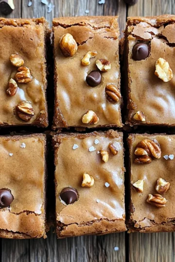 To make brown butter blondies, gather these ingredients: - 1 cup (2 sticks) unsalted butter - 1 cup packed brown sugar (light or dark) - ½ cup granulated sugar - 2 large eggs, at room temperature - 2 teaspoons pure vanilla extract - 2 cups all-purpose flour - ½ teaspoon baking powder - ¼ teaspoon baking soda - ¼ teaspoon fine sea salt - 1 cup chocolate chips (milk or dark) - ½ cup toasted walnuts, chopped (optional) Brown butter is key to this recipe. It adds a rich, nutty flavor that sets these blondies apart. As the butter cooks, it changes color and smell. This transformation creates deeper flavors. You can easily make brown butter by melting unsalted butter over medium heat. Stir it until it turns golden brown. This step is crucial for the best taste. If you have allergies or preferences, there are easy swaps. For dairy-free blondies, use a plant-based butter. You can also use coconut sugar instead of brown sugar for a lower glycemic index. If you want to skip the nuts, just leave out the walnuts. You can even use different types of chocolate chips based on your taste. These swaps keep the blondies delicious! Start by preheating your oven to 350°F (175°C). Grab an 8x8 inch baking pan. Line it with parchment paper, leaving some paper hanging over the sides. This will help you lift the blondies out later. Next, melt the unsalted butter in a medium saucepan over medium heat. Stir it often as it melts. Keep cooking until the butter turns a rich, golden brown. This takes about 5 to 7 minutes. You’ll know it’s ready when it smells nutty. Once browned, take it off the heat and let it cool a bit. In a large bowl, mix the warm brown butter with the packed brown sugar and granulated sugar. Use a whisk to blend them until smooth. Add the eggs one at a time, mixing well after each. Then, stir in the vanilla extract. In another bowl, whisk together flour, baking powder, baking soda, and fine sea salt. Gradually add this dry mix to the wet ingredients. Stir gently until just combined. It’s okay to have some lumps. Finally, fold in the chocolate chips and nuts if you’re using them. Be gentle to keep the batter light. Pour the mixture into your prepared pan and smooth the top. Place the pan in your preheated oven. Bake for 25 to 30 minutes. To check if they are done, insert a toothpick in the center. It should come out with a few moist crumbs, not wet batter. After baking, let the blondies cool in the pan for about 10 minutes. Use the parchment to lift them out and place them on a wire rack to cool completely before slicing. Enjoy your soft and chewy delight! To make great brown butter, heat unsalted butter in a medium saucepan. Stir it often as it melts. Watch closely as it changes color. You want it to turn a rich golden brown. This usually takes about 5 to 7 minutes. Once you smell a nutty aroma, take it off the heat. Let it cool slightly before using it in your blondie batter. This step adds a deep flavor that makes your blondies extra special. A few mistakes can ruin your blondies. First, do not overmix the batter. A few lumps are okay; overmixing can make them tough. Second, check your oven temperature. An oven that is too hot can burn the bottom. It's best to use an oven thermometer for accuracy. Finally, remember to let the blondies cool before cutting. Cutting too soon can make them fall apart. For neat slices, use a sharp knife. A warm knife cuts through the blondies easily. If you want to make them even prettier, dust the top with powdered sugar. You can also drizzle melted chocolate over them. Serve them warm or at room temperature for the best taste. Enjoy these delicious treats with friends or family! {{image_4}} If you're looking to make these blondies nut-free, it's easy! Simply skip the walnuts. You can replace them with extra chocolate chips or even dried fruit. This change keeps the texture soft and chewy while ensuring safety for those with nut allergies. You can add flavor to your blondies in many ways. Try mixing in spices like cinnamon or nutmeg. A touch of sea salt enhances the sweet taste too. You can also use vanilla bean paste instead of extract for a richer flavor. For a fun twist, add a splash of almond or coconut extract. Each choice gives a unique taste! While the recipe calls for chocolate chips, you can switch it up. Use white chocolate chips for a sweeter treat. Dark chocolate chips offer a more intense taste. You can even mix different types of chocolate for a fun effect. The choice is yours! To keep your brown butter blondies fresh, store them in an airtight container. Line the bottom with parchment paper to prevent sticking. You can place a slice of bread in the container. This helps keep the blondies soft. Keep them at room temperature for the best taste. You can freeze the blondies for later use. First, let them cool completely. Then, wrap each square tightly in plastic wrap. Place the wrapped squares in a freezer bag. Be sure to remove as much air as possible. This keeps them fresh for up to three months. When stored correctly, your blondies can last about one week at room temperature. If you refrigerate them, they may last about two weeks. However, the texture may change slightly. Freezing is the best option for long-term storage. To make brown butter blondies from scratch, follow these steps: - Preheat your oven to 350°F (175°C). - Line an 8x8 inch pan with parchment paper. - Melt 1 cup of unsalted butter in a saucepan over medium heat. - Cook until it turns golden brown and smells nutty. - Mix the brown butter with 1 cup of packed brown sugar and ½ cup of granulated sugar. - Add 2 large eggs and 2 teaspoons of vanilla, mixing well. - Whisk together 2 cups of flour, ½ teaspoon of baking powder, ¼ teaspoon of baking soda, and ¼ teaspoon of salt in a separate bowl. - Combine dry ingredients with wet ones, stirring gently. - Fold in 1 cup of chocolate chips and ½ cup of chopped walnuts, if desired. - Pour into the pan and bake for 25-30 minutes. - Cool before cutting into squares. Yes, you can substitute chocolate chips. Here are some options: - Use white chocolate chips for a sweeter taste. - Try peanut butter chips for a fun twist. - You can also use chopped candy bars or dried fruit. These swaps add unique flavors to your blondies. Dry blondies often come from overbaking or too much flour. Here are tips to avoid this: - Check for doneness early; a toothpick should have a few moist crumbs. - Measure flour correctly; spoon it into the cup and level it off. - Ensure you mix just until combined; overmixing can lead to dryness. If you need a walnut substitute, try these ideas: - Use pecans for a similar nutty flavor. - Sunflower seeds are a great nut-free option. - For crunch, consider adding shredded coconut or pumpkin seeds. These alternatives keep your blondies tasty while accommodating different diets. This guide covered all you need for perfect brown butter blondies. We explored key ingredients, the process of making brown butter, and baking instructions. I shared helpful tips to avoid mishaps and suggested tasty variations. Proper storage techniques ensure your blondies stay fresh. With these insights, you can enjoy baking confidently. Trust in your skills and have fun with this delicious treat!