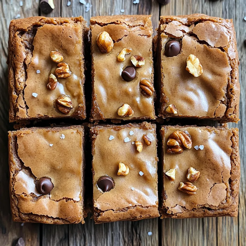 To make brown butter blondies, gather these ingredients: - 1 cup (2 sticks) unsalted butter - 1 cup packed brown sugar (light or dark) - ½ cup granulated sugar - 2 large eggs, at room temperature - 2 teaspoons pure vanilla extract - 2 cups all-purpose flour - ½ teaspoon baking powder - ¼ teaspoon baking soda - ¼ teaspoon fine sea salt - 1 cup chocolate chips (milk or dark) - ½ cup toasted walnuts, chopped (optional) Brown butter is key to this recipe. It adds a rich, nutty flavor that sets these blondies apart. As the butter cooks, it changes color and smell. This transformation creates deeper flavors. You can easily make brown butter by melting unsalted butter over medium heat. Stir it until it turns golden brown. This step is crucial for the best taste. If you have allergies or preferences, there are easy swaps. For dairy-free blondies, use a plant-based butter. You can also use coconut sugar instead of brown sugar for a lower glycemic index. If you want to skip the nuts, just leave out the walnuts. You can even use different types of chocolate chips based on your taste. These swaps keep the blondies delicious! Start by preheating your oven to 350°F (175°C). Grab an 8x8 inch baking pan. Line it with parchment paper, leaving some paper hanging over the sides. This will help you lift the blondies out later. Next, melt the unsalted butter in a medium saucepan over medium heat. Stir it often as it melts. Keep cooking until the butter turns a rich, golden brown. This takes about 5 to 7 minutes. You’ll know it’s ready when it smells nutty. Once browned, take it off the heat and let it cool a bit. In a large bowl, mix the warm brown butter with the packed brown sugar and granulated sugar. Use a whisk to blend them until smooth. Add the eggs one at a time, mixing well after each. Then, stir in the vanilla extract. In another bowl, whisk together flour, baking powder, baking soda, and fine sea salt. Gradually add this dry mix to the wet ingredients. Stir gently until just combined. It’s okay to have some lumps. Finally, fold in the chocolate chips and nuts if you’re using them. Be gentle to keep the batter light. Pour the mixture into your prepared pan and smooth the top. Place the pan in your preheated oven. Bake for 25 to 30 minutes. To check if they are done, insert a toothpick in the center. It should come out with a few moist crumbs, not wet batter. After baking, let the blondies cool in the pan for about 10 minutes. Use the parchment to lift them out and place them on a wire rack to cool completely before slicing. Enjoy your soft and chewy delight! To make great brown butter, heat unsalted butter in a medium saucepan. Stir it often as it melts. Watch closely as it changes color. You want it to turn a rich golden brown. This usually takes about 5 to 7 minutes. Once you smell a nutty aroma, take it off the heat. Let it cool slightly before using it in your blondie batter. This step adds a deep flavor that makes your blondies extra special. A few mistakes can ruin your blondies. First, do not overmix the batter. A few lumps are okay; overmixing can make them tough. Second, check your oven temperature. An oven that is too hot can burn the bottom. It's best to use an oven thermometer for accuracy. Finally, remember to let the blondies cool before cutting. Cutting too soon can make them fall apart. For neat slices, use a sharp knife. A warm knife cuts through the blondies easily. If you want to make them even prettier, dust the top with powdered sugar. You can also drizzle melted chocolate over them. Serve them warm or at room temperature for the best taste. Enjoy these delicious treats with friends or family! {{image_4}} If you're looking to make these blondies nut-free, it's easy! Simply skip the walnuts. You can replace them with extra chocolate chips or even dried fruit. This change keeps the texture soft and chewy while ensuring safety for those with nut allergies. You can add flavor to your blondies in many ways. Try mixing in spices like cinnamon or nutmeg. A touch of sea salt enhances the sweet taste too. You can also use vanilla bean paste instead of extract for a richer flavor. For a fun twist, add a splash of almond or coconut extract. Each choice gives a unique taste! While the recipe calls for chocolate chips, you can switch it up. Use white chocolate chips for a sweeter treat. Dark chocolate chips offer a more intense taste. You can even mix different types of chocolate for a fun effect. The choice is yours! To keep your brown butter blondies fresh, store them in an airtight container. Line the bottom with parchment paper to prevent sticking. You can place a slice of bread in the container. This helps keep the blondies soft. Keep them at room temperature for the best taste. You can freeze the blondies for later use. First, let them cool completely. Then, wrap each square tightly in plastic wrap. Place the wrapped squares in a freezer bag. Be sure to remove as much air as possible. This keeps them fresh for up to three months. When stored correctly, your blondies can last about one week at room temperature. If you refrigerate them, they may last about two weeks. However, the texture may change slightly. Freezing is the best option for long-term storage. To make brown butter blondies from scratch, follow these steps: - Preheat your oven to 350°F (175°C). - Line an 8x8 inch pan with parchment paper. - Melt 1 cup of unsalted butter in a saucepan over medium heat. - Cook until it turns golden brown and smells nutty. - Mix the brown butter with 1 cup of packed brown sugar and ½ cup of granulated sugar. - Add 2 large eggs and 2 teaspoons of vanilla, mixing well. - Whisk together 2 cups of flour, ½ teaspoon of baking powder, ¼ teaspoon of baking soda, and ¼ teaspoon of salt in a separate bowl. - Combine dry ingredients with wet ones, stirring gently. - Fold in 1 cup of chocolate chips and ½ cup of chopped walnuts, if desired. - Pour into the pan and bake for 25-30 minutes. - Cool before cutting into squares. Yes, you can substitute chocolate chips. Here are some options: - Use white chocolate chips for a sweeter taste. - Try peanut butter chips for a fun twist. - You can also use chopped candy bars or dried fruit. These swaps add unique flavors to your blondies. Dry blondies often come from overbaking or too much flour. Here are tips to avoid this: - Check for doneness early; a toothpick should have a few moist crumbs. - Measure flour correctly; spoon it into the cup and level it off. - Ensure you mix just until combined; overmixing can lead to dryness. If you need a walnut substitute, try these ideas: - Use pecans for a similar nutty flavor. - Sunflower seeds are a great nut-free option. - For crunch, consider adding shredded coconut or pumpkin seeds. These alternatives keep your blondies tasty while accommodating different diets. This guide covered all you need for perfect brown butter blondies. We explored key ingredients, the process of making brown butter, and baking instructions. I shared helpful tips to avoid mishaps and suggested tasty variations. Proper storage techniques ensure your blondies stay fresh. With these insights, you can enjoy baking confidently. Trust in your skills and have fun with this delicious treat!