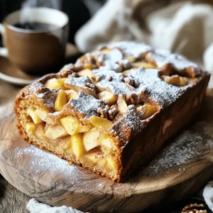 - 2 cups all-purpose flour - 1 teaspoon baking powder - ½ teaspoon baking soda - 1 teaspoon ground cinnamon - ½ teaspoon salt - ½ cup unsalted butter, softened to room temperature - 1 cup packed brown sugar - 2 large eggs, at room temperature - 1 teaspoon vanilla extract - 1 cup plain Greek yogurt - 1 ½ cups apples, peeled and diced (Granny Smith preferred for tartness) - ½ cup chopped walnuts or pecans (optional) - 2 tablespoons granulated sugar (for topping) - 1 teaspoon ground cinnamon (for topping) - All-purpose flour: This gives the loaf its structure. You can use whole wheat flour for a richer flavor. - Baking powder and baking soda: These help the loaf rise. Make sure they are fresh for best results. - Ground cinnamon: This adds warmth and sweetness. You can use apple pie spice for a unique touch. - Salt: Enhances flavor. Always use fine salt for even mixing. - Unsalted butter: Softened butter blends smoothly into the batter. If you prefer, use coconut oil for a dairy-free option. - Brown sugar: This adds moisture and a deep flavor. You can swap it with white sugar if needed. - Eggs: They bind the mixture. Use flax eggs for a vegan version. - Vanilla extract: This gives a sweet aroma. You can use almond extract for a different flavor. - Plain Greek yogurt: Adds moisture and tang. Substitute with sour cream or a dairy-free yogurt. - Apples: Granny Smith apples work well for tartness. You can use any apple you like. - Chopped walnuts or pecans: These add crunch. Omit them for a nut-free version. - Granulated sugar and ground cinnamon for topping: This creates a sweet crust. You can use brown sugar instead for a caramel flavor. This loaf offers a mix of flavors and nutrition. Each slice gives you: - Calories: About 200 - Protein: 4g - Fat: 8g - Carbohydrates: 30g - Fiber: 1g - Sugar: 10g For dietary needs, this recipe contains gluten, dairy, and eggs. You can adjust it to fit gluten-free or vegan diets by swapping ingredients. Always check labels for allergens. Enjoy this loaf as a treat, but be mindful of portion sizes for balanced eating. First, you need to preheat your oven to 350°F (175°C). This step is key to getting the right rise and texture in your cake. While the oven heats, grab a 9x5 inch loaf pan. Grease it with butter or cooking spray. This helps the loaf to come out easily after baking. Now it’s time to make the batter. In a mixing bowl, whisk together these dry ingredients: - 2 cups all-purpose flour - 1 teaspoon baking powder - ½ teaspoon baking soda - 1 teaspoon ground cinnamon - ½ teaspoon salt Mix them well to ensure even distribution. Set this bowl aside. In a large bowl, cream together: - ½ cup unsalted butter (softened) - 1 cup packed brown sugar Use an electric mixer and beat for 2-3 minutes until light and fluffy. Next, add in: - 2 large eggs (at room temperature) - 1 teaspoon vanilla extract Mix well after each egg. Then, gently stir in: - 1 cup plain Greek yogurt This adds moisture and a tangy flavor. Gradually mix in the dry ingredients. Use a spatula to blend until just combined. Be careful not to overmix. Now, fold in: - 1 ½ cups diced apples - ½ cup chopped walnuts or pecans (optional) Make sure they are evenly mixed into the batter. Pour the batter into your prepared loaf pan. Smooth the top with a spatula. In a small bowl, combine: - 2 tablespoons granulated sugar - 1 teaspoon ground cinnamon Mix this together and sprinkle it evenly over the batter. Place the loaf pan in the oven and bake for 50-60 minutes. The loaf is ready when a toothpick comes out clean or with a few moist crumbs. After baking, let it cool in the pan for about 10 minutes. Then, transfer the loaf to a wire rack. Let it cool completely before slicing. Enjoy the warm aroma as it fills your kitchen! To get a soft and moist loaf, use room temperature ingredients. This includes butter, eggs, and yogurt. Mixing them too cold can cause the batter to be lumpy. When you combine dry and wet ingredients, mix gently. Overmixing creates a dense loaf, which we want to avoid. The apples also add moisture, so be sure to fold them in carefully. Try using different apples for unique flavors. Granny Smith apples add tartness, but you can use Fuji or Honeycrisp for sweetness. You can also swap Greek yogurt with sour cream for a creamier texture. For a nutty twist, add chopped walnuts or pecans. If you love a hint of spice, consider adding nutmeg or allspice. One common mistake is not preheating the oven. Always preheat to 350°F for even baking. Another error is greasing the pan too lightly. A well-greased pan helps the loaf come out easily. Lastly, don’t skip the toothpick test. If it comes out clean, your loaf is ready. If you see wet batter, give it more time in the oven. {{image_4}} You can change up the apples for other fruits in this coffee cake loaf. Try using pears for a sweet twist. They add moisture and a soft texture. You can also use blueberries for a burst of flavor. The tartness of cranberries works well too. Each fruit gives a unique taste to your loaf. Mix and match to find your favorite! If you want a gluten-free version, swap the all-purpose flour for a gluten-free blend. Use one that works well in baking. Make sure it contains xanthan gum for better structure. You can also check for certified gluten-free oats to add a bit of texture. These changes keep the loaf moist and tasty! Nuts and chocolate can give your loaf a fun twist. Try adding chopped almonds or hazelnuts for a crunch. Pecans add a nice buttery flavor. If you love chocolate, mix in chocolate chips for sweetness. Dark chocolate pairs well with the cinnamon and apples. These little tweaks make each loaf special and unique! To keep your loaf fresh, wrap it tightly in plastic wrap. Place it in an airtight container. You can also use aluminum foil. This helps keep the moisture in and the flavors bright. Store it at room temperature for up to three days. If you slice the loaf, try to keep the slices together to avoid drying out. For longer storage, freeze your loaf. First, let it cool completely. Then, wrap it tightly in plastic wrap, followed by aluminum foil. This double layer prevents freezer burn. Label the package with the date. Store it in the freezer for up to three months. When you’re ready to enjoy it, simply thaw it overnight in the fridge. To reheat, preheat your oven to 350°F (175°C). Place the loaf on a baking sheet. Heat for about 10-15 minutes until warm. For sliced pieces, wrap them in foil to keep them from drying out. You can also use a microwave for a quick heat. Just heat for 10-15 seconds at a time until warm. Enjoy your warm cinnamon apple coffee cake loaf fresh! The coffee cake loaf stays fresh for about 3 to 4 days. Store it in an airtight container at room temperature. If you want it to last longer, you can refrigerate it. Just note that refrigeration may change its texture slightly. Yes, you can make this recipe without eggs. Use ¼ cup of unsweetened applesauce for each egg. This swap keeps the loaf moist and tasty. You can also use flax eggs. Mix 1 tablespoon of ground flaxseed with 2.5 tablespoons of water. Let it sit for a few minutes until it thickens. Serve the loaf warm for the best taste. Slice it and add a pat of butter on top. This adds a rich flavor. Pair it with coffee or tea for a cozy treat. You can also dust it with powdered sugar for a nice touch. Enjoy it with family or friends for a delightful experience. This post detailed how to make a delicious coffee cake loaf. We covered key ingredients, step-by-step instructions, and even helpful tips. I shared ways to add variations, like using different fruits or making it gluten-free. We also discussed the best ways to store and reheat your loaf for maximum flavor. Now you’re all set to bake your own tasty treat. Enjoy the process and share your coffee cake joy!
