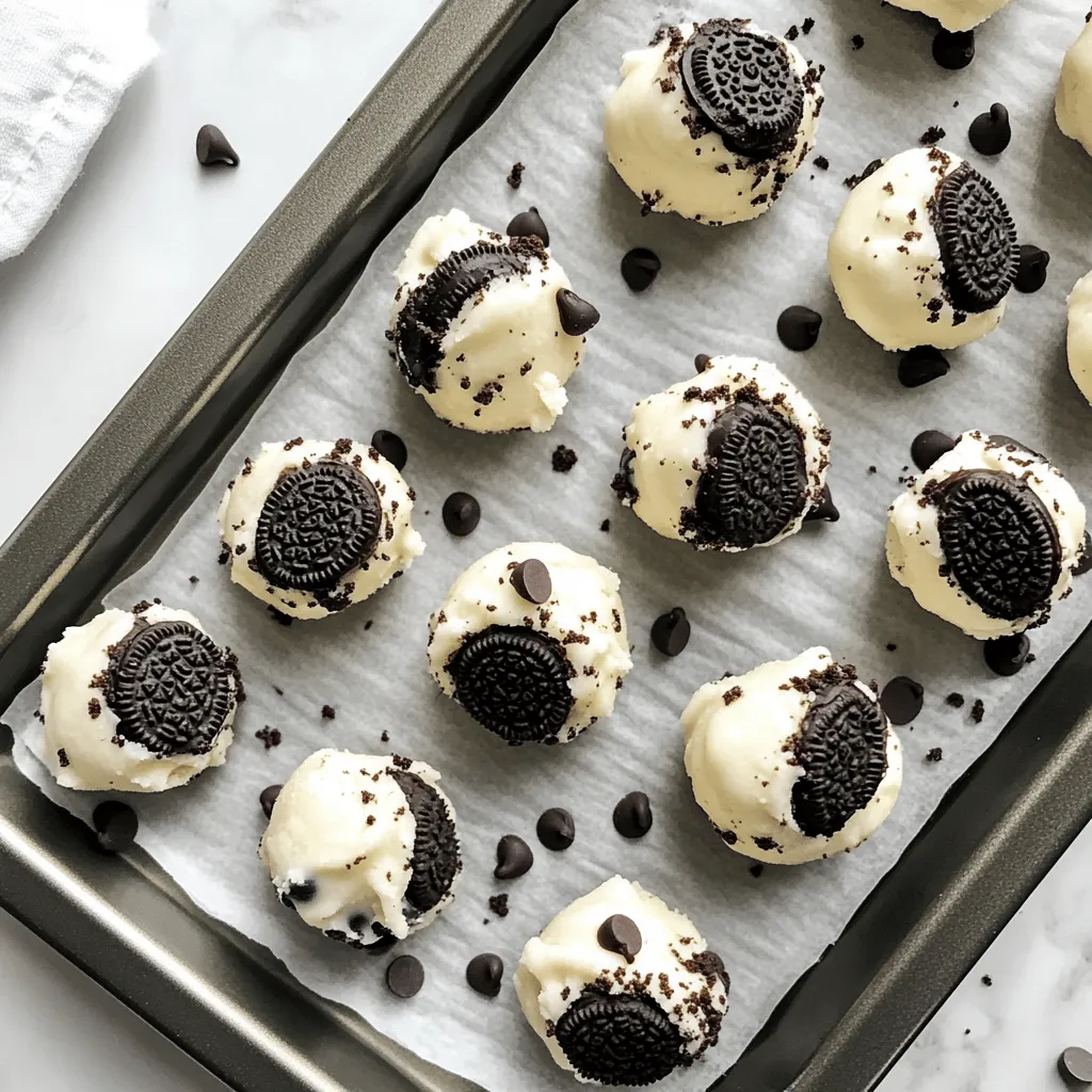 Here’s what you need to make No Bake Oreo Cookie Dough Bites: - 1 cup Oreo cookie crumbs (about 10-12 Oreos) - ½ cup heat-treated all-purpose flour - ½ cup sweetened condensed milk - ¼ cup packed brown sugar - 1 teaspoon vanilla extract - ½ cup mini chocolate chips - Pinch of salt - Optional: Additional crushed Oreos for rolling These ingredients come together to create a sweet, rich treat. The Oreo cookie crumbs give a great flavor base. The heat-treated flour ensures safety, allowing us to enjoy the dough without baking. Sweetened condensed milk adds creaminess, while brown sugar gives a nice depth of flavor. You can also use mini chocolate chips for extra sweetness. The pinch of salt balances the flavors nicely. If you want a fun twist, roll the bites in extra crushed Oreos for added crunch. This simple list makes it easy to whip up these delightful bites in no time! Start by taking a large mixing bowl. Add 1 cup of Oreo cookie crumbs and ½ cup of heat-treated all-purpose flour. Use a fork or whisk to mix them together. Make sure there are no lumps in the mixture. This step is key for a smooth texture. Now, add ½ cup of sweetened condensed milk, ¼ cup of packed brown sugar, and 1 teaspoon of vanilla extract to the dry mix. Don't forget a pinch of salt! Stir everything together until a cohesive dough forms. This usually takes about a minute. Ensure all the ingredients are well combined. Once your dough is ready, gently fold in ½ cup of mini chocolate chips. This adds a delightful chocolatey flavor. With clean hands, scoop tablespoon-sized portions of the dough. Roll them into balls, about 1 inch in diameter. You should make around 12 to 15 bites. If you want an extra crunch, roll each dough ball in optional crushed Oreos. This gives them a nice, sweet coating. Arrange the rolled cookie dough bites on a baking sheet lined with parchment paper. Refrigerate them for at least 30 minutes. This helps them firm up, making them easier to eat later. Enjoy your tasty treats! Mixing well is key to a great dough. If you do not mix thoroughly, your bites may crumble. Crumbly dough means you did not add enough wet ingredients. You can fix this by adding a little more sweetened condensed milk. Start with a teaspoon and mix again. This should bind the dough and make it smooth. Chill your cookie dough bites for at least 30 minutes. This helps them firm up nicely. For serving, arrange the bites on a pretty platter. You can alternate them with mini Oreos for a fun look. Sprinkle some crushed Oreos around the bites to make it more appealing. These steps will impress your guests and make your treats even more delicious! {{image_4}} You can change up the flavor of your Oreo cookie dough bites easily. Here are two fun ideas: - Different chocolate chips: Try using white, dark, or milk chocolate chips. Each type gives a unique taste! You can mix these together for a fun blend. - Nuts or sprinkles: Adding chopped nuts like walnuts or pecans can give a great crunch. Sprinkles add color and fun. You can mix these right into the dough or sprinkle them on top. Sometimes, we need to make recipes fit our diet. Here are a few options: - Gluten-free options: Swap out the regular flour for a gluten-free flour blend. Make sure it is safe for baking, and you’ll still enjoy these treats. - Vegan alternatives: For a vegan version, use almond or coconut milk instead of sweetened condensed milk. You can also look for vegan chocolate chips. This way, everyone can enjoy them! To keep your Oreo cookie dough bites fresh, use an airtight container. This helps retain moisture and flavor. Place a piece of parchment paper between layers if you're stacking them. In the fridge, these bites last up to one week. Freezing these treats is simple. First, arrange the bites on a baking sheet in a single layer. Freeze them for about two hours until firm. Then, transfer them to a freezer-safe bag. Squeeze out the air before sealing. For the best taste, eat them within three months. When you're ready to enjoy, take out the desired number of bites. Let them thaw in the fridge for a few hours or at room temperature for 30 minutes. This keeps them creamy and delicious. Yes, you can. You can swap Oreos for any cookie you like. Try using chocolate chip cookies or peanut butter cookies. Just make sure to crush them well, just like the Oreos. This will still give you a tasty treat. These cookie dough bites can last about one week in the fridge. Make sure to store them in an airtight container. This keeps them fresh and tasty. If you want to keep them longer, consider freezing them. Raw flour can cause stomach issues. To make it safe, you need heat-treated flour. You can heat it in the oven at 350°F for 5 minutes. This kills any harmful bacteria. Always handle raw ingredients with care to avoid any health risks. You learned how to make tasty cookie dough bites using simple ingredients. We covered mixing dry and wet ingredients and forming the dough. You also discovered tips for the perfect consistency and fun variations to try. Remember, you can store your bites in the fridge or freeze them for later. These treats are easy to share or enjoy on your own. Now, get creative and make your own yummy versions. Enjoy the fun of baking!
