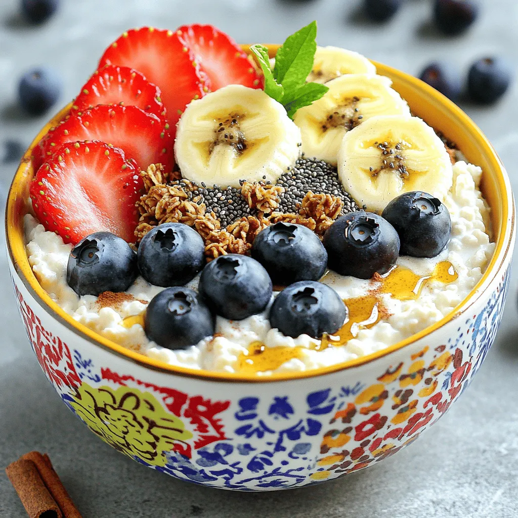 - 2 cups low-fat cottage cheese - 1 ripe banana, expertly sliced - ½ cup fresh blueberries, rinsed - ½ cup sliced strawberries, hulled and sliced - ¼ cup crunchy granola - 2 tablespoons honey or pure maple syrup - 1 tablespoon chia seeds - ¼ teaspoon ground cinnamon - A pinch of sea salt The base of this breakfast bowl is low-fat cottage cheese. It packs a protein punch! Next, fresh fruits like banana, blueberries, and strawberries add natural sweetness and color. I love the creamy texture of the cottage cheese with the juicy fruits. Crunchy granola gives this bowl a satisfying crunch. It adds some fun texture and extra flavor. Drizzling honey or maple syrup on top brings all the flavors together. You can taste the sweetness in every bite! Chia seeds are a great addition for nutrition. They provide fiber and omega-3s. Ground cinnamon and sea salt enhance the taste without overpowering it. Just a pinch of each goes a long way. - Nuts or seeds for extra crunch - Different sweeteners (agave, stevia) - Additional fruits (kiwi, raspberries) If you want to switch things up, add nuts or seeds. They give an extra crunch and healthy fats. You can also try different sweeteners like agave or stevia if you prefer. Adding more fruits like kiwi or raspberries can change the flavor too. Each option makes the bowl unique and fun. Feel free to get creative with your toppings! 1. Start by placing 2 cups of low-fat cottage cheese in a large bowl. This will be your creamy base. 2. Add ¼ teaspoon of ground cinnamon and a pinch of sea salt. Mix them in gently. This step enhances the flavor of the cottage cheese. 1. Slice 1 ripe banana and layer it on top of the cottage cheese. 2. Add ½ cup of fresh blueberries next. Their color will pop! 3. Finally, arrange ½ cup of sliced strawberries over the top. This makes your bowl look beautiful and tasty. 1. Sprinkle ¼ cup of crunchy granola on top for a nice crunch. 2. Add 1 tablespoon of chia seeds for extra nutrition. 3. Drizzle 2 tablespoons of honey or pure maple syrup over everything. This adds a sweet touch. 4. For presentation, use colorful bowls. Arrange the fruits artfully. A sprig of mint on top gives a fresh look! To pack more protein into your bowl, add protein powder or Greek yogurt. Mix one scoop of protein powder into the cottage cheese for a creamy texture. Greek yogurt also makes a great addition. It blends perfectly and adds even more protein. You can also include nut butter, like almond or peanut butter. A dollop on top gives a nutty flavor and extra protein. Try using flavored cottage cheese for a fun twist. Many brands offer options like vanilla or strawberry. You can also experiment with spices. A dash of vanilla or nutmeg can make your bowl pop with flavor. Just sprinkle a little in as you mix. These small changes can elevate your breakfast. Select colorful bowls to make your breakfast look inviting. Bright dishes enhance the colors of your fruits. Take time to arrange the fruits artfully. Layer the banana, blueberries, and strawberries carefully. You can even place a sprig of mint on top. This adds a fresh touch that looks great and tastes good too. {{image_4}} You can switch up your cottage cheese bowl with fun flavors. Try a tropical version. Use coconut flakes and add pineapple. This gives a bright, sunny taste. For a berry medley, mix blueberries, strawberries, and raspberries. This adds a beautiful burst of color. Each option brings a unique twist to your breakfast. Want a vegan option? Use plant-based yogurt instead of cottage cheese. It still gives a creamy base. For gluten-free bowls, choose granola made from oats or nuts. Both options keep your meal tasty and friendly for different diets. Change your bowl with the seasons! In fall, add pumpkin puree and sprinkle pecans on top. This creates a cozy flavor. For winter, use citrus fruits like oranges and add warm spices. These changes keep your breakfast exciting all year round. To make mornings easier, you can prepare the cottage cheese breakfast bowl in advance. Start by storing the main ingredients separately. This keeps them fresh and tasty. You can mix the cottage cheese with the cinnamon and salt ahead of time. Store it in a sealed container in the fridge. Chop the fruits and keep them in another container. This way, you save time in the morning. Just add your toppings like granola and honey right before eating. If you have leftovers, store them properly. Place the unserved cottage cheese in an airtight container. Keep the fruits in a separate container to avoid sogginess. You can store leftovers in the fridge for up to two days. For best taste, eat the bowl within 24 hours. After that, the fruits may lose their crunch and flavor. You can enjoy your breakfast bowl cold or warm. If you prefer it warm, gently heat the cottage cheese in the microwave. Use a low power setting to avoid overheating. Add the fruits and toppings after heating. This keeps the fruits fresh and vibrant. If you enjoy it cold, simply grab it from the fridge and dig in! Cottage cheese lasts five to seven days after opening. Always check the date on the container. If it smells sour or looks weird, toss it. Store it in the fridge to keep it fresh. Yes, you can use Greek yogurt or ricotta cheese as a substitute. Both have a creamy texture and high protein content. They also pair well with fruits and toppings. Cottage cheese is high in protein, making it great for breakfast. It has calcium for strong bones. It is low in fat, which helps with weight management. Plus, it has probiotics that aid digestion. Yes, this recipe is perfect for meal prep. You can prepare the base and toppings separately. Just assemble them when you are ready to eat. This keeps everything fresh and tasty. I do not recommend freezing cottage cheese breakfast bowls. The texture changes when frozen. If you want to prepare ahead, store the cottage cheese and toppings separately in the fridge. This blog post covered a simple and tasty cottage cheese breakfast bowl. We explored main ingredients like low-fat cottage cheese and fruits. I shared preparation steps, helpful tips, and tasty variations. In the end, you can create many flavors and styles with this dish. It fits well into busy mornings and is great for meal prep. Enjoy experimenting with your own twists on this healthy meal!