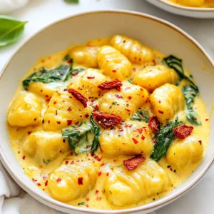 For this dish, you need: - 1 package (16 oz) potato gnocchi - 1 cup sun-dried tomatoes preserved in oil, drained and chopped - 1 tablespoon olive oil - 2 cloves garlic, finely minced - 1 cup heavy cream - 1 cup freshly grated Parmesan cheese - Salt and freshly cracked black pepper, to taste - 1 cup fresh spinach, roughly chopped - 1 teaspoon dried basil - Crushed red pepper flakes (optional, for a spicy kick) - Fresh basil leaves, for garnish To enhance the taste, consider these options: - Add a squeeze of lemon juice for brightness. - A pinch of nutmeg can add warmth. - Fresh herbs like parsley can bring freshness. Make sure you have: - A large pot for boiling water - A large skillet for cooking - A colander for draining gnocchi - A wooden spoon or spatula for stirring - A grater for the Parmesan cheese These tools help you create a smooth and tasty meal with ease. Enjoy cooking! {{ingredient_image_2}} Start by filling a large pot with water. Add a good amount of salt to it. Bring the water to a rapid boil. Once it boils, add the potato gnocchi. Cook until they float to the top, which takes about 2-3 minutes. This is how you know they are done. Drain the gnocchi in a colander and set aside. In a large skillet, pour in the olive oil. Heat it over medium heat until it warms up. Add the minced garlic and stir it for about 1 minute. You want to smell its nice aroma. Be careful not to let it burn; that can ruin the dish. After the garlic is fragrant, add the chopped sun-dried tomatoes. Cook for 2-3 minutes. This helps blend the flavors together. Reduce the heat to low now. Carefully pour in the heavy cream, stirring well to mix it with the garlic and tomatoes. Let it simmer gently for 2-3 minutes. This helps thicken the sauce a bit. Gradually add the grated Parmesan cheese while stirring. Keep mixing until the cheese melts and the sauce is smooth. It should be creamy and rich. Next, fold in the cooked gnocchi and chopped spinach. Add a pinch of salt, black pepper, and dried basil. Stir gently until the spinach wilts. Taste the sauce and adjust flavors as needed. Enjoy your creamy sun-dried tomato gnocchi! To make great gnocchi, start with salted water. Bring it to a gentle boil. Add the gnocchi and watch for them to float. This means they are done! It usually takes about 2-3 minutes. Once they float, drain them well. This step is key for a nice texture. If you overcook them, they will turn mushy. For a creamy sauce, use heavy cream. Heat it slowly to avoid burning. Always stir the cream as it heats. Gradually add Parmesan cheese. This helps it melt smoothly. If the sauce seems too thick, add a splash of pasta water. This will help create a silky finish without losing flavor. To boost flavor, add fresh spinach for color and nutrients. Dried basil adds a nice aroma. For a spicy kick, use crushed red pepper flakes. You can also mix in other veggies, like mushrooms or bell peppers. Experiment with different cheeses for a unique taste. Pro Tips Use Fresh Ingredients: Opt for fresh spinach and high-quality sun-dried tomatoes for the best flavor and texture in your dish. Perfect the Sauce Consistency: Keep the heat low when adding the cream to prevent it from curdling, ensuring a smooth and creamy sauce. Customize the Spice Level: Adjust the amount of crushed red pepper flakes based on your heat preference; start with a small pinch and add more if desired. Serve Immediately: This dish is best enjoyed fresh and hot, as the gnocchi and sauce can lose their texture if left to sit too long. {{image_4}} You can easily make this dish more veggie-friendly. Try adding: - Mushrooms: Sauté sliced mushrooms with garlic for extra flavor. - Zucchini: Add diced zucchini to the skillet. It cooks quickly and adds bulk. - Peas: Stir in fresh or frozen peas for a pop of sweetness. These additions keep the dish exciting and colorful. They also boost nutrition and taste. If you need a gluten-free option, look for gluten-free gnocchi. You can find it in stores or make your own. Here’s a simple way: - Use mashed sweet potatoes or riced cauliflower mixed with gluten-free flour. - Shape it into small dumplings and cook as usual. This keeps the dish delicious while accommodating dietary needs. For those who love spice, crushed red pepper flakes work wonders. Just sprinkle a pinch into the cream sauce. The heat balances the creaminess perfectly. If you like it spicier, add more flakes. Remember, taste as you go! This simple twist adds depth and excitement to your meal. Store leftover creamy sun-dried tomato gnocchi in an airtight container. Let it cool fully before sealing. This helps keep the flavors fresh. Place it in the fridge for up to three days. Make sure to label the container with the date for easy tracking. When reheating, use a skillet over low heat. Add a splash of cream or milk to keep it creamy. Stir gently while heating. This helps prevent sticking and ensures even warming. You can also use the microwave. Heat in short bursts, stirring in between. To freeze, let the dish cool completely. Use a freezer-safe container or bag. Separate portions for easy thawing later. It can last up to three months in the freezer. To use, thaw overnight in the fridge. Reheat in a skillet with a bit of cream for the best results. It takes about 25 minutes to make creamy sun-dried tomato gnocchi. First, you need 10 minutes to prep the ingredients. Then, the actual cooking takes around 15 minutes. This quick process allows you to enjoy a delicious meal in no time. You can use fresh tomatoes, but the flavor will change. Sun-dried tomatoes have a rich, concentrated taste. Fresh ones may not provide the same depth. If you use fresh tomatoes, try to roast them first for more flavor. You can use several substitutes for heavy cream. Options include whole milk with butter, coconut milk, or cashew cream. These alternatives can work well, but they may change the flavor and texture slightly. Traditional gnocchi is not gluten-free. It usually contains wheat flour. However, you can find gluten-free gnocchi made from rice or potato flour. Always check the package to ensure it meets your needs. This blog post covered how to make creamy sun-dried tomato gnocchi. We explored essential and supplementary ingredients for great flavor. I shared tips for cooking the gnocchi and sautéing aromatics. You learned about making the cream sauce and perfecting it. We also looked at variations, storage tips, and common questions. Enjoy trying this recipe. It’s simple and tasty. You can customize it to your liking. Happy cooking!