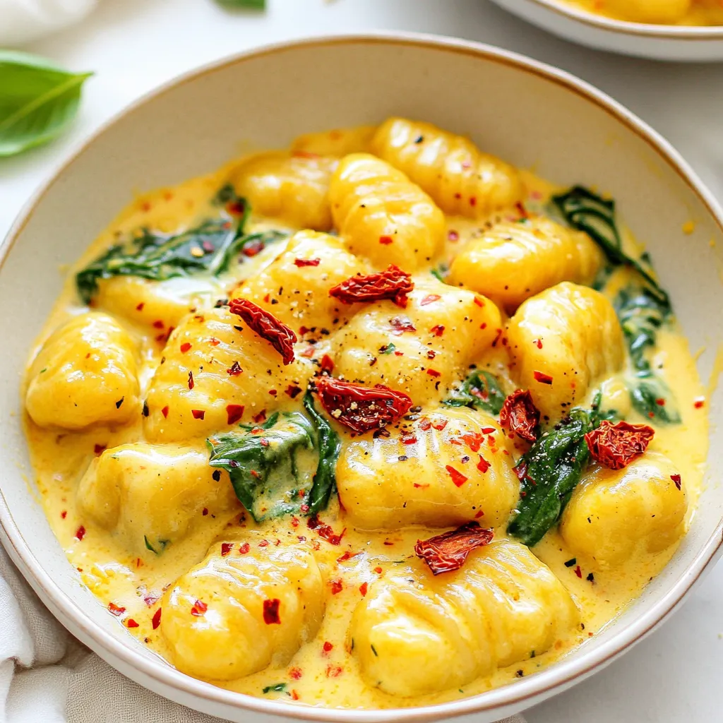 For this dish, you need: - 1 package (16 oz) potato gnocchi - 1 cup sun-dried tomatoes preserved in oil, drained and chopped - 1 tablespoon olive oil - 2 cloves garlic, finely minced - 1 cup heavy cream - 1 cup freshly grated Parmesan cheese - Salt and freshly cracked black pepper, to taste - 1 cup fresh spinach, roughly chopped - 1 teaspoon dried basil - Crushed red pepper flakes (optional, for a spicy kick) - Fresh basil leaves, for garnish To enhance the taste, consider these options: - Add a squeeze of lemon juice for brightness. - A pinch of nutmeg can add warmth. - Fresh herbs like parsley can bring freshness. Make sure you have: - A large pot for boiling water - A large skillet for cooking - A colander for draining gnocchi - A wooden spoon or spatula for stirring - A grater for the Parmesan cheese These tools help you create a smooth and tasty meal with ease. Enjoy cooking! {{ingredient_image_2}} Start by filling a large pot with water. Add a good amount of salt to it. Bring the water to a rapid boil. Once it boils, add the potato gnocchi. Cook until they float to the top, which takes about 2-3 minutes. This is how you know they are done. Drain the gnocchi in a colander and set aside. In a large skillet, pour in the olive oil. Heat it over medium heat until it warms up. Add the minced garlic and stir it for about 1 minute. You want to smell its nice aroma. Be careful not to let it burn; that can ruin the dish. After the garlic is fragrant, add the chopped sun-dried tomatoes. Cook for 2-3 minutes. This helps blend the flavors together. Reduce the heat to low now. Carefully pour in the heavy cream, stirring well to mix it with the garlic and tomatoes. Let it simmer gently for 2-3 minutes. This helps thicken the sauce a bit. Gradually add the grated Parmesan cheese while stirring. Keep mixing until the cheese melts and the sauce is smooth. It should be creamy and rich. Next, fold in the cooked gnocchi and chopped spinach. Add a pinch of salt, black pepper, and dried basil. Stir gently until the spinach wilts. Taste the sauce and adjust flavors as needed. Enjoy your creamy sun-dried tomato gnocchi! To make great gnocchi, start with salted water. Bring it to a gentle boil. Add the gnocchi and watch for them to float. This means they are done! It usually takes about 2-3 minutes. Once they float, drain them well. This step is key for a nice texture. If you overcook them, they will turn mushy. For a creamy sauce, use heavy cream. Heat it slowly to avoid burning. Always stir the cream as it heats. Gradually add Parmesan cheese. This helps it melt smoothly. If the sauce seems too thick, add a splash of pasta water. This will help create a silky finish without losing flavor. To boost flavor, add fresh spinach for color and nutrients. Dried basil adds a nice aroma. For a spicy kick, use crushed red pepper flakes. You can also mix in other veggies, like mushrooms or bell peppers. Experiment with different cheeses for a unique taste. Pro Tips Use Fresh Ingredients: Opt for fresh spinach and high-quality sun-dried tomatoes for the best flavor and texture in your dish. Perfect the Sauce Consistency: Keep the heat low when adding the cream to prevent it from curdling, ensuring a smooth and creamy sauce. Customize the Spice Level: Adjust the amount of crushed red pepper flakes based on your heat preference; start with a small pinch and add more if desired. Serve Immediately: This dish is best enjoyed fresh and hot, as the gnocchi and sauce can lose their texture if left to sit too long. {{image_4}} You can easily make this dish more veggie-friendly. Try adding: - Mushrooms: Sauté sliced mushrooms with garlic for extra flavor. - Zucchini: Add diced zucchini to the skillet. It cooks quickly and adds bulk. - Peas: Stir in fresh or frozen peas for a pop of sweetness. These additions keep the dish exciting and colorful. They also boost nutrition and taste. If you need a gluten-free option, look for gluten-free gnocchi. You can find it in stores or make your own. Here’s a simple way: - Use mashed sweet potatoes or riced cauliflower mixed with gluten-free flour. - Shape it into small dumplings and cook as usual. This keeps the dish delicious while accommodating dietary needs. For those who love spice, crushed red pepper flakes work wonders. Just sprinkle a pinch into the cream sauce. The heat balances the creaminess perfectly. If you like it spicier, add more flakes. Remember, taste as you go! This simple twist adds depth and excitement to your meal. Store leftover creamy sun-dried tomato gnocchi in an airtight container. Let it cool fully before sealing. This helps keep the flavors fresh. Place it in the fridge for up to three days. Make sure to label the container with the date for easy tracking. When reheating, use a skillet over low heat. Add a splash of cream or milk to keep it creamy. Stir gently while heating. This helps prevent sticking and ensures even warming. You can also use the microwave. Heat in short bursts, stirring in between. To freeze, let the dish cool completely. Use a freezer-safe container or bag. Separate portions for easy thawing later. It can last up to three months in the freezer. To use, thaw overnight in the fridge. Reheat in a skillet with a bit of cream for the best results. It takes about 25 minutes to make creamy sun-dried tomato gnocchi. First, you need 10 minutes to prep the ingredients. Then, the actual cooking takes around 15 minutes. This quick process allows you to enjoy a delicious meal in no time. You can use fresh tomatoes, but the flavor will change. Sun-dried tomatoes have a rich, concentrated taste. Fresh ones may not provide the same depth. If you use fresh tomatoes, try to roast them first for more flavor. You can use several substitutes for heavy cream. Options include whole milk with butter, coconut milk, or cashew cream. These alternatives can work well, but they may change the flavor and texture slightly. Traditional gnocchi is not gluten-free. It usually contains wheat flour. However, you can find gluten-free gnocchi made from rice or potato flour. Always check the package to ensure it meets your needs. This blog post covered how to make creamy sun-dried tomato gnocchi. We explored essential and supplementary ingredients for great flavor. I shared tips for cooking the gnocchi and sautéing aromatics. You learned about making the cream sauce and perfecting it. We also looked at variations, storage tips, and common questions. Enjoy trying this recipe. It’s simple and tasty. You can customize it to your liking. Happy cooking!