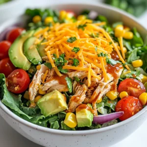 - 2 cups cooked chicken, shredded - 4 cups mixed salad greens (romaine and arugula are great) - 1 cup cherry tomatoes, halved - 1 cup corn kernels (fresh or canned, drained) - 1 red bell pepper, diced - ½ red onion, thinly sliced - 1 cup shredded sharp cheddar cheese - ½ cup creamy ranch dressing - ½ cup tangy BBQ sauce - 1 ripe avocado, diced - Salt and freshly cracked pepper to taste - 1 cup crushed tortilla chips for crunch Choose bright salad greens. They should feel crisp and firm. Look for cherry tomatoes that are round and firm, with a vibrant color. Fresh corn should smell sweet and be yellow. Pick bell peppers that are shiny and firm to the touch. For avocados, choose ones that yield slightly to gentle pressure. Always check for any dark spots or blemishes. These tips help you enjoy the best flavors and textures in your BBQ Ranch Chicken Salad. {{ingredient_image_2}} Start by taking two cups of cooked chicken. You can use leftover chicken or rotisserie chicken. Shred the chicken into small pieces. In a large mixing bowl, add the shredded chicken. Pour in half a cup of creamy ranch dressing and half a cup of tangy BBQ sauce. Mix everything well. Make sure every piece of chicken gets coated. This step makes the chicken tasty and flavorful. Grab a large salad bowl. Add four cups of mixed salad greens to the bottom. A mix of romaine and arugula looks and tastes great. Next, layer the salad with one cup of halved cherry tomatoes. Then add one cup of corn kernels. You can use fresh or canned corn. After that, add one diced red bell pepper and half a thinly sliced red onion. Each layer adds color and crunch. Now, take the BBQ ranch chicken mixture and spoon it over the salad. This makes a hearty top layer. Sprinkle one cup of shredded sharp cheddar cheese on top. Then add one diced ripe avocado. This adds creaminess to the salad. Season it with salt and freshly cracked pepper to taste. If you want, gently toss the salad to mix it. For a pretty look, serve it in layers. You can also add crushed tortilla chips on top for extra crunch. This gives a nice contrast to the creamy salad. Enjoy your BBQ Ranch Chicken Salad! To get the best flavor, use equal parts ranch dressing and BBQ sauce. This gives a nice balance between creamy and tangy. Start with ½ cup of each. If you want it creamier, add more ranch. For a bolder taste, use more BBQ sauce. Mix well and taste. Adjust until it’s just right for you. Making your own dressing can add a fun twist. Try mixing in a dash of garlic powder or a squeeze of lime juice. These small changes can brighten the flavors. You can also add fresh herbs like cilantro or parsley. Just chop them finely and stir them into your sauce. This makes it fresh and lively. A colorful salad is more inviting. Use a clear bowl to show off the layers. Start with greens on the bottom. Then, layer the tomatoes, corn, and peppers. Top it with the BBQ ranch chicken. Finish with cheese and avocado. For a crunch, add crushed tortilla chips last. This not only looks great but also adds texture to every bite. Pro Tips Use Leftover Chicken: This salad is a great way to use up leftover rotisserie chicken or any cooked chicken you have on hand, making it both convenient and delicious. Customize Your Greens: Feel free to mix and match different salad greens like spinach, kale, or even iceberg lettuce for a variety of flavors and textures. Add Fresh Herbs: Toss in some chopped fresh herbs, such as cilantro or parsley, for an extra burst of freshness and flavor in your salad. Make It Ahead: You can prepare the chicken mixture and chop the vegetables ahead of time. Just assemble the salad right before serving to keep it fresh and crisp. {{image_4}} If you want a meat-free option, you can swap chicken for plant-based proteins. Firm tofu or tempeh works well. You can also use chickpeas for a hearty texture. Simply marinate and cook them with BBQ sauce for flavor. This option gives you the same great taste without the meat. For a low-carb version, skip the corn and tortilla chips. You can add extra greens like spinach or kale instead. Use grilled zucchini or cauliflower for crunch. These swaps keep your salad light but still tasty. You can enjoy all the flavors while staying low in carbs. BBQ sauce comes in many styles, each with unique flavors. Try using a spicy Korean gochujang sauce for heat. A tangy mustard-based sauce gives a different twist. You can even use a sweet teriyaki sauce for a fun change. Each variant adds a new layer of flavor to your salad. To keep your BBQ ranch chicken salad fresh, store it in an airtight container. Use glass or plastic containers that seal well. Make sure to keep the dressing separate if you plan to eat it later. This helps the greens stay crisp and the flavors fresh. When you have leftovers, divide them into portions. Place each portion in its own airtight container. Store them in the fridge for up to three days. If you added crushed tortilla chips, keep them in a separate bag. This way, they stay crunchy for when you eat the salad again. If you want to warm up the chicken, do so gently. Use a microwave or a skillet on low heat. Avoid overheating, as this can dry it out. Remember, the salad greens should not be reheated. Add the cold ingredients back when you’re ready to enjoy your meal. Yes, you can make BBQ Ranch Chicken Salad ahead of time. Just keep the salad and dressing separate. Store the chicken mixture in the fridge. Mix it with the greens just before serving. This keeps the greens fresh and crisp. You can use Greek yogurt for a healthier option. Other choices include blue cheese dressing or a homemade herb dressing. Each gives a different taste but still pairs well with BBQ flavors. Feel free to experiment with what you like best. To make BBQ Ranch Chicken Salad gluten-free, ensure your BBQ sauce and ranch dressing are gluten-free. Many brands offer gluten-free options. Always check the labels. Use fresh ingredients to avoid cross-contamination. Absolutely! You can add vegetables like cucumbers, carrots, or radishes. These add crunch and color. Be creative with what you have on hand. More veggies can make the salad even more nutritious and tasty. The calorie count for BBQ Ranch Chicken Salad is about 500 calories per serving. This may vary based on your ingredients and portions. Always check your specific items for accurate counts. In this post, we covered how to make a tasty BBQ Ranch Chicken Salad. We explored the main and optional ingredients, and I shared tips for choosing fresh items. You learned step-by-step instructions to prep the salad, along with tips for the dressing and presentation. Variations for vegetarians and low-carb options offer fun twists. Lastly, we discussed how to store and reheat leftovers. Creating this salad is easy and rewarding. Enjoy your flavorful, healthy meal anytime!