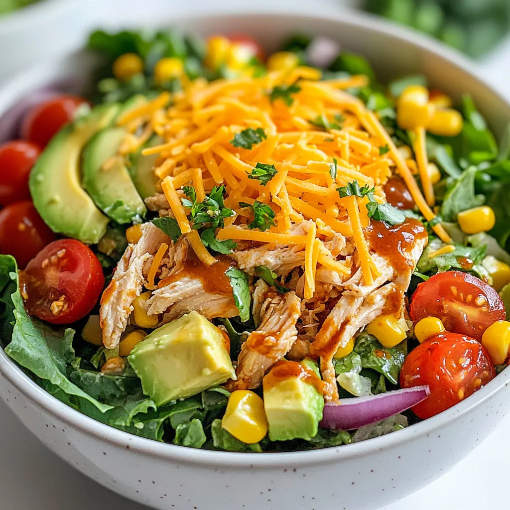 - 2 cups cooked chicken, shredded - 4 cups mixed salad greens (romaine and arugula are great) - 1 cup cherry tomatoes, halved - 1 cup corn kernels (fresh or canned, drained) - 1 red bell pepper, diced - ½ red onion, thinly sliced - 1 cup shredded sharp cheddar cheese - ½ cup creamy ranch dressing - ½ cup tangy BBQ sauce - 1 ripe avocado, diced - Salt and freshly cracked pepper to taste - 1 cup crushed tortilla chips for crunch Choose bright salad greens. They should feel crisp and firm. Look for cherry tomatoes that are round and firm, with a vibrant color. Fresh corn should smell sweet and be yellow. Pick bell peppers that are shiny and firm to the touch. For avocados, choose ones that yield slightly to gentle pressure. Always check for any dark spots or blemishes. These tips help you enjoy the best flavors and textures in your BBQ Ranch Chicken Salad. {{ingredient_image_2}} Start by taking two cups of cooked chicken. You can use leftover chicken or rotisserie chicken. Shred the chicken into small pieces. In a large mixing bowl, add the shredded chicken. Pour in half a cup of creamy ranch dressing and half a cup of tangy BBQ sauce. Mix everything well. Make sure every piece of chicken gets coated. This step makes the chicken tasty and flavorful. Grab a large salad bowl. Add four cups of mixed salad greens to the bottom. A mix of romaine and arugula looks and tastes great. Next, layer the salad with one cup of halved cherry tomatoes. Then add one cup of corn kernels. You can use fresh or canned corn. After that, add one diced red bell pepper and half a thinly sliced red onion. Each layer adds color and crunch. Now, take the BBQ ranch chicken mixture and spoon it over the salad. This makes a hearty top layer. Sprinkle one cup of shredded sharp cheddar cheese on top. Then add one diced ripe avocado. This adds creaminess to the salad. Season it with salt and freshly cracked pepper to taste. If you want, gently toss the salad to mix it. For a pretty look, serve it in layers. You can also add crushed tortilla chips on top for extra crunch. This gives a nice contrast to the creamy salad. Enjoy your BBQ Ranch Chicken Salad! To get the best flavor, use equal parts ranch dressing and BBQ sauce. This gives a nice balance between creamy and tangy. Start with ½ cup of each. If you want it creamier, add more ranch. For a bolder taste, use more BBQ sauce. Mix well and taste. Adjust until it’s just right for you. Making your own dressing can add a fun twist. Try mixing in a dash of garlic powder or a squeeze of lime juice. These small changes can brighten the flavors. You can also add fresh herbs like cilantro or parsley. Just chop them finely and stir them into your sauce. This makes it fresh and lively. A colorful salad is more inviting. Use a clear bowl to show off the layers. Start with greens on the bottom. Then, layer the tomatoes, corn, and peppers. Top it with the BBQ ranch chicken. Finish with cheese and avocado. For a crunch, add crushed tortilla chips last. This not only looks great but also adds texture to every bite. Pro Tips Use Leftover Chicken: This salad is a great way to use up leftover rotisserie chicken or any cooked chicken you have on hand, making it both convenient and delicious. Customize Your Greens: Feel free to mix and match different salad greens like spinach, kale, or even iceberg lettuce for a variety of flavors and textures. Add Fresh Herbs: Toss in some chopped fresh herbs, such as cilantro or parsley, for an extra burst of freshness and flavor in your salad. Make It Ahead: You can prepare the chicken mixture and chop the vegetables ahead of time. Just assemble the salad right before serving to keep it fresh and crisp. {{image_4}} If you want a meat-free option, you can swap chicken for plant-based proteins. Firm tofu or tempeh works well. You can also use chickpeas for a hearty texture. Simply marinate and cook them with BBQ sauce for flavor. This option gives you the same great taste without the meat. For a low-carb version, skip the corn and tortilla chips. You can add extra greens like spinach or kale instead. Use grilled zucchini or cauliflower for crunch. These swaps keep your salad light but still tasty. You can enjoy all the flavors while staying low in carbs. BBQ sauce comes in many styles, each with unique flavors. Try using a spicy Korean gochujang sauce for heat. A tangy mustard-based sauce gives a different twist. You can even use a sweet teriyaki sauce for a fun change. Each variant adds a new layer of flavor to your salad. To keep your BBQ ranch chicken salad fresh, store it in an airtight container. Use glass or plastic containers that seal well. Make sure to keep the dressing separate if you plan to eat it later. This helps the greens stay crisp and the flavors fresh. When you have leftovers, divide them into portions. Place each portion in its own airtight container. Store them in the fridge for up to three days. If you added crushed tortilla chips, keep them in a separate bag. This way, they stay crunchy for when you eat the salad again. If you want to warm up the chicken, do so gently. Use a microwave or a skillet on low heat. Avoid overheating, as this can dry it out. Remember, the salad greens should not be reheated. Add the cold ingredients back when you’re ready to enjoy your meal. Yes, you can make BBQ Ranch Chicken Salad ahead of time. Just keep the salad and dressing separate. Store the chicken mixture in the fridge. Mix it with the greens just before serving. This keeps the greens fresh and crisp. You can use Greek yogurt for a healthier option. Other choices include blue cheese dressing or a homemade herb dressing. Each gives a different taste but still pairs well with BBQ flavors. Feel free to experiment with what you like best. To make BBQ Ranch Chicken Salad gluten-free, ensure your BBQ sauce and ranch dressing are gluten-free. Many brands offer gluten-free options. Always check the labels. Use fresh ingredients to avoid cross-contamination. Absolutely! You can add vegetables like cucumbers, carrots, or radishes. These add crunch and color. Be creative with what you have on hand. More veggies can make the salad even more nutritious and tasty. The calorie count for BBQ Ranch Chicken Salad is about 500 calories per serving. This may vary based on your ingredients and portions. Always check your specific items for accurate counts. In this post, we covered how to make a tasty BBQ Ranch Chicken Salad. We explored the main and optional ingredients, and I shared tips for choosing fresh items. You learned step-by-step instructions to prep the salad, along with tips for the dressing and presentation. Variations for vegetarians and low-carb options offer fun twists. Lastly, we discussed how to store and reheat leftovers. Creating this salad is easy and rewarding. Enjoy your flavorful, healthy meal anytime!