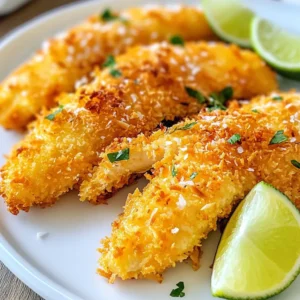 - 1 lb chicken tenders - 1 cup all-purpose flour - 2 large eggs - 1 teaspoon garlic powder - 1 teaspoon onion powder - 1 teaspoon paprika - 1 cup shredded coconut (sweetened or unsweetened) - 1 cup panko breadcrumbs - Salt and pepper to taste Gathering your ingredients is key. Start with fresh chicken tenders. They should be plump and juicy. The flour acts as a base coat. It helps the eggs stick. The eggs are vital for a great crunch. They make the coating cling well. For flavor, garlic powder adds depth. Onion powder brings sweetness. Paprika gives a nice color and mild spice. You can adjust spices to your taste. The coconut is what makes this dish special. Choose sweetened for a richer taste. Unsweetened works well for a lighter touch. Panko breadcrumbs add extra crunch. They give a lovely texture to the tenders. Don't forget to season with salt and pepper. This will elevate the taste of your chicken. With these ingredients, you can create crispy coconut chicken tenders. This dish is fun to make and even better to eat. Enjoy the process and get ready for a delicious meal! {{ingredient_image_2}} First, set up three shallow dishes. This makes breading easy and fun. In the first dish, mix 1 cup of all-purpose flour with spices. Use 1 teaspoon each of garlic powder, onion powder, and paprika. Add 1 teaspoon of salt, ½ teaspoon black pepper, and ¼ teaspoon cayenne pepper if you want some heat. In the second dish, beat 2 large eggs until smooth. This creates a nice glue for the breading. In the third dish, combine 1 cup of shredded coconut with 1 cup of panko breadcrumbs. Make sure to mix them well for even coverage. Now, let's coat the chicken. Grab a chicken tender and dip it in the flour mixture. Make sure it’s fully coated, then shake off any extra flour. Next, dip the floured chicken into the beaten eggs. Let any extra egg drip off, so it’s not too wet. Finally, roll the chicken in the coconut-panko mix. Press down gently to help it stick. Repeat this process for all chicken tenders. This step is key for that crispy texture. It’s time to cook! Heat ½ cup of vegetable oil in a large skillet over medium-high heat. To check if the oil is ready, drop in a few breadcrumbs. If they sizzle right away, you're good to go. Carefully add the breaded chicken tenders to the hot oil. Fry them in batches so they don’t crowd the pan. Cook for about 4-5 minutes on each side. Look for a golden brown color to know they’re done. For safety, check that the internal temperature reaches 165°F (75°C) with a meat thermometer. After cooking, place the chicken on a plate lined with paper towels. This helps soak up extra oil, keeping them crispy. Serve them warm with fresh lime wedges for extra flavor. Enjoy your meal! To get extra crispy chicken tenders, oil temperature is key. Heat the oil to about 350°F (175°C). This temperature helps the coating fry fast and stay crispy. Use vegetable oil or canola oil for frying, as they have high smoke points. Press the coating onto the chicken. This step makes sure the coconut and panko stick well. A firm press helps create a great crunch. Choosing the right coconut can change your dish. Use sweetened coconut for a richer taste. Unsweetened coconut gives a lighter flavor. You can also add spices for heat. A dash of cayenne pepper adds a nice kick. Feel free to mix in your favorite spices, too. This way, you can make the tenders fit your taste. Dips can elevate your chicken tenders. Try pairing them with sweet chili sauce or honey mustard. These flavors complement the coconut well. For side dishes, serve with a fresh salad or rice. You can also add some roasted vegetables for a complete meal. Fresh lime wedges bring a zesty touch that brightens the whole plate. Pro Tips Double-Dip for Extra Crunch: For an even crispier coating, after the first dip in the egg, dip the chicken tender back into the flour mixture before returning to the egg and then the coconut-panko mix. Use a Thermometer: To ensure your chicken is cooked perfectly, use a meat thermometer to check that the internal temperature reaches 165°F (75°C). Experiment with Coconut: Try using flavored coconut or adding spices to the coconut-panko mixture to customize the flavor profile to your liking. Keep the Oil Hot: If the oil temperature drops too low, the chicken will absorb more oil, leading to a greasy texture. Maintain medium-high heat for best results. {{image_4}} To make spicy coconut chicken tenders, you can add heat. A simple way is to use cayenne pepper. Stir in about ¼ teaspoon into your flour mix. If you want more heat, use hot sauce in the egg wash. This gives each tender a nice kick. The spice pairs well with the sweet coconut. Enjoy the balance of flavors! If you want a healthier option, try baking your tenders. Preheat your oven to 400°F (200°C). Line a baking sheet with parchment paper. Instead of frying, place the breaded tenders on the sheet. Spray them lightly with cooking oil. Bake for about 20 minutes or until golden brown. This method reduces oil and still keeps the crunch. You get crispy chicken with less fat! For those with dietary needs, there are easy swaps. You can use gluten-free flour and gluten-free panko. This way, everyone can enjoy the dish. Check the labels to ensure they are certified gluten-free. You can also use almond flour for a nutty taste. These options keep the flavors intact while being safe for all diets. Enjoy without worry! To store your crispy coconut chicken tenders, let them cool first. Place them in an airtight container. This keeps them fresh and juicy. Store the container in the fridge for up to three days. If you want to keep them longer, freezing is a great option. To reheat your chicken tenders, use an oven or air fryer. Preheat the oven to 375°F (190°C). Place the tenders on a baking sheet. Bake for about 10-15 minutes until they are hot and crisp. In an air fryer, set it to 350°F (175°C) and heat for 5-8 minutes. This keeps them crispy and tasty. To freeze the tenders, let them cool completely. Place them in a single layer on a baking sheet. Freeze them for about an hour until solid. Once frozen, transfer the tenders to a freezer bag. This helps save space. They can last for up to three months in the freezer. When ready to eat, simply reheat from frozen using the oven or air fryer. To get crispy chicken tenders, follow these tips: - Oil Temperature: Heat your oil to medium-high. Test by dropping in a few breadcrumbs. If they sizzle, the oil is ready. - Coating Technique: Use three steps for coating. First, cover the chicken in flour. Shake off the extra. Next, dip in beaten eggs. Finally, roll in the coconut-panko mix. Press gently to stick. This method locks in moisture. It also forms a crispy crust that you will love. Yes, you can prep these tenders in advance. Here are a few ideas: - Breading: You can bread the chicken and store it in the fridge for up to a day. This keeps the coating fresh. - Freezing: After breading, freeze the tenders. Place them in a single layer on a baking sheet. Once frozen, transfer them to a zip-top bag. Cook them straight from the freezer. Pre-making tenders saves time on busy days. You can enjoy them whenever you want! There are many fun ways to change up this recipe: - Spicy Coconut Chicken Tenders: Add cayenne pepper to the flour mix for a kick. - Baked Coconut Chicken Tenders: Instead of frying, coat the tenders and bake them at 400°F (200°C) for about 20 minutes. - Dietary Substitutions: Use gluten-free flour and breadcrumbs to make it suitable for gluten-free diets. Feel free to get creative! Each variation gives a new twist to these tasty tenders. You now have a complete guide to making coconut chicken tenders. You’ve learned about the essential ingredients, the coating process, and helpful tips for perfecting your dish. Remember to choose the right coconut and oil to achieve that crispiness. You can also try variations for spice or health. Lastly, store and reheat your leftovers properly to enjoy them later. With these steps, you can impress anyone at the dinner table. Enjoy cooking and experimenting!