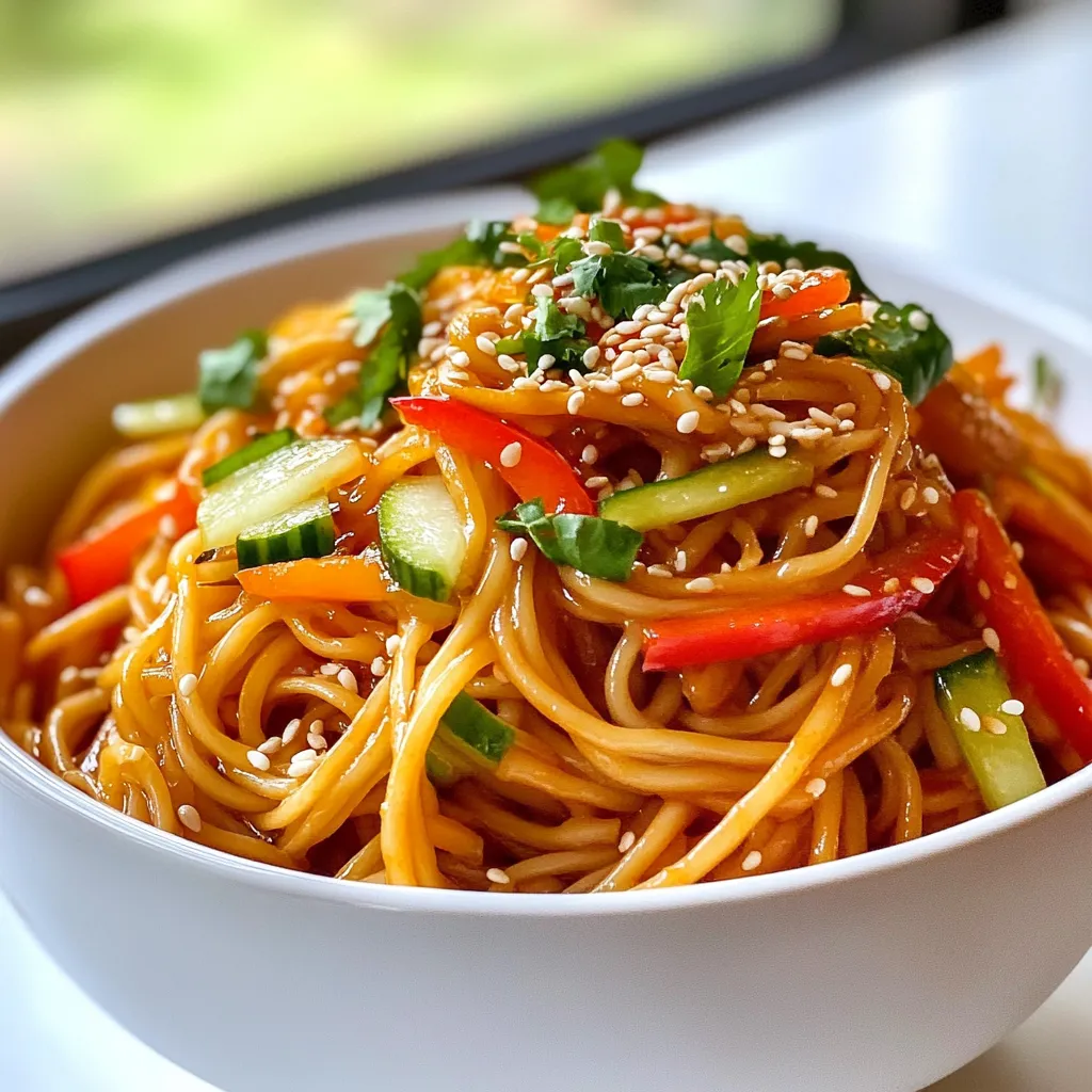 To make spicy sesame noodle bowls, you need the following ingredients: - 8 oz. soba noodles (or your preferred type of noodles) - 2 tablespoons sesame oil - 1 tablespoon soy sauce (substitute with tamari for gluten-free) - 1 tablespoon rice vinegar - 1 tablespoon chili garlic sauce (adjust quantity based on your spice tolerance) - 1 tablespoon toasted sesame seeds - 1 cup shredded carrots - 1 cup cucumber, julienned - 1 red bell pepper, thinly sliced - 2 green onions, thinly sliced - Fresh cilantro or basil for garnishing - Salt to taste When picking fresh produce, look for bright colors and firm textures. For carrots, choose those that are smooth and without spots. For cucumbers, ensure they are crisp and unblemished. Red bell peppers should feel heavy for their size and have shiny skin. For herbs, look for vibrant leaves. Avoid wilted or discolored items. Always check for freshness to get the best flavor. To make this dish vegan, you can use tamari instead of regular soy sauce. Tamari is made without wheat, making it gluten-free. You can also swap soba noodles with rice noodles or quinoa for a gluten-free option. If you need to avoid any animal products, ensure your chili garlic sauce is vegan. These swaps keep the dish flavorful while meeting dietary needs. {{ingredient_image_2}} To start, cook 8 oz. of soba noodles. Follow the package directions closely. This step is key for the best texture. Once the noodles are tender, drain them in a colander. Rinse them under cold water. This halts cooking and keeps the noodles firm. Place the cooled noodles in a large bowl. This is where all the magic happens. In a medium bowl, combine 2 tablespoons of sesame oil, 1 tablespoon of soy sauce, 1 tablespoon of rice vinegar, and 1 tablespoon of chili garlic sauce. Whisk these together until you have a smooth sauce. The soy sauce adds saltiness, while rice vinegar brings a tangy flavor. Adjust the chili garlic sauce to suit your spice level. This sauce will coat the noodles beautifully. Add the cooled noodles to the bowl with the sauce. Toss them gently to ensure every noodle is coated. Next, mix in 1 cup of shredded carrots, 1 cup of julienned cucumber, and 1 thinly sliced red bell pepper. Stir carefully so that the veggies mix well with the noodles. Top this colorful mix with 1 tablespoon of toasted sesame seeds and 2 thinly sliced green onions. Add salt to taste. Finally, give everything a gentle toss again, mixing all the flavors together. Serve in bowls and garnish with fresh cilantro or basil. Enjoy your vibrant, spicy sesame noodle bowls! To make your dish just right, start with less chili garlic sauce. You can always add more later. If you want it spicy, go for a full tablespoon. If you like it mild, start with half a tablespoon. Taste as you go. This way, you can find the heat level that works for you. Cook your soba noodles until they are al dente. This means they should have a slight bite when you chew them. Rinse them under cold water right after cooking. This stops the cooking and helps keep them firm. Soft noodles can make your dish mushy. When you mix the noodles with the sauce, be gentle. Use a large bowl to give the noodles room to move. This helps coat them evenly. After adding veggies, stir softly to keep everything intact. Serve in individual bowls and top with fresh herbs. This makes each serving look nice and taste great. Pro Tips Adjust the Spice Level: If you prefer a milder dish, start with half the amount of chili garlic sauce and add more to taste. Fresh Ingredients Matter: Use fresh vegetables for the best flavor and texture. Crisp cucumbers and vibrant bell peppers will elevate your dish. Make it Ahead: This dish can be made in advance! Toss the noodles and sauce together, and add the veggies just before serving to keep them fresh. Experiment with Toppings: Feel free to add other toppings like crushed peanuts, avocado slices, or a dash of lime juice for extra flavor. {{image_4}} You can add protein to your spicy sesame noodle bowls. Chicken is a great choice. Cook it in a pan until it is golden brown. Tofu is a fantastic plant-based option. Press it first to remove water, then cube and sauté until crispy. Shrimp cooks quickly and adds a nice touch. Sauté shrimp for just a few minutes until they turn pink. Each of these proteins brings a different flavor and texture to the dish. Adding more vegetables makes your dish colorful and nutritious. Broccoli florets add crunch and a vibrant green color. Steam them lightly for a tender bite. Snap peas offer a sweet flavor and crisp texture. Just toss them in raw for a fresh crunch. Bell peppers add sweetness and color. You can use red, yellow, or green bell peppers. Slice them thin and mix them in with the noodles. Feel free to get creative with sauces. Use peanut sauce for a nutty twist. It pairs well with the sesame flavor. A splash of lime juice adds a zesty kick. You can also try hoisin sauce for a sweet and savory combo. For an extra kick, include sriracha or more chili garlic sauce. Every change can make the dish unique and exciting. To store leftovers, place the spicy sesame noodles in an airtight container. Make sure the noodles cool down before sealing. This helps keep them fresh longer. Store the container in the fridge. The noodles stay good for about three to four days. To reheat, take the noodles out of the fridge. You can use a microwave or a skillet. If using a microwave, heat in short bursts. Stir in between to ensure even warming. In a skillet, add a splash of water or oil. Heat on low until warm. This keeps the noodles moist and tasty. Fresh veggies like carrots and cucumbers last about five to seven days in the fridge. Store them in a separate bag to keep them crisp. Soba noodles last a long time, about a year if kept dry. The sauces, like soy sauce and rice vinegar, can last months in your pantry. Always check labels for best-by dates to ensure quality. Yes, you can make this recipe ahead of time. Cook the noodles and prepare the sauce. Store them separately in the fridge. When you're ready to eat, mix everything together. This helps keep the noodles fresh and the veggies crisp. If you can't find soba noodles, try these options: - Rice noodles - Udon noodles - Whole wheat spaghetti Each of these will give a unique look and taste. Choose what you like best! To reduce the heat, use less chili garlic sauce. You can also add more sesame oil and soy sauce. This will balance the spice while keeping the flavor. Adding a little honey or sugar can also help tone down the heat. This article covered key points for a tasty noodle dish. We looked at the main ingredients and how to pick fresh produce. You learned how to make a spicy sesame sauce and cook the noodles just right. I shared tips for adjusting spice and achieving perfect noodle texture. You also saw different protein and veggie options to try. Finally, I covered how to store leftovers and answered common questions. Enjoy experimenting in your kitchen with these easy steps!