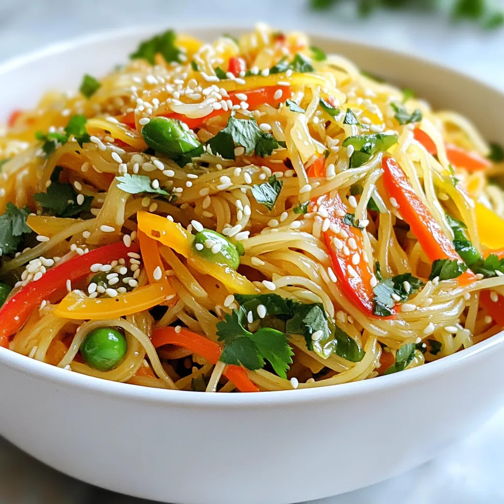 - 8 ounces rice noodles - 2 tablespoons sesame oil - 1 bell pepper (any color), julienned - 1 cup snap peas, trimmed - 1 large carrot, peeled and cut into thin strips - 3 green onions, chopped - 1 tablespoon fresh ginger, grated - 2 cloves garlic, minced - 3 tablespoons soy sauce (or tamari for gluten-free) - 1 tablespoon rice vinegar - 1 tablespoon honey or maple syrup - 2 tablespoons sesame seeds, toasted - Fresh cilantro, chopped, for garnish I love these ingredients because they create a vibrant dish. The rice noodles serve as a great base. They soak up all the flavors without overpowering the other ingredients. The sesame oil adds a nutty taste that makes each bite special. I often choose a colorful bell pepper. It brightens the plate and adds a sweet crunch. Snap peas bring freshness to the stir fry. They stay crisp even after cooking. A large carrot, cut into strips, adds both color and texture. Don’t forget the green onions! They add a mild onion flavor that lifts the dish. The flavor enhancers are what make this stir fry pop. Fresh ginger gives warmth and zest. Garlic adds a savory depth. The soy sauce or tamari provides a salty kick. Rice vinegar balances everything with a mild tang. Honey or maple syrup gives a touch of sweetness. Toasted sesame seeds add a crunchy finish. Lastly, fresh cilantro is the perfect garnish. It brings a burst of flavor and a lovely green hue. Gather these ingredients, and you're ready to create a delightful meal! {{ingredient_image_2}} - Begin cooking the rice noodles as per package instructions. - Drain and rinse under cold water to prevent sticking. - Heat sesame oil in a skillet or wok over medium-high heat. - Add grated ginger and minced garlic, sauté until fragrant. - Add julienned bell pepper, snap peas, and carrot strips. - Stir-fry for 3-4 minutes until vegetables soften slightly. - Introduce the cooked noodles with soy sauce, rice vinegar, and honey. - Toss until ingredients are well mixed and coated. - Stir in chopped green onions and heat through for an additional 1-2 minutes. - Remove from heat and sprinkle with toasted sesame seeds. - Transfer to plates or bowls, garnish with cilantro. - Choose fresh and seasonal vegetables for crunch. They add great flavor and texture. - Cook noodles al dente for better texture. This keeps them firm and prevents them from getting mushy. - Experiment with different sauces like hoisin or oyster sauce. These will add depth to your dish. - Add chili flakes for a spicy kick. This will give your stir fry an exciting heat that many enjoy. - Serve in colorful bowls with extra sesame seeds and lime wedges. This makes the dish look more appealing. - Use a variety of herbs for garnish, such as mint or basil. Fresh herbs add color and enhance flavor. Pro Tips Vegetable Variety: Feel free to mix and match your favorite vegetables. Broccoli, bok choy, or baby corn can add different textures and flavors to your stir fry. Rice Noodle Cooking: Ensure you don’t overcook the rice noodles. They should be al dente since they'll continue to cook slightly when tossed with the hot vegetables and sauce. Sesame Oil Control: Adjust the amount of sesame oil based on your preference. While it adds a lovely flavor, too much can overwhelm the dish. Garnishing Tips: For an extra burst of flavor, consider adding a squeeze of lime juice or a sprinkle of chili flakes when serving. {{image_4}} You can add protein to the stir fry for more fulfillment. Tofu works well, as does chicken or shrimp. If you want a plant-based option, marinated tempeh is great too. Just cut it into small pieces and stir it in with the veggies. Each protein adds its own unique flavor. For a gluten-free dish, swap out rice noodles for zucchini noodles or gluten-free noodles. This keeps your meal light and fresh. Always check your soy sauce to ensure it is gluten-free. Tamari is a perfect substitute that still gives you that rich umami flavor. If you want a vegan option, use maple syrup instead of honey. This simple swap keeps the dish sweet without any animal products. You can also add more tofu or legumes, like chickpeas, for extra protein. This makes your meal hearty and satisfying while keeping it plant-based. Store any leftovers in an airtight container. They will stay fresh for up to 3 days. To keep your vegetables crisp, try to separate them from the noodles if you can. This helps them stay crunchy and tasty. When it's time to eat your leftovers, you can reheat them in the microwave or on the stovetop. If using the stovetop, add a splash of water to keep things moist. You can also stir-fry the noodles and veggies briefly in a skillet to refresh their flavors. This way, they taste almost as good as when you first made them. Freezing noodles is not a good idea, as they can get mushy. However, you can freeze the vegetables separately. If you want the best texture, prepare your meal fresh before serving. This will ensure you enjoy the full flavor and crunch of the dish! Yes, feel free to use egg noodles, soba noodles, or even whole wheat noodles. Each type gives a different texture, so try them all! Add red pepper flakes or a dash of sriracha for heat. Start with a little and taste as you go. You can use olive or vegetable oil, though flavor will differ slightly. Sesame oil has a unique taste that adds depth. The prep time is about 10 minutes and total time is around 20 minutes. It’s quick, making it great for busy nights. It’s best to prepare it fresh, but you can chop vegetables ahead of time. This makes cooking easier when you're ready to eat. This recipe shows how to make a tasty stir-fry with rice noodles and fresh veggies. You learned the main ingredients, cooking steps, and even some handy tips. Remember to experiment with flavors and add proteins if you wish. The dish is quick, colorful, and perfect for any meal. Enjoy your cooking adventure and make this recipe your own!