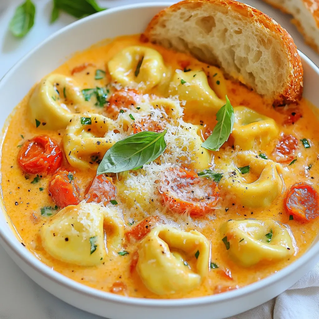 To make this creamy delight, gather these main ingredients: - 12 oz cheese tortellini (fresh or frozen) - 2 tablespoons extra virgin olive oil - 3 cloves garlic, minced - 1 can (14 oz) fire-roasted diced tomatoes, undrained - 1 cup heavy cream - 1 cup fresh basil leaves, roughly chopped - 1 teaspoon Italian seasoning blend - Salt and freshly cracked pepper to taste - Grated Parmesan cheese, for garnish These ingredients create a rich and tasty dish. The cheese tortellini adds a soft, chewy texture. Fire-roasted tomatoes bring a sweet and smoky flavor. Fresh basil gives a bright taste while heavy cream makes it all creamy and smooth. To elevate your dish, consider these optional garnishes: - Extra fresh basil leaves - A drizzle of extra virgin olive oil - A sprinkle of red pepper flakes for heat These garnishes not only add flavor but also make the dish look beautiful. They provide a lovely touch to impress your guests. For a smooth cooking experience, prepare these tools: - Large pot for boiling pasta - Colander for draining tortellini - Large skillet for cooking sauce - Wooden spoon for stirring - Measuring cups and spoons for accuracy Having the right tools makes cooking easier. It helps you focus on creating a delicious meal. Enjoy the process and let your kitchen shine! {{ingredient_image_2}} Start by boiling a large pot of salted water. When the water boils, add the tortellini. Cook them as per the package guide until they are al dente. After cooking, drain the tortellini but keep about ½ cup of the pasta water. Set both the tortellini and water aside for later. In a large skillet, pour in the olive oil and heat it over medium heat. Once it’s hot, add the minced garlic. Sauté the garlic for about one minute. You want it to be fragrant and golden. Be careful not to let it burn. After that, add the fire-roasted diced tomatoes, juices included. Stir well and let this cook for about five minutes. This step helps the flavors blend nicely. Next, reduce the heat to medium-low. Pour in the heavy cream and stir until it mixes well with the tomatoes. Let the sauce simmer for about three to four minutes. This allows it to thicken a bit. Keep stirring occasionally to keep it smooth and creamy. Now, gently fold the cooked tortellini into the creamy sauce. Make sure each piece is well-coated. If the sauce looks too thick, slowly add the reserved pasta water. Stir until you reach the creaminess you like. Then, add the chopped basil and Italian seasoning. Season with salt and cracked pepper to taste. Cook everything for one to two minutes more to heat through. Transfer your beautiful tortellini to serving bowls. Generously sprinkle grated Parmesan cheese on top. If you like, add a bit more basil for color. For a lovely presentation, drizzle a little extra virgin olive oil over the dish. Pair it with a slice of crusty bread to soak up the creamy sauce. Enjoy your delicious meal! When making creamy tomato basil tortellini, it’s easy to slip up. Here are some tips to help you avoid common mistakes: - Overcooking Tortellini: Always follow the time on the package. Overcooked tortellini can become mushy. - Burning Garlic: Garlic cooks quickly. Stir it constantly to prevent burning. - Not Using Enough Salt: Salt enhances flavor. Don’t forget to season your water before boiling the tortellini. Want to boost the taste of your dish? Try these simple ideas: - Add Fresh Herbs: Toss in extra fresh basil or some parsley for a fresh kick. - Use Quality Tomatoes: Fire-roasted tomatoes add depth. Look for high-quality brands. - Incorporate Red Pepper Flakes: For some heat, sprinkle in red pepper flakes as you cook. Cooking tortellini can be easy with these best practices: - Use Plenty of Water: A large pot helps prevent sticking. Salt your water well. - Reserve Pasta Water: Save some water before draining. It helps adjust sauce thickness later. - Don’t Rush the Sauce: Let the sauce simmer for better flavor. Take your time and enjoy the process. Pro Tips Perfect Tortellini: Make sure to cook the tortellini just until al dente; they will continue to cook slightly in the sauce. Use Fresh Ingredients: For the best flavor, opt for fresh basil and high-quality canned tomatoes. It makes a noticeable difference! Adjust Creaminess: If your sauce is too thick, gradually add more reserved pasta water until you reach your desired consistency. Cheese Variations: Feel free to mix different cheeses, like mozzarella or ricotta, with the Parmesan for added richness and flavor. {{image_4}} You can easily make this dish vegetarian. Simply use vegetable broth instead of butter when cooking. This keeps the flavors rich without any meat. You can also add more veggies like spinach, zucchini, or bell peppers. These will add color and nutrients. Just sauté them before adding the tomatoes. For a protein boost, try adding cooked chicken or shrimp. Grilled chicken adds a nice smoky flavor. For shrimp, just toss them in the skillet after the garlic. Cook until they turn pink. You can even use canned chickpeas for a plant-based option. They add protein and texture to your meal. Get creative with swaps to match your taste. Use sun-dried tomatoes for a richer flavor. Swap heavy cream for coconut milk to create a dairy-free dish. If you love spice, add crushed red pepper flakes. You can also try different herbs like thyme or oregano to change the taste. Each swap can give your creamy tomato basil tortellini a new twist! After enjoying your creamy tomato basil tortellini, store leftovers in an airtight container. Make sure they cool down to room temperature before sealing. This helps keep the dish fresh. You can keep it in the fridge for up to three days. To enjoy later, just remember to reheat it gently. If you want to freeze your tortellini, it’s best to do this before adding the cream. Cook the tortellini and let it cool completely. Then, place it in a freezer-safe bag. Squeeze out as much air as possible before sealing. You can freeze it for up to three months. When you're ready to eat, thaw it overnight in the fridge. To reheat your tortellini, use a skillet over low heat. Add a splash of water or extra cream to help loosen the sauce. Stir gently until heated through. You can also use the microwave if you’re in a rush. Just cover it with a damp paper towel to keep it moist. Heat in short intervals, stirring in between for even warmth. Enjoy your creamy dish again! Yes, you can use frozen tortellini. Just cook it according to the package instructions. Frozen tortellini cooks well in boiling water. It will still taste great in the creamy sauce. To make this dish dairy-free, swap heavy cream with coconut cream or cashew cream. You can also use dairy-free cheese for a cheesy flavor. Ensure the tortellini you choose is dairy-free as well. You can serve creamy tomato basil tortellini with garlic bread or a fresh salad. Pairing it with a simple green salad adds crunch and balance. A glass of white wine also complements the flavors beautifully. We’ve explored all the key parts of making creamy tomato basil tortellini. You learned about the main ingredients, tools, and step-by-step cooking methods. I shared tips to avoid common mistakes and ways to enhance flavor. Plus, I offered variations and storage tips for your leftovers. This dish is simple and rich in taste. With a few tweaks, you can make it your own. Enjoy cooking and enjoy sharing this delicious meal with others.