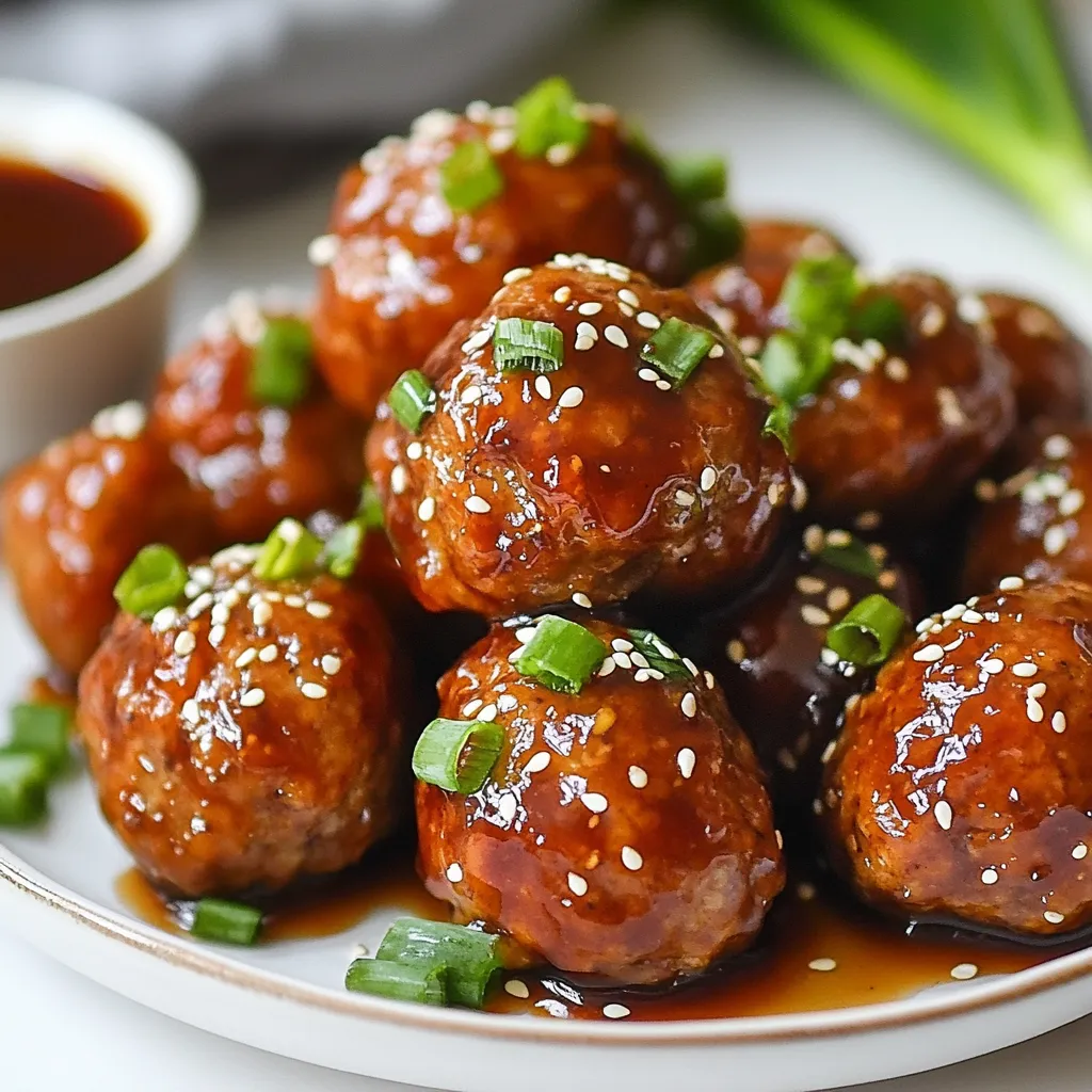 To make sticky teriyaki meatballs, you will need the following main ingredients: - 1 lb ground chicken - ½ cup breadcrumbs - ¼ cup green onions, finely chopped - 1 clove garlic, minced - 1 teaspoon fresh ginger, grated - 1 large egg - ¼ cup low-sodium soy sauce - 2 tablespoon honey - 2 tablespoon rice vinegar - 1 tablespoon sesame oil - 1 tablespoon cornstarch mixed with 2 tablespoon water These ingredients come together for a tasty and sticky treat. The ground chicken keeps the meatballs moist, while the breadcrumbs help bind them. The fresh ginger and garlic add a nice kick. For extra flavor and a pretty touch, you can add these garnishes: - Additional chopped green onions - Sesame seeds These garnishes make your dish look vibrant. They also add a bit of crunch. You can sprinkle them just before serving for the best effect. Choosing the right soy sauce is key for flavor. I recommend using low-sodium soy sauce. It gives you the umami taste without too much salt. Other good options include: - Tamari sauce for a gluten-free choice - Shoyu for a sweeter flavor These sauces can enhance your teriyaki meatballs. They create a rich and savory sauce that blends perfectly with the meatballs. {{ingredient_image_2}} First, preheat your oven to 400°F (200°C). This step gets the oven ready for your meatballs. Line a baking sheet with parchment paper. This makes cleanup easy and helps the meatballs brown nicely. In a large bowl, combine the ground chicken, breadcrumbs, and finely chopped green onions. Add the minced garlic and grated ginger next. Crack in the egg and pour in 1 tablespoon of soy sauce. Mix all these ingredients well. Use your hands or a spoon to blend everything until it is fully combined. Now, take small portions of the mixture and roll them into 1-inch balls. Place each ball on the prepared baking sheet. Make sure to space them evenly. Bake the meatballs for 20 to 25 minutes. Flip them halfway through to brown all sides. They should turn a nice golden color when done. While the meatballs bake, you can make the teriyaki sauce. Grab a saucepan and add the remaining soy sauce, honey, rice vinegar, and sesame oil. Heat this mixture over medium heat. Stir gently until the honey dissolves and the sauce becomes warm and fragrant. Once the meatballs finish baking, transfer them to a large mixing bowl. Pour the warm teriyaki sauce over them. Gently toss the meatballs to coat them in the sticky sauce. Make sure each meatball gets a good amount of sauce for great flavor. To make meatballs tender, use a mix of ground chicken and breadcrumbs. The breadcrumbs add moisture as they cook. You can also add a bit of milk or broth to the mix for extra softness. Don’t overmix your meatball mix. Mixing too much makes them tough. Just blend until combined, and then stop. The sauce should be thick but pourable. Start with low heat to combine the soy sauce, honey, and other ingredients. Gradually add the cornstarch-water mix. Keep stirring while it thickens. If it gets too thick, add a splash of water. If it’s too thin, let it simmer longer. This will help enhance the flavor, too! I prefer baking meatballs for several reasons. Baking is healthier and less messy. It allows for even cooking and browning. Frying can add extra oil, which isn’t needed here. Bake the meatballs until golden for the best flavor and texture. It’s also easier to manage, especially for a busy home cook. Pro Tips Use Fresh Ingredients: Fresh garlic and ginger will enhance the flavor of your meatballs significantly, giving them a vibrant taste. Don’t Overmix the Meatball Mixture: Overmixing can lead to tough meatballs. Mix just until combined for a tender texture. Experiment with Meat Variations: While ground chicken is great, you can also try ground turkey or pork for different flavors and textures. Adjust Sauce Thickness: If you prefer a thinner sauce, add less cornstarch or a splash of water to achieve your desired consistency. {{image_4}} You can swap ground chicken for other meats. Try ground turkey, beef, or pork. Each meat brings its own taste and texture. Ground turkey is leaner, while beef gives a richer flavor. For a fun twist, mix meats for a unique bite. Just keep the cooking time similar for best results. If you need gluten-free meatballs, use gluten-free breadcrumbs. You can also use oats instead of breadcrumbs. Be sure to choose a gluten-free soy sauce, like tamari. This keeps the taste while making it safe for those with gluten issues. Enjoy a tasty meal without worry! Adding veggies boosts flavor and nutrition. Finely chop carrots or bell peppers and mix them in. Zucchini can add moisture too. Aim for about ½ cup of veggies for each batch. This makes the meatballs more colorful and healthy. Kids may not even notice the extra veggies! To store leftover meatballs, let them cool first. Place them in an airtight container. You can keep them in the fridge for up to three days. If you want to save them for longer, freezing is a great option. For reheating, you have a couple of choices. You can use the oven or the microwave. If using the oven, preheat it to 350°F (175°C). Place the meatballs on a baking sheet and heat for about 10-15 minutes. If using the microwave, place them on a microwave-safe plate. Heat for 1-2 minutes, checking often to avoid overcooking. If you want to freeze the meatballs, do this before adding the sauce. Place the cooled meatballs on a baking sheet and freeze until firm. Then, transfer them to a freezer bag. They can last up to three months. For the sauce, store it in a separate container. When ready to use, thaw both the meatballs and sauce in the fridge overnight before reheating them together. Yes, you can use pre-made meatballs. They save time and work well with teriyaki sauce. Just bake them as directed on the package. Then, coat them in the homemade teriyaki sauce. This adds a fresh flavor that pairs nicely with the meatballs. If you need a soy sauce substitute, you have options. You can use tamari for a gluten-free option. Coconut aminos is another great choice if you want a sweeter taste. Both options give a similar umami flavor. Leftover sticky teriyaki meatballs last about three to four days when stored properly. Keep them in an airtight container. Make sure they cool down before sealing. This helps maintain their taste and texture. Absolutely! You can prepare the meatballs ahead of time. Shape them and store them in the fridge, covered, for up to 24 hours. You can also freeze them for longer storage. Just cook them from frozen when you're ready to enjoy. You’ve learned how to craft tasty sticky teriyaki meatballs. We covered key ingredients, from the best soy sauce to garnishes. You now know the simple steps to make them and tips for extra flavor. Customizing with different meats or veggies offers fun twists. Storing and reheating leftovers is also easy. Cook these meatballs, share with friends, and enjoy. Happy cooking!
