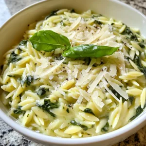 - 1 cup orzo pasta - 2 cups fresh spinach, coarsely chopped - 1 small onion, finely diced - 2 cloves garlic, minced - 2 cups vegetable broth - 1 cup heavy cream - 1 cup freshly grated Parmesan cheese To make creamy spinach parmesan orzo, you need these main ingredients. The orzo pasta gives the dish a nice texture. Fresh spinach adds color and nutrients. Onions and garlic bring out rich flavors. Vegetable broth keeps it light and tasty. Heavy cream gives it that creamy touch. Finally, Parmesan cheese adds a savory finish. - 2 tablespoons extra virgin olive oil - Salt and freshly cracked black pepper to taste - ½ teaspoon crushed red pepper flakes (optional, for a spicy kick) These seasonings and oils enhance the dish's flavor. Extra virgin olive oil helps sauté the vegetables. Salt and black pepper balance the taste. Crushed red pepper flakes can add some heat if you like spice. - Fresh basil leaves, torn, for garnish Fresh basil leaves make a great garnish. They add a pop of color and freshness. Just tear them over the dish before serving. This small touch makes the meal look beautiful and inviting. {{ingredient_image_2}} Start with a medium saucepan. Heat 2 tablespoons of extra virgin olive oil over medium heat. When the oil is hot, add 1 small finely diced onion. Sauté the onion until it becomes soft and translucent, about 3-4 minutes. Next, add 2 cloves of minced garlic. If you enjoy a bit of heat, add ½ teaspoon of crushed red pepper flakes. Cook for another 1-2 minutes. The garlic should smell great and turn golden. Now it’s time to add the orzo pasta. Measure 1 cup of orzo and add it to the saucepan. Stir the orzo well, letting it soak up the flavors. Toast the orzo for 1-2 minutes. This gives it a nice nutty flavor. Carefully pour in 2 cups of vegetable broth. Bring the mixture to a rolling boil. Once it boils, reduce the heat to low. Cover the pan and let it simmer for about 10-12 minutes. The orzo should be tender and most of the liquid absorbed. After the orzo is cooked, gently fold in 2 cups of coarsely chopped fresh spinach. Cook for another 2-3 minutes, allowing the spinach to wilt. This adds a vibrant color and flavor. Lower the heat again, then stir in 1 cup of heavy cream and 1 cup of freshly grated Parmesan cheese. Mix everything until the cheese melts completely and the sauce becomes creamy. Season with salt and freshly cracked black pepper to taste. Let it rest for 1-2 minutes. This helps the dish thicken and enhances the taste. - Make sure not to overcook the garlic. Cook it just until fragrant. - Stir the orzo frequently to prevent it from sticking to the pan. This keeps it creamy and smooth. - For an elegant touch, serve the creamy orzo in nice bowls. - Pair it with a crisp green salad or garlic bread to complement the dish. - You can add protein like grilled chicken or shrimp for a heartier meal. - Adjust the seasonings to your taste. Try adding more black pepper or some herbs for extra flavor. Pro Tips Use Fresh Spinach: Fresh spinach not only enhances the flavor but also adds vibrant color and nutrients to the dish. Avoid using frozen spinach as it may release excess moisture. Grate Your Own Parmesan: For the best flavor and texture, always use freshly grated Parmesan cheese instead of pre-packaged alternatives. It melts better and provides a richer taste. Adjust the Creaminess: If you prefer a lighter dish, you can reduce the amount of heavy cream or substitute it with half-and-half or a non-dairy alternative for a healthier option. Garnish for Flavor: Don't skip the fresh basil garnish! It adds a burst of flavor and a lovely aroma that complements the creamy orzo beautifully. {{image_4}} You can switch up the greens in this dish. Kale or Swiss chard works great. If you want a crunch, add peas or zucchini. For cheese, you can try mozzarella or feta. These choices add different flavors and textures. Experiment to find what you love best. To make this dish vegan, use coconut cream instead of heavy cream. You can also skip the cheese or use a plant-based option. If you need gluten-free options, use brown rice or gluten-free orzo. They cook well and taste delicious in this recipe. Herbs can add depth to your dish. Basil, thyme, or oregano will enhance the taste. For a kick, try adding garlic powder or smoked paprika. Mix in proteins like grilled chicken or shrimp for a heartier meal. This adds protein and makes it more filling. Enjoy creating your own flavors! To store leftover creamy spinach Parmesan orzo, first let it cool. Place it in an airtight container. This keeps the flavors fresh and prevents drying. Store it in the fridge for up to three days. Reheat it on the stove or in the microwave. Add a splash of broth or cream if it seems dry. You can freeze creamy spinach Parmesan orzo for longer storage. Use a freezer-safe container or bag. Make sure to leave some space, as the orzo will expand when frozen. It can last in the freezer for about two months. To reheat, thaw overnight in the fridge. Heat gently on the stove, adding broth or cream as needed. For the best taste, eat the creamy spinach Parmesan orzo within three days if refrigerated. If frozen, try to enjoy it within two months. After that, it might lose flavor and texture. You can replace heavy cream with milk or a plant-based milk. Use full-fat coconut milk for a rich flavor. Another option is to use a mix of sour cream and milk. This keeps the dish creamy without heavy cream. Yes, you can use frozen spinach. It will save you time and work. However, frozen spinach has more water. This can change the texture, making it slightly mushy. To fix this, thaw and drain the spinach before adding it to the orzo. No, traditional orzo pasta is not gluten-free. It is made from wheat. However, many brands offer gluten-free orzo made from rice or corn. These options work well if you need to avoid gluten. Look for them at your local grocery store. This blog covers how to make creamy spinach Parmesan orzo, highlighting key ingredients, steps, and tips. You learned about the main ingredients like orzo, spinach, and Parmesan. It also offered helpful cooking tips, serving ideas, and variations. In closing, this dish is versatile and easy to customize. You can adjust flavors and ingredients to match your taste. Enjoy exploring different combinations, and savor each bite of your creamy orzo. Embrace creativity as you cook!