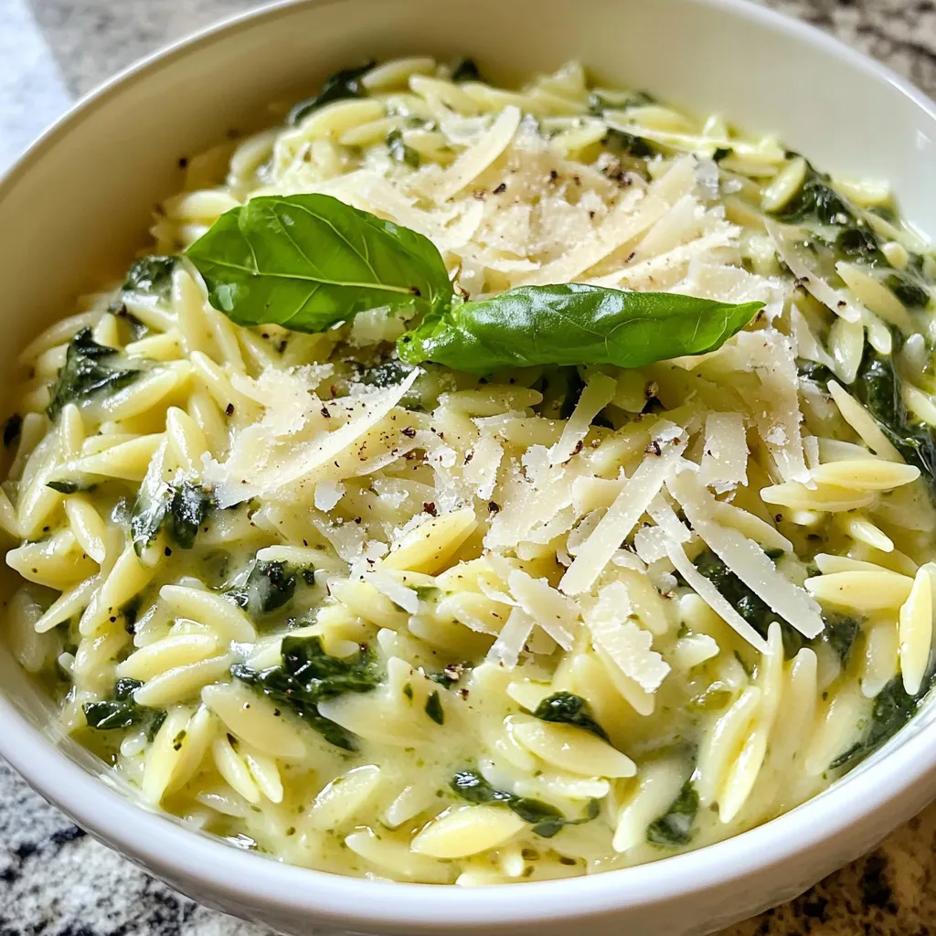 - 1 cup orzo pasta - 2 cups fresh spinach, coarsely chopped - 1 small onion, finely diced - 2 cloves garlic, minced - 2 cups vegetable broth - 1 cup heavy cream - 1 cup freshly grated Parmesan cheese To make creamy spinach parmesan orzo, you need these main ingredients. The orzo pasta gives the dish a nice texture. Fresh spinach adds color and nutrients. Onions and garlic bring out rich flavors. Vegetable broth keeps it light and tasty. Heavy cream gives it that creamy touch. Finally, Parmesan cheese adds a savory finish. - 2 tablespoons extra virgin olive oil - Salt and freshly cracked black pepper to taste - ½ teaspoon crushed red pepper flakes (optional, for a spicy kick) These seasonings and oils enhance the dish's flavor. Extra virgin olive oil helps sauté the vegetables. Salt and black pepper balance the taste. Crushed red pepper flakes can add some heat if you like spice. - Fresh basil leaves, torn, for garnish Fresh basil leaves make a great garnish. They add a pop of color and freshness. Just tear them over the dish before serving. This small touch makes the meal look beautiful and inviting. {{ingredient_image_2}} Start with a medium saucepan. Heat 2 tablespoons of extra virgin olive oil over medium heat. When the oil is hot, add 1 small finely diced onion. Sauté the onion until it becomes soft and translucent, about 3-4 minutes. Next, add 2 cloves of minced garlic. If you enjoy a bit of heat, add ½ teaspoon of crushed red pepper flakes. Cook for another 1-2 minutes. The garlic should smell great and turn golden. Now it’s time to add the orzo pasta. Measure 1 cup of orzo and add it to the saucepan. Stir the orzo well, letting it soak up the flavors. Toast the orzo for 1-2 minutes. This gives it a nice nutty flavor. Carefully pour in 2 cups of vegetable broth. Bring the mixture to a rolling boil. Once it boils, reduce the heat to low. Cover the pan and let it simmer for about 10-12 minutes. The orzo should be tender and most of the liquid absorbed. After the orzo is cooked, gently fold in 2 cups of coarsely chopped fresh spinach. Cook for another 2-3 minutes, allowing the spinach to wilt. This adds a vibrant color and flavor. Lower the heat again, then stir in 1 cup of heavy cream and 1 cup of freshly grated Parmesan cheese. Mix everything until the cheese melts completely and the sauce becomes creamy. Season with salt and freshly cracked black pepper to taste. Let it rest for 1-2 minutes. This helps the dish thicken and enhances the taste. - Make sure not to overcook the garlic. Cook it just until fragrant. - Stir the orzo frequently to prevent it from sticking to the pan. This keeps it creamy and smooth. - For an elegant touch, serve the creamy orzo in nice bowls. - Pair it with a crisp green salad or garlic bread to complement the dish. - You can add protein like grilled chicken or shrimp for a heartier meal. - Adjust the seasonings to your taste. Try adding more black pepper or some herbs for extra flavor. Pro Tips Use Fresh Spinach: Fresh spinach not only enhances the flavor but also adds vibrant color and nutrients to the dish. Avoid using frozen spinach as it may release excess moisture. Grate Your Own Parmesan: For the best flavor and texture, always use freshly grated Parmesan cheese instead of pre-packaged alternatives. It melts better and provides a richer taste. Adjust the Creaminess: If you prefer a lighter dish, you can reduce the amount of heavy cream or substitute it with half-and-half or a non-dairy alternative for a healthier option. Garnish for Flavor: Don't skip the fresh basil garnish! It adds a burst of flavor and a lovely aroma that complements the creamy orzo beautifully. {{image_4}} You can switch up the greens in this dish. Kale or Swiss chard works great. If you want a crunch, add peas or zucchini. For cheese, you can try mozzarella or feta. These choices add different flavors and textures. Experiment to find what you love best. To make this dish vegan, use coconut cream instead of heavy cream. You can also skip the cheese or use a plant-based option. If you need gluten-free options, use brown rice or gluten-free orzo. They cook well and taste delicious in this recipe. Herbs can add depth to your dish. Basil, thyme, or oregano will enhance the taste. For a kick, try adding garlic powder or smoked paprika. Mix in proteins like grilled chicken or shrimp for a heartier meal. This adds protein and makes it more filling. Enjoy creating your own flavors! To store leftover creamy spinach Parmesan orzo, first let it cool. Place it in an airtight container. This keeps the flavors fresh and prevents drying. Store it in the fridge for up to three days. Reheat it on the stove or in the microwave. Add a splash of broth or cream if it seems dry. You can freeze creamy spinach Parmesan orzo for longer storage. Use a freezer-safe container or bag. Make sure to leave some space, as the orzo will expand when frozen. It can last in the freezer for about two months. To reheat, thaw overnight in the fridge. Heat gently on the stove, adding broth or cream as needed. For the best taste, eat the creamy spinach Parmesan orzo within three days if refrigerated. If frozen, try to enjoy it within two months. After that, it might lose flavor and texture. You can replace heavy cream with milk or a plant-based milk. Use full-fat coconut milk for a rich flavor. Another option is to use a mix of sour cream and milk. This keeps the dish creamy without heavy cream. Yes, you can use frozen spinach. It will save you time and work. However, frozen spinach has more water. This can change the texture, making it slightly mushy. To fix this, thaw and drain the spinach before adding it to the orzo. No, traditional orzo pasta is not gluten-free. It is made from wheat. However, many brands offer gluten-free orzo made from rice or corn. These options work well if you need to avoid gluten. Look for them at your local grocery store. This blog covers how to make creamy spinach Parmesan orzo, highlighting key ingredients, steps, and tips. You learned about the main ingredients like orzo, spinach, and Parmesan. It also offered helpful cooking tips, serving ideas, and variations. In closing, this dish is versatile and easy to customize. You can adjust flavors and ingredients to match your taste. Enjoy exploring different combinations, and savor each bite of your creamy orzo. Embrace creativity as you cook!